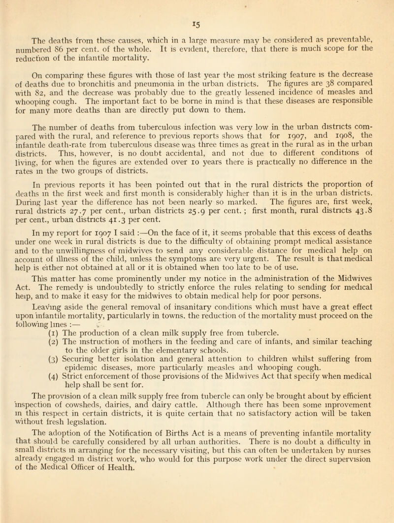 The deaths from these causes, which in a large measure may be considered as preventable, numbered 86 per cent, of the whole. It is evident, therefore, that there is much scope for the reduction of the infantile mortality. On comparing these figures with those of last year the most striking feature is the decrease of deaths due to bronchitis and pneumonia in the urban districts. The figures are 38 compared with 82, and the decrease was probably due to the greatly lessened incidence of measles and whooping cough. The important fact to be borne in mind is that these diseases are responsible for many more deaths than are directly put down to them. The number of deaths from tuberculous infection was very low in the urban districts com¬ pared with the rural, and reference to previous reports shows that for 1907, and igo8, the infantile death-rate from tuberculous disease was three times as great in the rural as in the urban districts. This, however, is no doubt accidental, and not due to different conditions of living, for when the figures are extended over 10 years there is practically no difference in the rates in the two groups of districts. In previous reports it has been pointed out that in the rural districts the proportion of deaths in the first week and first month is considerably higher than it is in the urban districts. During last year the difference has not been nearly so marked. The figures are, first week, rural districts 27.7 per cent., urban districts 25.9 per cent. ; first month, rural districts 43.8 per cent., urban districts 41.3 per cent. In my report for 1907 I said :—On the face of it, it seems probable that this excess of deaths under one week in rural districts is due to the difficulty of obtaining prompt medical assistance and to the unwillingness of midwives to send any considerable distance for medical help on account of illness of the child, unless the symptoms are very urgent. The result is that medical help is either not obtained at all or it is obtained when too late to be of use. This matter has come prominently under my notice in the administration of the Midwives Act. The remedy is undoubtedly to strictly enforce the rules relating to sending for medical heip, and to make it easy for the midwives to obtain medical help for poor persons. Leaving aside the general removal of insanitary conditions which must have a great effect upon infantile mortality, particularly in towns, the reduction of the mortality must proceed on the following lines ;— (1) The production of a clean milk supply free from tubercle. (2) The instruction of mothers in the feeding and care of infants, and similar teaching to the older girls in the elementary schools. (3) Securing better isolation and general attention to children whilst suffering from epidemic diseases, more particularly measles and whooping cough. (4) Strict enforcement of those provisions of the Midwives Act that specify when medical help shall be sent for. The provision of a clean milk supply free from tubercle can only be brought about by efficient inspection of cowsheds, dairies, and dairy cattle. Although there has been some mprovement m this respect in certain districts, it is quite certain that no satisfactory action will be taken without fresh legislation. The adoption of the Notification of Births Act is a means of preventing infantile mortality that should be carefully considered by all urban authorities. There is no doubt a difficulty in small districts m arranging for the necessary visiting, but this can often be undertaken by nurses already engaged m district work, who would for this purpose work under the direct supervision of the Medical Officer of Health.