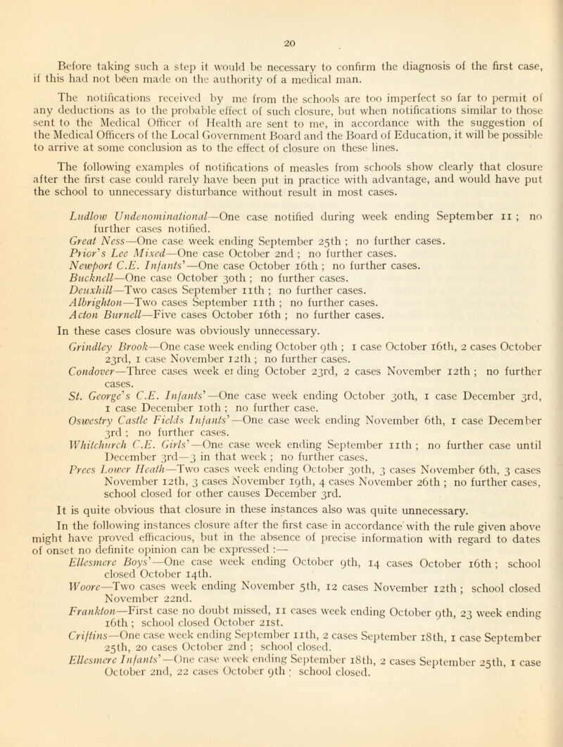Before taking such a stej) it would be necessary to confirm the diagnosis of the first case, if this had not been made on the authority of a medical man. The notifications received b}/ me from the schools are too imperfect so far to permit of any deductions as to the probable effect of such closure, but when notifications similar to those sent to the Medical Officer of Health are sent to me, in accordance with the suggestion of the Medical Officers of the Local Government Board and the Board of Education, it will be possible to arrive at some conclusion as to the effect of closure on these lines. The following examples of notifications of measles from schools show clearly that closure after the first case could rarely have been put in practice with advantage, and would have put the school to unnecessary disturbance without result in most cases. Ludlow Undcnoininational—One case notified during week ending September ii ; no further cases notified. Great Ness—One case week ending September 25th ; no further cases. Pticr'’s Lee Mixed—One case October 2nd ; no further cases. Newport C.E. Infants'—One case October i6th ; no further cases. Biicknell—One case October 30th ; no further cases. Deiixhill—Two cases September nth ; no further cases. Albrighton—Two cases September nth ; no further cases. Acton Burnell—Five cases October i6th ; no further cases. In these cases closure was obviously unnecessary. Grindlcy Brook—One case week ending October 9th ; i case October i6th, 2 cases October 23rd, I case November T2th ; no further cases. Condover—Three cases week ei ding October 23rd, 2 cases November 12th ; no further cases. St. George's C.E. Infants'—One case week ending October 30th, i case December 3rd, I case December loth ; no further case. Oswestry Castle Fields Infants'—One case week ending November 6th, i case December 3rd ; no further cases. Whitchurch C.E. Girls'—One case week ending September nth ; no further case until December 3rd—3 in that week ; no further cases. Frees Lower Heath—Two cases week ending October 30th, 3 cases November 6th, 3 cases November 12th, 3 cases November 19th, 4 cases November 26th ; no further cases, school closed for other causes December 3rd. It is quite obvious that closure in these instances also was quite unnecessary. In the following instances closure after the first case in accordance with the rule given above might have proved efficacious, but in the absence of jn-ecise information with regard to dates of onset no definite opinion can be expressed ; — Ellesmere Boys’—One case week ending October 9th, 14 cases October i6th ; school closed October 14th. lFoo;r—Two cases week ending November 5th, 12 cases November 12th ; school closed November 22nd. Frankion—Eixst case no doubt missed, ii cases week ending October 9th, 23 week ending i6th ; school closed October 21st. Criftins—One case week ending September nth, 2 cases Sei)tember i8th, i case September 25th, 20 cases October 2nd ; school closed. Ellesmere Infants'—One case week eiuling September i8th, 2 cases Sei)tember 25th, i case October 2ml, 22 ciises October 9th ; school closed.