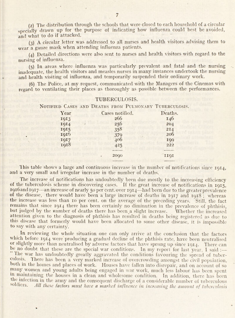 (2) The distribution through the schools that were closed to each household of a circular specially drawn up for the purpose of indicating how influenza could best be avoided, and what to do if attacked. (3) A circular letter was addressed to all nurses and health visitors advising them to wear a gauze mask when attending influenza patients. (4) Detailed directions were also sent to nurses and health visitors with regard to the nursing of influenza. (5) In areas where influenza was particularly prevalent and fatal and the nursing inadequate, the health visitors and measles nurses in many instances undertook the nursing and health visiting of influenza, and temporarily suspended their ordinary work. (6) The Police, at my request, communicated with the Managers of the Cinemas with regard to ventilating their places as thoroughly as possible between the performances. TUBERCULOSIS. Notified Cases and Deaths from Pulmonary Tuberculosis. Year Cases notified. Deaths. i9J3 266 146 I9I4 256 204 i9T5 358 214 1916 379 206 I9I7 406 199 1918 425 222 . 2090 II9I 'Ihis table shows a large and continuous increase in the number of notifications since 1914, and a very small and irregular increase in the number of deaths. The increase of notifications has undoubtedly been due mostly to the increasing efficiency of the tuberculosis scheme in discovering cases. If the great increase of notifications in 1915, I9i6andi9i7—an increase of nearly 50 per cent, over 1914—had been due to the greater prevalence of the disease, there would have been a large increase of deaths in 1917 and 1918 ; whereas the increase was less than 10 per cent, on the average of the preceding years. Still, the fact remains that since 1914 there has been certainly no diminution in the prevalence of phthisis, but judged by the number of deaths there has been .a slight increase. Whether the increased attention given to the diagnosis of phthisis has resulted in deaths being registered as due to this disease that formerly would have been allocated to some other disease, it is impossible to say with any certainty. In reviewing the whole situation one can only arrive at the conclusion that the factors which before 1914 were producing a gradual decline of the phthisis rate, have been neutralised or slightly more than neutralised by adverse factors that have sprung up since 1914. There can be no doubt that these are the special war conditions. In my report for last year, I said :— Ihe war has undoubtedly greatly aggravated the conditions favouring the spread of tuber¬ culosis. '1 here has been a very marked increase of overcrowding amongst the civil population, both in the homes and places of work. Houses have fallen into disrepair, and on account of so many women and young adults being engaged in war work, much less labour has been spent m maintaining the houses in a clean and wholesome condition. In addition, there has been the infection in the army and the consequent discharge of a considerable number of tuberculous soldiers. All these factors must have a marked influence in increasing the amount of tuberculosis
