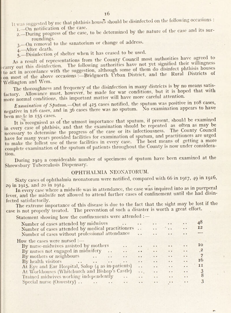 11 was suggested by me that phthisis houses should be disinfected on the following occasions : 2 _Zr>uring*pr ogress of the case, to be determined by the nature of the case and its sur¬ roundings. 3 _On removal to the sanatorium or change of address. , — After death. j_Disinfection of shelter when it has ceased to be used. <u a result of representations from the County Council most authorities have agreed to ,,„'V out thi' disinfection. The following authorities have not yet signified their yv.ll,ngn«s to act in accordance with the suggestion, although some of them do disinfect phthisis houses on most of the above occasions'-Bridgnorth Urban District, and the Rural Districts of Wellington and Wem. The thoroughness and frequency of the disinfection in many districts is by no means satis¬ factory. Allowance must, however, be made for war conditions, but it is hoped that \ h more normal conditions, this important matter will have more careful attention. Examination of Sputum.— Out of 425 cases notified, the sputum was positive in 108 cases, negative in 126 cases, and in 36 cases there was no sputum. No examination appears to have been male in 155 cases. It isVecognised as of the utmost importance that sputum, if present, should be examined in every case of phthisis, and that the examination should be repeated as often as may be necessary to determine the progress, of* the case or its infectiousness. The County Council have for many years provided facilities for examination of sputum, and practitioners are urged to make the fullest use of these facilities in every case. The best means of getting a more to maxe me nmebi use ui ... - - --- . ., complete examination of the sputum of patients throughout the County is now under considera¬ tion. During 1919 a considerable number of specimens of sputum have been examined at the Shrewsbury Tuberculosis Dispensary. OPHTHALMIA NEONATORUM. Sixty cases of ophthalmia neonatorum were notified, compared with 66 in 1917, 49 in 1916, 29 in IQ15, and 20 in 1914. - . . , . . , In every case where a midwife was in attendance, the case was inquired into as in puerpera fever, and the midwife not allowed to attend further cases of confinement until she had disin¬ fected satisfactorily. . , The extreme importance of this disease is due to the fact that the sight may be lost if the case is not properly treated. The prevention of such a disaster is worth a great effort. Statement showing how the confinements were attended :— Number of cases attended bv midwives .. .. .. • • • • 4^ Number of cases attended by medical practitioners .. .. • .. • • 12 Number of cases without professional attendance How the cases were nursed :— By nurse-midwives assisted by mothers By nurses not engaged in midwifery By mothers or neighbours By health visitors .. .. •. At Eye and Ear Hospital, Salop (4 as in-patients) At Workhouses (Whitchurch and Bishop’s Castle) Trained midwives working independently Special nurse (Oswestry) 10 .2 7 16 11 3 8 3