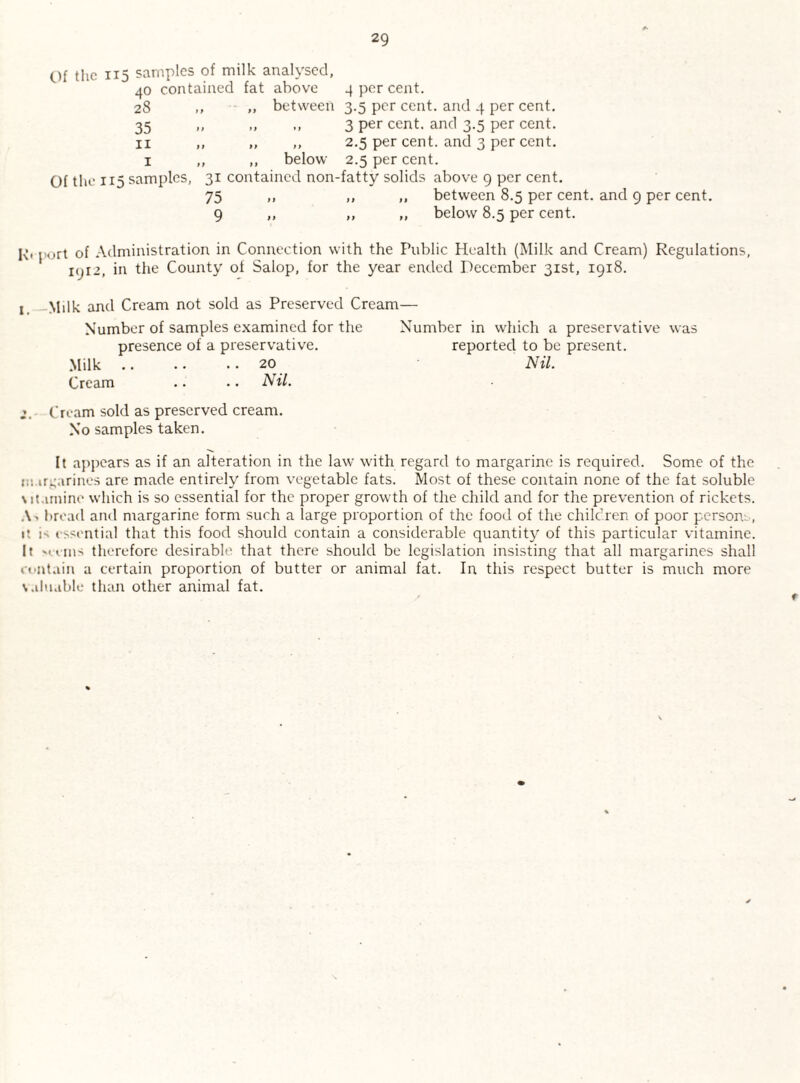 Of the 115 samples of milk analysed, 40 contained fat above 4 per cent. 28 ,, „ between 3.5 per cent, and 4 per cent. 35 „ „ ,, 3 per cent, and 3.5 per cent. 11 ,, „ ,, 2.5 per cent, and 3 per cent. 1 „ „ below 2.5 per cent. Of the 115 samples, 31 contained non-fatty solids above 9 per cent. 75 ,, „ ,, between 8.5 per cent, and 9 per cent. 9 „ ,, „ below 8.5 per cent. K- port of Administration in Connection with the Public Health (Milk and Cream) Regulations, 1912, in the County of Salop, for the year ended December 31st, 1918. j and Cream not sold as Preserved Cream— Number of samples examined for the Number in which a preservative was presence of a preservative. reported to be present. Milk.20 Nil. Cream .. .. Nil. Cream sold as preserved cream. No samples taken. It appears as if an alteration in the law with regard to margarine is required. Some of the margarines are made entirely from vegetable fats. Most of these contain none of the fat soluble \it.inline which is so essential for the proper growth of the child and for the prevention of rickets. bread and margarine form such a large proportion of the food of the children of poor persons, it is essential that this food should contain a considerable quantity of this particular vitamine. It Minis therefore desirable that there should be legislation insisting that all margarines shall contain a certain proportion of butter or animal fat. In this respect butter is much more valuable than other animal fat.