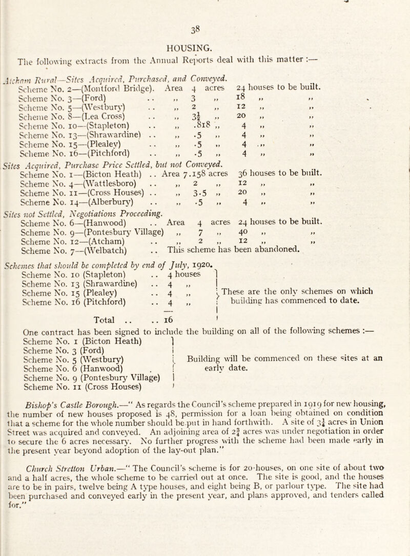 HOUSING. The following extracts from the Annual Rcj'orts deal with this matter yt y y f y y y 3 2 3i .SiS • 5 •5 •5 Aichnm Rural -Sites Acquired, Purchased, and Conveyed. Scheme No. 2—(Montfonl Bridge). Area 4 acres Scheme No. 3—(Ford) Scheme No. 5—(Westbury) Scheme No. S—(Lea Cross) Scheme No. 10—(Stapleton) Scheme No. 13—(Shrawardine) .. Scheme No. 15—(Plealey) Scheme No. 16—(Pitchford) Sites Acquired, Purchase Price Settled, but not Conveyed. Scheme No. i—(Bicton Heath) .. Area 7.158 acres Scheme No. 4—(Wattlesboro) .. ,, Scheme No. 11—(Cross Houses) .. Scheme No. 14—(Alberbur}^) Sites not Settled, Negotiations Proceeding. Scheme No. 6—(Hanwood) .. Area Scheme No. 9—(Pontesbury Village) Scheme No. 12—(Atcham) 2 3.5 24 houses to be built. 18 12 20 4 »> 4 >> 4 •»» 4 36 houses to be built. 12 20 4 »> »> 4 acres 24 houses to be built. 7 1 > 4^^ > > ” 2 12 ■■ ff Scheme No. 7—(Welbatch) This scheme has been abandoned. Schemes that should be completed by end of July, 1920. Scheme No. 10 (Stapleton) .. 4 houses 1 Scheme No. 13 (Shrawardine) .. 4 „ Scheme No. 15 (Plealey) .. 4 Scheme No. 16 (Pitchford) • • 4 i These are the only schemes on which 1 building has commenced to date. Total 16 One contract has been signed to include the building on all of the following schemes :— Scheme No. i (Bicton Heath) ) Scheme No. 3 (Ford) Scheme No. 5 (Westbury) Scheme No. 6 (Hanwood) Scheme No. 9 (Pontesbury' Village) Scheme No. ii (Cross Houses) Building will be commenced on the.se sites at an earlv date. Bishop’s Castle Borough.—” As regards the Council’s scheme prepared in 1919 for new housing, the number of new houses proposed is 48, permission for a loan being obtained on condition that a scheme for the whole number should be put in hand forthwith. A site of 3^ acres in Union Street was acquired and conveyed. An adjouiing area of 2^ acres was under negotiation in order to secure the 6 acres necessary. No further progress with the scheme had been made f'arly in the present year bej'ond adoption of the lay-out plan.” Church Stretton Urban.—” The Council’s scheme is for 20-houses, on oJie site of about tw'O and a half acres, the whole scheme to be carried out at once. The site is good, and the houses are to be in pairs, twelve being A type houses, and eight being B, or parlour type. The site had been purchased and conveyed early in the present year, and plans approved, and tenders called for.”