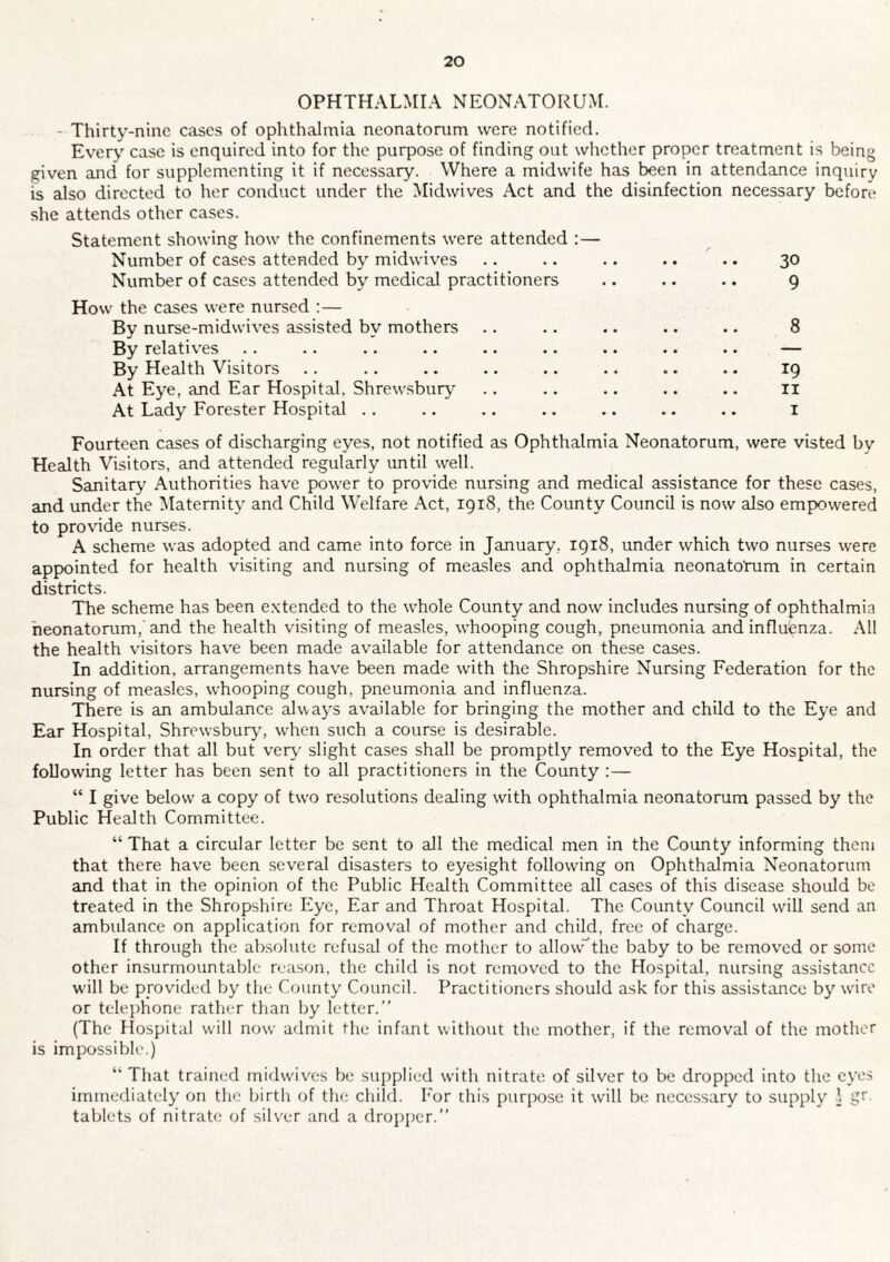 OPHTHALMIA NEONATORUM. - Thirty-nine cases of ophthalmia neonatorum were notified. Every case is enquired into for the purpose of finding out wliether proper treatment is being given and for supplementing it if necessary. Where a midwife has been in attendance inquiry is also directed to her conduct under the Midwives Act and the disinfection necessary before she attends other cases. Statement showing how the confinements were attended :— Number of cases attended by midwives Number of cases attended by medical practitioners How the cases were nursed :— By nurse-midwives assisted by mothers By relativ'es By Health Visitors At Eye, and Ear Hospital, Shrewsbury' At Lady Forester Hospital .. 30 9 8 19 II I Fourteen cases of discharging eyes, not notified as Ophthalmia Neonatorum, were visted by Health Visitors, and attended regularly until well. Sanitary Authorities have power to provide nursing and medical assistance for these cases, and under the Maternity and Child Welfare Act, 1918, the County Council is now also empowered to provide nurses. A scheme was adopted and came into force in January, 1918, under which two nurses were appointed for health visiting and nursing of measles and ophthalmia neonatotnm in certain districts. The scheme has been extended to the whole County and now includes nursing of ophthalmia neonatorum,'and the health visiting of measles, whooping cough, pneumonia and influenza. All the health visitors have been made available for attendance on these cases. In addition, arrangements have been made with the Shropshire Nursing Federation for the nursing of measles, whooping cough, pneumonia and influenza. There is an ambulance always available for bringing the mother and child to the Eye and Ear Hospital, Shrewsbury, when such a course is desirable. In order that all but very slight cases shall be promptly removed to the Eye Hospital, the following letter has been sent to all practitioners in the County :— “ I give below a copy of two resolutions dealing with ophthalmia neonatorum passed by the Public Health Committee. “ That a circular letter be sent to all the medical men in the County informing them that there have been several disasters to eyesight following on Ophthalmia Neonatorum and that in the opinion of the Public Health Committee all cases of this disease should be treated in the Shropshire Eye, Ear and Throat Hospital. The County Council will send an ambulance on application for removal of mother and child, free of charge. If through the absolute refusal of the mother to allow'the baby to be removed or some other insurmountable reason, the child is not removed to the Hospital, nursing assistance will be provided by the County Council. Practitioners should ask for this assistance by wire or telephone rather than by letter.” (The Hospital will now arlmit the infant without the mother, if the removal of the mother is impossible.) “ That trained midwives be supplied with nitrate of silver to be dropped into the eyes immediately on the birth of the cliikl. For this purpose it will be necessary to supply 1 gr. tablets of nitrate of silv'er and a dropper.”