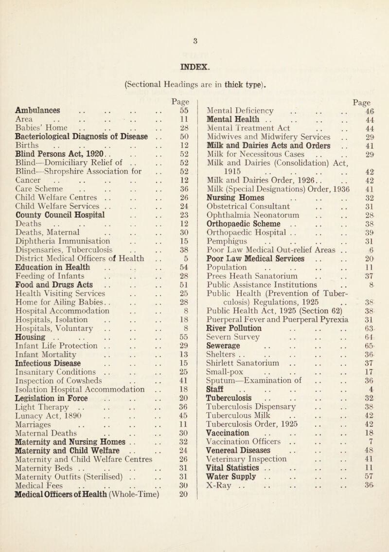 INDEX. (Sectional Headings Page Ambulances . 55 Area . . . . . . . . . . 11 Babies' Home . . . . . . . . 28 Bacteriological Diagnosis of Disease .. 50 Births . . . . . . . . . . 12 Blind Persons Act, 1920. 52 Blind—Domiciliary Relief of . . .. 52 Blind—Shropshire Association for . . 52 Cancer . . .. . . . . .. 12 Care Scheme . . . . . . . . 36 Child Welfare Centres . . . . . . 26 Child Welfare Services . . . . . . 24 County Council Hospital .. 23 Deaths . . . . . . . . . . 12 Deaths, Maternal . . . . . . 30 Diphtheria Immunisation . . . . 15 Dispensaries, Tuberculosis . . . . 38 District Medical Officers of Health . . 5 Education in Health .. 54 Feeding of Infants . . . . . . 28 Food and Drugs Acts. 51 Health Visiting Services . . . . 25 Home for Ailing Babies. . . . .. 28 Hospital Accommodation . . . . 8 Hospitals, Isolation . . . . . . 18 Hospitals, Voluntary . . . . . . 8 Housing .. .. .. .. .. 55 Infant Life Protection . . . . . . 29 Infant Mortality . . . . .. 13 Infectious Disease . 15 Insanitary Conditions . . . . . . 25 Inspection of Cowsheds . . .. 41 Isolation Hospital Accommodation .. 18 Legislation in Force .. .. .. 20 Light Therapy . . . . . . . . 36 Lunacy Act, 1890 . . . . . . 45 Marriages . . . . . . .. 11 Maternal Deaths . . . . . . 30 Maternity and Nursing Homes .. .. 32 Maternity and Child Welfare .. 24 Maternity and Child Welfare Centres 26 Maternity Beds . . . . . . . . 31 Maternity Outfits (Sterilised) . . . . 31 Medical Fees . 30 Medical Officers of Health (Whole-Time) 20 are in thick type). Page Mental Deficiency • • 46 Mental Health .. • • 44 Mental Treatment Act * • 44 Midwives and Midwifery Services • » 29 Milk and Dairies Acts and Orders * • 41 Milk for Necessitous Cases Milk and Dairies (Consolidation) Act, 29 1915 . • • 42 Milk and Dairies Order, 1926.. « « 42 Milk (Special Designations) Order, 1936 41 Nursing Homes • « 32 Obstetrical Consultant • • 31 Ophthalmia Neonatorum • • 28. Orthopaedic Scheme .. 38 Orthopaedic Hospital . . * • 39 Pemphigus • » 31 Poor Law Medical Out-relief Areas • • 6 Poor Law Medical Services « • 20 Population • • 11 Prees Heath Sanatorium • • 37 Public Assistance Institutions Public Health (Prevention of Tuber- 8 culosis) Regulations, 1925 • • 38'. Public Health Act, 1925 (Section 62) 38. Puerperal Fever and Puerperal Pyrexia 31 River Pollution 63. Severn Survey 6L Sewerage 65’ Shelters . . 36. Shirlett Sanatorium 37 Small-pox 17 Sputum—Examination of 36 Staff 4 Tuberculosis. 32 Tuberculosis Dispensary 38 Tuberculous Milk 42 Tuberculosis Order, 1925 42 Vaccination 18 Vaccination Officers .. 7 Venereal Diseases 48 Veterinary Inspection 41 Vital Statistics. 11 Water Supply. 57 X-Ray .. 36