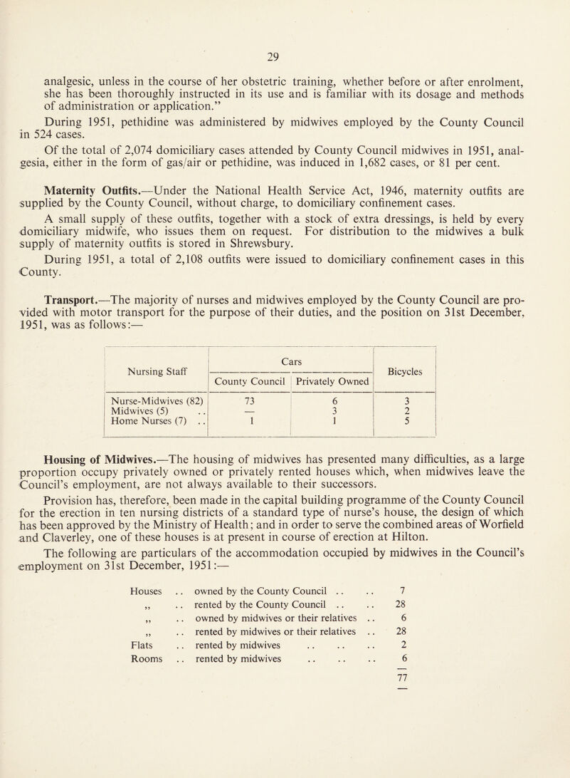 analgesic, unless in the course of her obstetric training, whether before or after enrolment, she has been thoroughly instructed in its use and is familiar with its dosage and methods of administration or application.” During 1951, pethidine was administered by midwives employed by the County Council in 524 cases. Of the total of 2,074 domiciliary cases attended by County Council midwives in 1951, anal¬ gesia, either in the form of gas/air or pethidine, was induced in 1,682 cases, or 81 per cent. Maternity Outfits.—Under the National Health Service Act, 1946, maternity outfits are supplied by the County Council, without charge, to domiciliary confinement cases. A small supply of these outfits, together with a stock of extra dressings, is held by every domiciliary midwife, who issues them on request. For distribution to the mid wives a bulk supply of maternity outfits is stored in Shrewsbury. During 1951, a total of 2,108 outfits were issued to domiciliary confinement cases in this County. Transport.—The majority of nurses and midwives employed by the County Council are pro¬ vided with motor transport for the purpose of their duties, and the position on 31st December, 1951, was as follows:— Nursing Staff Cars 1 Bicycles County Council Privately Owned 1 Nurse-Midwives (82) 73 6 3 Midwives (5) — 3 2 Home Nurses (7) .. 1 1 5 ! Housing of Midwives.—The housing of mid wives has presented many difficulties, as a large proportion occupy privately owned or privately rented houses which, when midwives leave the Council’s employment, are not always available to their successors. Provision has, therefore, been made in the capital building programme of the County Council for the erection in ten nursing districts of a standard type of nurse’s house, the design of which has been approved by the Ministry of Health; and in order to serve the combined areas of Worfield and Claverley, one of these houses is at present in course of erection at Hilton. The following are particulars of the accommodation occupied by midwives in the Council’s employment on 31st December, 1951:— Houses .. owned by the County Council .. 7 .. rented by the County Council .. 28 9? owned by midwives or their relatives .. 6 99 .. rented by midwives or their relatives .. 28 Flats .. rented by midwives 2 Rooms .. rented by midwives 6 77