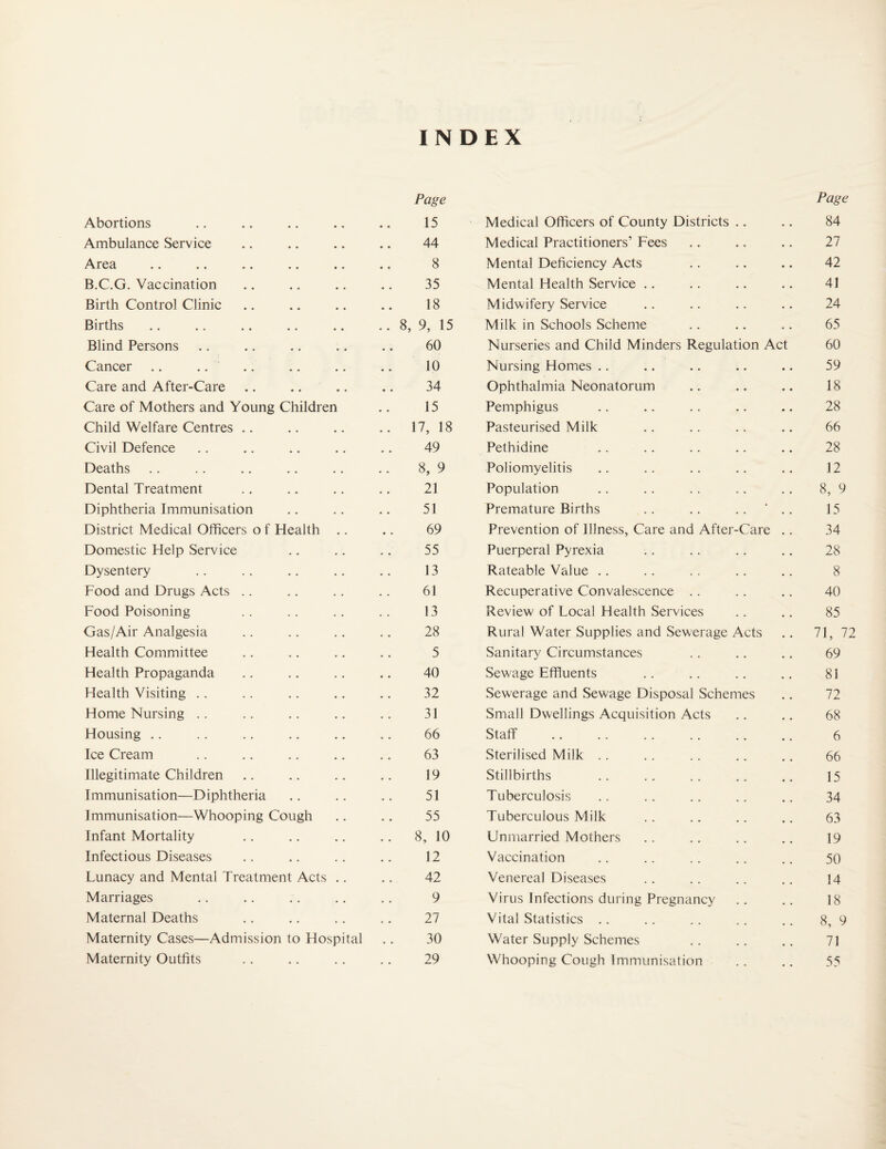 INDEX Page Page Abortions • • • « 15 Medical Officers of County Districts .. 84 Ambulance Service * • • ♦ 44 Medical Practitioners’ Fees 27 Area • * • ♦ 8 Mental Deficiency Acts 42 B.C.G. Vaccination « * • « 35 Mental Health Service .. 41 Birth Control Clinic • « • • 18 Midwifery Service 24 Births • • « • .. 8, 9, 15 Milk in Schools Scheme 65 Blind Persons • • • • 60 Nurseries and Child Minders Regulation Act 60 Cancer .. .. • • « • 10 Nursing Homes .. 59 Care and After-Care • « «> « 34 Ophthalmia Neonatorum 18 Care of Mothers and Young Children 15 Pemphigus 28 Child Welfare Centres .. • • • • .. 17, 18 Pasteurised Milk 66 Civil Defence • » * • 49 Pethidine 28 Deaths • • . • .. 8, 9 Poliomyelitis 12 Dental Treatment 21 Population 8, 9 Diphtheria Immunisation 51 Premature Births .. .. .. ' .. 15 District Medical Officers o f Health .. 69 Prevention of Illness, Care and After-Care .. 34 Domestic Help Service • • 55 Puerperal Pyrexia 28 Dysentery 13 Rateable Value .. 8 Food and Drugs Acts .. 61 Recuperative Convalescence .. 40 Food Poisoning 13 Review of Local Health Services 85 Gas/Air Analgesia 28 Rural Water Supplies and Sewerage Acts 71, 72 Health Committee • • 5 Sanitary Circumstances 69 Health Propaganda 40 Sewage Effluents 81 Health Visiting . . 32 Sewerage and Sewage Disposal Schemes 72 Home Nursing .. 31 Small Dwellings Acquisition Acts 68 Housing .. . . 66 Staff 6 Ice Cream 63 Sterilised Milk . . 66 Illegitimate Children • • 19 Stillbirths 15 I mmunisation—D iphtheria 51 Tuberculosis 34 Immunisation—Whooping Cough 55 Tuberculous Milk 63 Infant Mortality • • .. 8, 10 Unmarried Mothers 19 Infectious Diseases 12 Vaccination 50 Lunacy and Mental Treatment Acts .. 42 Venereal Diseases 14 Marriages 9 Virus Infections during Pregnancy 18 Maternal Deaths 27 Vital Statistics . . 8, 9 Maternity Cases—Admission to Hospital 30 Water Supply Schemes 71 Maternity Outfits 29 Whooping Cough Immunisation 55