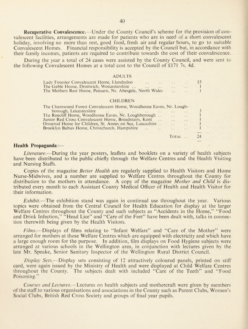 Recuperative Convalescence.—^Under the County Council’s scheme for the provision of con¬ valescent facilities, arrangements are made for patients who are in need of a short convalescent holiday, involving no more than rest, good food, fresh air and regular hours, to go to suitable Convalescent Homes. Financial responsibility is accepted by the Council but, in accordance with their family incomes, patients are required to contribute towards the cost of their convalescence. During the year a total of 24 cases were assisted by the County Council, and were sent to the following Convalescent Homes at a total cost to the Council of £171 7s. 4d. ADULIS Lady Forester Convalescent Flome, Llandudno .. .. .. .. 15 The Gable House, Droitwich, Worcestershire .. .. .. .. .. 1 The Mothers Rest Home, Pensarn, Nr. Abergele, North Wales .. .. 1 CHILDREN The Charnwood Forest Convalescent Home, Woodhouse Eaves, Nr. Lough¬ borough, Leicestershire .. .. .. . . .. .. .. 3 The Roecliff Home, Woodhouse Eaves, Nr. Loughborough .. .. .. 1 Junior Red Cross Convalescent Home, Broadstairs, Kent . . .. ,. 1 Ormerod Home for Children, St. Annes on Sea, Lancashire .. .. .. 1 Brooklyn Babies Home, Christchurch, Hampshire .. . . .. .. 1 Total .. 24 Health Propaganda:— Literature.—During the year posters, leaflets and booklets on a variety of health subjects have been distributed to the public chiefly through the Welfare Centres and the Health Visiting and Nursing Staff's. Copies of the magazine Better Health are regularly supplied to Health Visitors and Home Nurse-Midwives, and a number are supplied to Welfare Centres throughout the County for distribution to the mothers in attendance. A copy of the magazine Mother and Child is dis¬ tributed every month to each Assistant County Medical Officer of Health and Health Visitor for their information. Exhibit.—The exhibition stand was again in continual use throughout the year. Various topics were obtained from the Central Council for Health Education for display at the larger Welfare Centres throughout the County and such subjects as “Accidents in the Home,” “Food and Drink Infection,” “Head Lice” and “Care of the Feet” have been dealt with, talks in connec¬ tion therewith being given by the Health Visitors. Films.—Displays of films relating to “Infant Welfare” and “Care of the Mother” were arranged for mothers at those Welfare Centres which are equipped with electricity and which have a large enough room for the purpose. In addition, film displays on Food Hygiene subjects were arranged at various schools in the Wellington area, in conjunction with lectures given by the late Mr. Speake, Senior Sanitary Inspector of the Wellington Rural District Council. Display Sets.—Display sets consisting of 12 attractively coloured panels, printed on stiff card, were again issued by the Ministry of Health and were displayed at Child Welfare Centres throughout the County. The subjects dealt with included “Care of the Teeth” and “Food Poisoning.” Courses and Lectures.—Lectures on health subjects and mothercraft were given by members of the staff to various organisations and associations in the County such as Parent Clubs, Women’s Social Clubs, British Red Cross Society and groups of final year pupils.