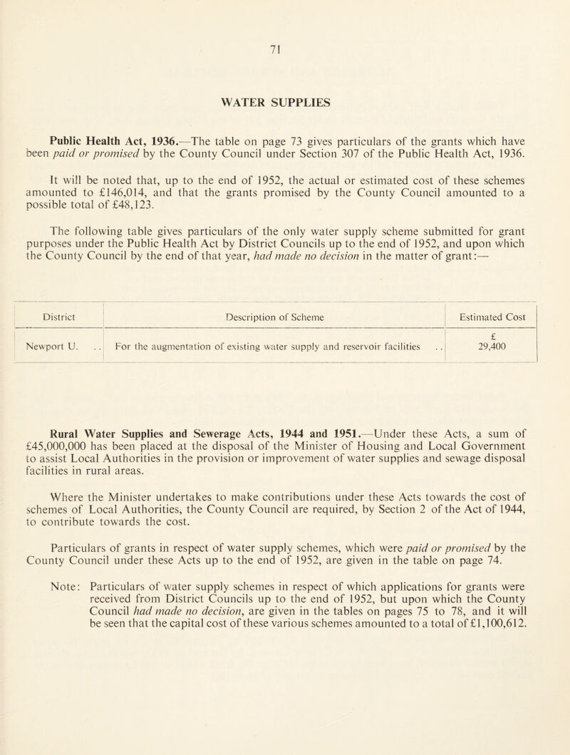 WATER SUPPLIES Public Health Act, 1936.—The table on page 73 gives particulars of the grants which have been paid or promised by the County Council under Section 307 of the Public Health Act, 1936. It will be noted that, up to the end of 1952, the actual or estimated cost of these schemes amounted to £146,014, and that the grants promised by the County Council amounted to a possible total of £48,123. The following table gives particulars of the only water supply scheme submitted for grant purposes under the Public Health Act by District Councils up to the end of 1952, and upon which the County Council by the end of that year, had made no decision in the matter of grant:— District Description of Scheme Estimated Cost Newport U. For the augmentation of existing water supply and reservoir facilities £ 29,400 Rural Water Supplies and Sewerage Acts, 1944 and 1951.—Under these Acts, a sum of £45,000,000 has been placed at the disposal of the Minister of Housing and Local Government to assist Local Authorities in the provision or improvement of water supplies and sewage disposal facilities in rural areas. Where the Minister undertakes to make contributions under these Acts towards the cost of schemes of Local Authorities, the County Council are required, by Section 2 of the Act of 1944, to contribute towards the cost. Particulars of grants in respect of water supply schemes, which were paid or promised by the County Council under these Acts up to the end of 1952, are given in the table on page 74. Note: Particulars of water supply schemes in respect of which applications for grants were received from District Councils up to the end of 1952, but upon which the County Council had made no decision^ are given in the tables on pages 75 to 78, and it will be seen that the capital cost of these various schemes amounted to a total of £1,100,612.