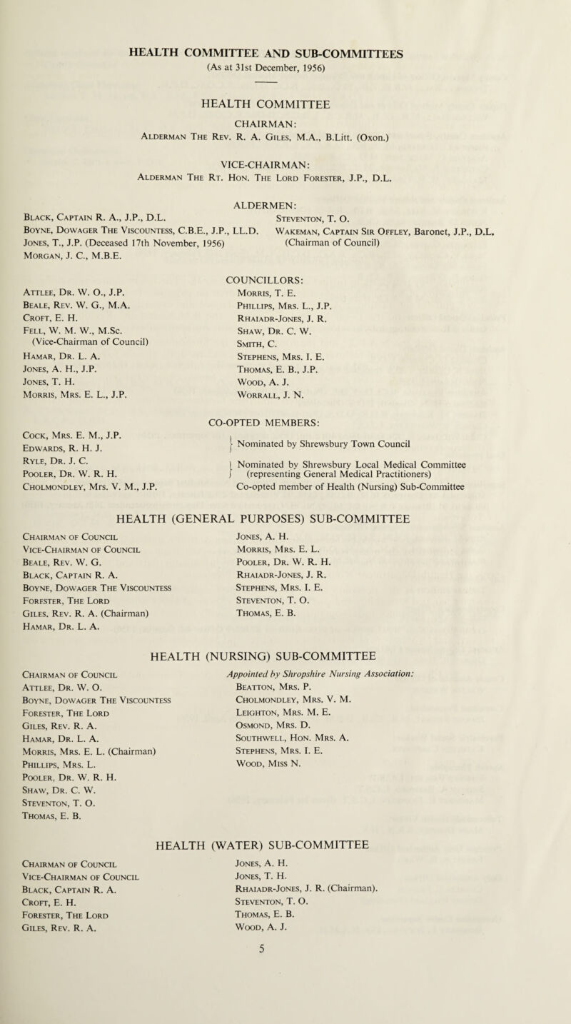 HEALTH COMMITTEE AND SUB COMMITTEES (As at 31st December, 1956) HEALTH COMMITTEE CHAIRMAN: Alderman The Rev. R. A. Giles, M.A., B.Litt. (Oxon.) VICE-CHAIRMAN: Alderman The Rt. Hon. The Lord Forester, J.P., D.L. ALDERMEN: Black, Captain R. A., J.P., D.L. Steventon, T. O. Boyne, Dowager The Viscountess, C.B.E., J.P., LL.D. Wakeman, Captain Sir Offley, Baronet, J.P., D.L. Jones, T., J.P. (Deceased 17th November, 1956) (Chairman of Council) COUNCILLORS: Morris, T. E. Phillips, Mrs. L., J.P. Rhaiadr-Jones, J. R. Shaw, Dr. C. W. Smith, C. Stephens, Mrs. I. E. Thomas, E. B., J.P. Wood, A. J. WORRALL, J. N. CO-OPTED MEMBERS: | Nominated by Shrewsbury Town Council I Nominated by Shrewsbury Local Medical Committee j (representing General Medical Practitioners) Co-opted member of Health (Nursing) Sub-Committee Morgan, J. C., M.B.E. Attlee, Dr. W. O., J.P. Beale, Rev. W. G., M.A. Croft, E. H. Fell, W. M. W„ M.Sc. (Vice-Chairman of Council) Hamar, Dr. L. A. Jones, A. H., J.P. Jones, T. H. Morris, Mrs. E. L., J.P. Cock, Mrs. E. M., J.P. Edwards, R. H. J. Ryle, Dr. J. C. Pooler, Dr. W. R. H. Cholmondley, Mrs. V. M., J.P. HEALTH (GENERAL PURPOSES) SUB-COMMITTEE Chairman of Council Vice-Chairman of Council Beale, Rev. W. G. Black, Captain R. A. Boyne, Dowager The Viscountess Forester, The Lord Giles, Rev. R. A. (Chairman) Hamar, Dr. L. A. Jones, A. H. Morris, Mrs. E. L. Pooler, Dr. W. R. H. Rhaiadr-Jones, J. R. Stephens, Mrs. I. E. Steventon, T. O. Thomas, E. B. HEALTH (NURSING) SUB-COMMITTEE Chairman of Council Attlee, Dr. W. O. Boyne, Dowager The Viscountess Forester, The Lord Giles, Rev. R. A. Hamar, Dr. L. A. Morris, Mrs. E. L. (Chairman) Phillips, Mrs. L. Pooler, Dr. W. R. H. Shaw, Dr. C. W. Steventon, T. O. Thomas, E. B. Appointed by Shropshire Nursing Association: Beatton, Mrs. P. Cholmondley, Mrs. V. M. Leighton, Mrs. M. E. Osmond, Mrs. D. Southwell, Hon. Mrs. A. Stephens, Mrs. I. E. Wood, Miss N. HEALTH Chairman of Council Vice-Chairman of Council Black, Captain R. A. Croft, E. H. Forester, The Lord Giles, Rev. R. A. (WATER) SUB-COMMITTEE Jones, A. H. Jones, T. H. Rhaiadr-Jones, J. R. (Chairman). Steventon, T. O. Thomas, E. B. Wood, A. J.
