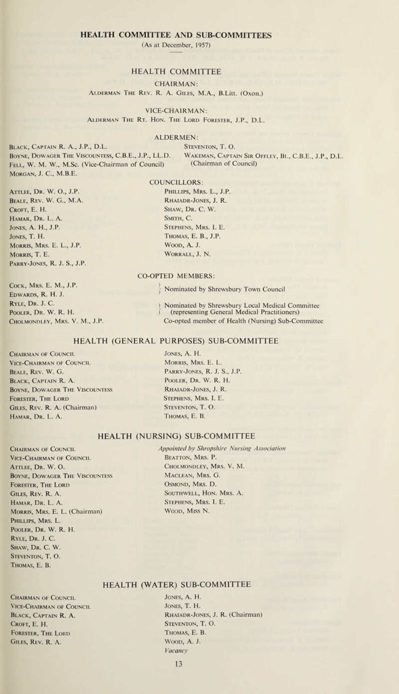 HEALTH COMMITTEE AND SUB-COMMITTEES (As at December, 1957) HEALTH COMMITTEE CHAIRMAN: Alderman The Rev. R. A. Giles, M.A., B.Litt. (Oxon.) VICE-CHAIRMAN: Alderman The Rt. Hon. The Lord Forester, J.P., D.L. ALDERMEN: Black, Captain R. A., J.P., D.L. Steventon, T. O. Boyne, Dowager The Viscountess, C.B.E., J.P., LL.D. Wakeman, Captain Sir Offley, Bt., C.B.E., J.P., D.L. Fell, W. M. W., M.Sc. (Vice-Chairman of Council) (Chairman of Council) COUNCILLORS: Phillips, Mrs. L., J.P. Rhaiadr-Jones, J. R. Shaw, Dr. C. W. Smith, C. Stephens, Mrs. I. E. Thomas, E. B., J.P. Wood, A. J. Worrall, J. N. CO-OPTED MEMBERS: | Nominated by Shrewsbury Town Council I Nominated by Shrewsbury Local Medical Committee J (representing General Medical Practitioners) Co-opted member of Health (Nursing) Sub-Committee Morgan, J. C., M.B.E. Attlee, Dr. W. O., J.P. Beale, Rev. W. G., M.A. Croft, E. H. Hamar, Dr. L. A. Jones, A. H., J.P. Jones, T. H. Morris, Mrs. E. L., J.P. Morris, T. E. Parry-Jones, R. J. S., J.P. Cock, Mrs. E. M., J.P. Edwards, R. H. J. Ryle, Dr. J. C. Pooler, Dr. W. R. H. Cholmondley, Mrs. V. M., J.P. HEALTH (GENERAL PURPOSES) SUB-COMMITTEE Chairman of Council Vice-Chairman of Council Beale, Rev. W. G. Black, Captain R. A. Boyne, Dowager The Viscountess Forester, The Lord Giles, Rev. R. A. (Chairman) Hamar, Dr. L. A. Jones, A. H. Morris, Mrs. E. L. Parry-Jones, R. J. S., J.P. Pooler, Dr. W. R. H. Rhaiadr-Jones, J. R. Stephens, Mrs. I. E. Steventon, T. O. Thomas, E. B. HEALTH (NURSING) SUB-COMMITTEE Chairman of Council Vice-Chairman of Council Attlee, Dr. W. O. Boyne, Dowager The Viscountess Forester, The Lord Giles, Rev. R. A. Hamar, Dr. L. A. Morris, Mrs. E. L. (Chairman) Phillips, Mrs. L. Pooler, Dr. W. R. H. Ryle, Dr. J. C. Shaw, Dr. C. W. Steventon, T. O. Thomas, E. B. Appointed by Shropshire Nursing Association Beatton, Mrs. P. Cholmondley, Mrs. V. M. Maclean, Mrs. G. Osmond, Mrs. D. Southwell, Hon. Mrs. A. Stephens, Mrs. I. E. Wood, Miss N. Chairman of Council Vice-Chairman of Council Black, Captain R. A. Croft, E. H. Forester, The Lord Giles, Rev. R. A. HEALTH (WATER) SUB-COMMITTEE Jones, A. H. Jones, T. H. Rhaiadr-Jones, J. R. (Chairman) Steventon, T. O. Thomas, E. B. Wood, A. J. Vacancy