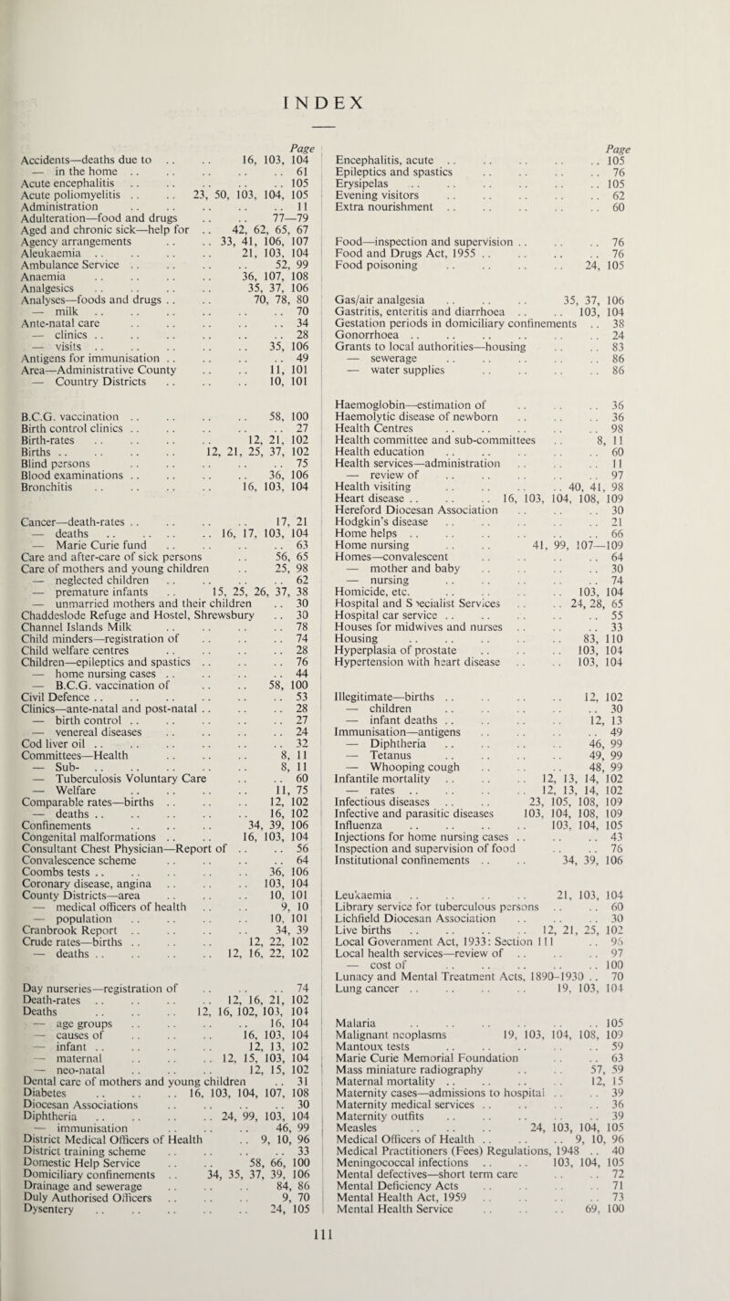 INDEX Page Page Accidents—deaths due to 16, 103, 104 Encephalitis, acute 105 — in the home .61 Epileptics and spastics 76 Acute encephalitis .105 Erysipelas 105 Acute poliomyelitis . . .. 23 50, 103, 104, 105 Evening visitors 62 Administration .11 Extra nourishment 60 Adulteration—food and drugs 77—79 Aged and chronic sick—help for . 42, 62, 65, 67 Agency arrangements . 33, 41, 106, 107 Food—inspection and supervision . 76 Aleukaemia 21, 103, 104 Food and Drugs Act, 1955 .. . . 76 Ambulance Service 52, 99 Food poisoning 24, 105 Anaemia 36, 107, 108 Analgesics 35, 37, 106 Analyses—foods and drugs .. 70, 78, 80 Gas/air analgesia 35, 37, 106 — milk .70 Gastritis, enteritis and diarrhoea . .. 103, 104 Ante-natal care .34 Gestation periods in domiciliary confinements 38 — clinics .. .28 Gonorrhoea .. 24 — visits 35, 106 Grants to local authorities—housing 83 Antigens for immunisation .. .49 — sewerage 86 Area—Administrative County 11, 101 — water supplies 86 — Country Districts 10, 101 Haemoglobin—estimation of 36 B.C.G. vaccination 58, 100 Haemolytic disease of newborn 36 Birth control clinics .27 Health Centres 98 Birth-rates. 12, 21, 102 Health committee and sub-committees ’ 8 11 Births 12, 21, 25, 37, 102 Health education 60 Blind persons .75 Health services—administration 11 Blood examinations 36, 106 — review of 97 Bronchitis 16, 103, 104 Health visiting !! 40, 41 98 Heart disease .. .. .. 16, 103, 104, 108, 109 Hereford Diocesan Association 30 Cancer—death-rates .. 17, 21 Hodgkin's disease 21 — deaths . 16, 17, 103, 104 Home helps 66 — Marie Curie fund .63 Home nursing ' 41, 99, 107— 109 Care and after-care of sick persons 56, 65 Homes—convalescent 64 Care of mothers and young childrer .. 25, 98 — mother and baby 30 — neglected children .62 — nursing 74 — premature infants 15, 25, 26, 37, 38 Homicide, etc. ' ! 103, 104 — unmarried mothers and their children .. 30 Hospital and S tecialist Services .. 24,28 65 Chaddeslode Refuge and Hostel, Shrewsbury .. 30 Hospital car service 55 Channel Islands Milk .78 Houses for midwives and nurses 33 Child minders—registration of .74 Housing 83, 110 Child welfare centres .28 Hyperplasia of prostate .. 103, 104 Children—epileptics and spastics . .76 Hypertension with heart disease . . 103, 104 — home nursing cases ,. .44 — B.C.G. vaccination of 58, 100 Civil Defence .53 Illegitimate—births .. .. 12, 102 Clinics—ante-natal and post-natal . .28 — children 30 — birth control .. .27 — infant deaths 12, 13 — venereal diseases .24 Immunisation—antigens 49 Cod liver oil .. .32 — Diphtheria 46, 99 Committees—Health 8, 11 — Tetanus 49, 99 — Sub- . 8, 11 — Whooping cough 48, 99 — Tuberculosis Voluntary Care .. 60 Infantile mortality . 12, 13, 14, 102 — Welfare 11, 75 — rates 12, 13, 14, 102 Comparable rates—births .. 12, 102 Infectious diseases 23, 105, 108, 109 — deaths 16, 102 Infective and parasitic diseases 103, 104, 108, 109 Confinements 34, 39, 106 Influenza 103, 104, 105 Congenital malformations .. 16, 103, 104 Injections for home nursing cases . 43 Consultant Chest Physician—Report of .. .. 56 Inspection and supervision of food 76 Convalescence scheme .64 Institutional confinements .. ’ 34, 39, 106 Coombs tests 36, 106 Coronary disease, angina .. 103, 104 County Districts—area 10, 101 Leukaemia 21, 103, 104 — medical officers of health 9, 10 Library service for tuberculous persons , , , , 60 — population 10, 101 Lichfield Diocesan Association 30 Cranbrook Report 34, 39 Live births . 12, 21, 25, 102 Crude rates—births .. 12, 22, 102 Local Government Act, 1933: Section 111 96 — deaths . 12, 16, 22, 102 Local health services—review of 97 — cost of 100 Lunacy and Mental Treatment Acts , 1890-1930 .. 70 Day nurseries—registration of .74 Lung cancer 19, 103, 104 Death-rates . 12, 16, 21, 102 Deaths .. .. .. 12 , 16, 102, 103, 101 — age groups 16, 104 Malaria 105 — causes of 16, 103, 104 Malignant neoplasms 19, 103, 104, 108, 109 — infant .. 12, 13, 102 Mantoux tests 59 — maternal . 12, 15, 103, 104 Marie Curie Memorial Foundation 63 — neo-natal 12, 15, 102 Mass miniature radiography 57 59 Dental care of mothers and young children .. 31 Maternal mortality .. 12 15 Diabetes .16, 103, 104, 107, 108 Maternity cases—admissions to hospital 39 Diocesan Associations .30 Maternity medical services .. 36 Diphtheria . 24, 99, 103, 104 Maternity outfits 39 — immunisation 46, 99 Measles '24, 103, 104, 105 District Medical Officers of Health .. 9, 10, 96 Medical Officers of Health .. .. 9, 10 96 District training scheme .33 Medical Practitioners (Fees) Regulations, 1948 .. 40 Domestic Help Service 58, 66, 100 Meningococcal infections 103, 104, 105 Domiciliary confinements 34, 35, 37, 39, 106 Mental defectives—short term care 72 Drainage and sewerage 84, 86 Mental Deficiency Acts 71 Duly Authorised Officers 9, 70 Mental Health Act, 1959 73 Dysentery 24, 105 Mental Health Service '.'. 69, 100 ill