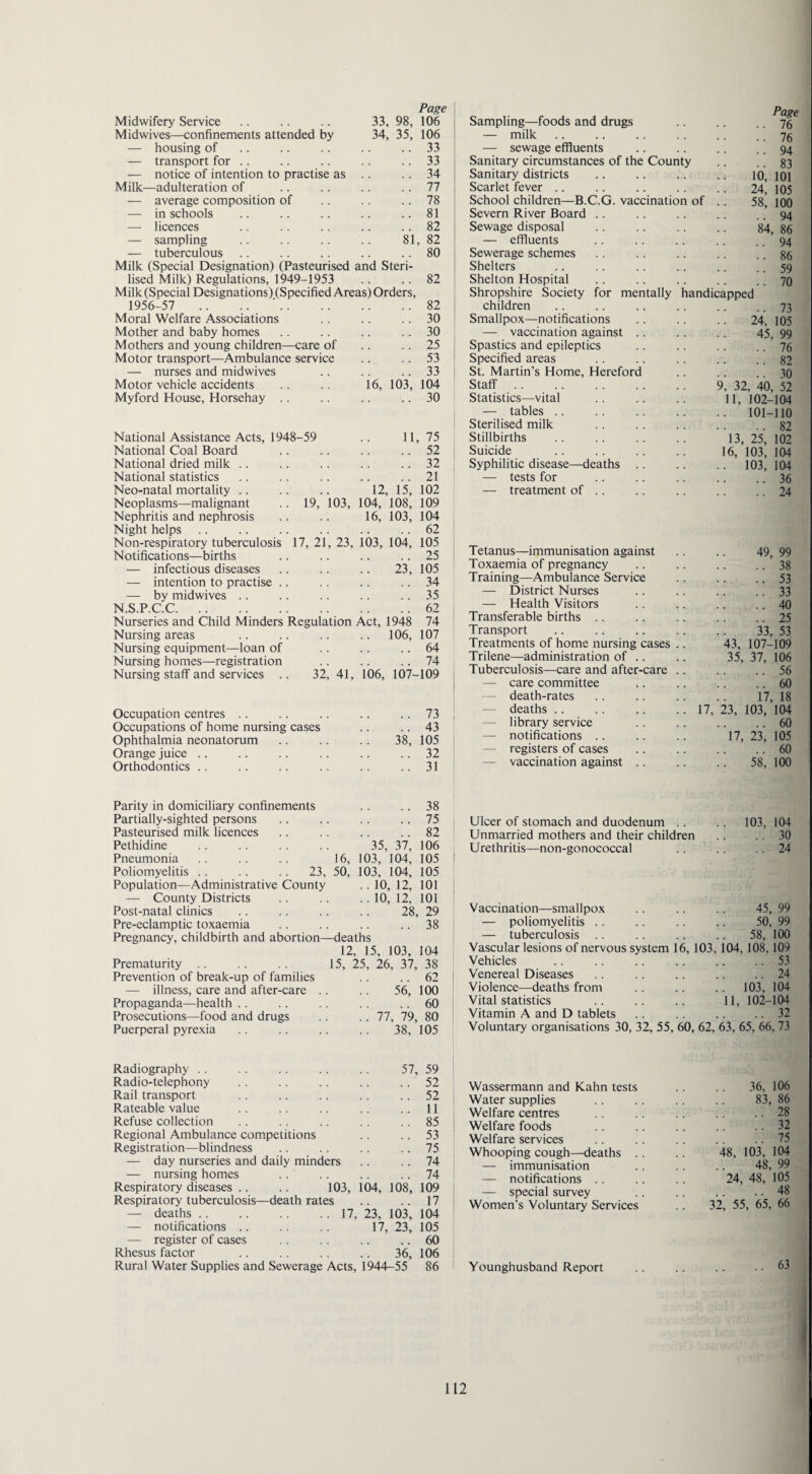 Page Midwifery Service .. .. .. 33, 98, 106 Midwives—confinements attended by 34, 35, 106 — housing of .. .. .. .. .. 33 — transport for .. .. .. .. .. 33 — notice of intention to practise as .. .. 34 Milk—adulteration of .. .. .. .. 77 — average composition of .. .. .. 78 — in schools .. .. .. .. .. 81 — licences .. . . .. .. .. 82 — sampling .. .. .. .. 81, 82 — tuberculous .. .. .. .. .. 80 Milk (Special Designation) (Pasteurised and Steri¬ lised Milk) Regulations, 1949-1953 .. .. 82 Milk (Special Designations) (Specified Areas) Orders, 1956-57 .. .. '.82 Moral Welfare Associations .. .. .. 30 Mother and baby homes .. .. .. .. 30 Mothers and young children—care of .. .. 25 Motor transport—Ambulance service .. .. 53 — nurses and midwives .. 33 Motor vehicle accidents 16, 103, 104 Myford House, Horsehay 30 National Assistance Acts, 1948-59 11 75 National Coal Board 52 National dried milk . . 32 National statistics 21 Neo-natal mortality .. 12, 15, 102 Neoplasms—malignant .. 19, 103, 104, 108, 109 Nephritis and nephrosis 16, 103, 104 Night helps 62 Non-respiratory tuberculosis 17, 21, 23, 103, IO4’, 105 Notifications—births 25 — infectious diseases 23', 105 — intention to practise .. 34 — by midwives 35 N.S.P.C.C. 62 Nurseries and Child Minders Regulat ion Act, 1948 74 Nursing areas 106, 107 Nursing equipment—loan of , . 64 Nursing homes—registration . . 74 Nursing staff and services .. 32, 41, 106, 107- 109 Occupation centres 73 Occupations of home nursing cases . . 43 Ophthalmia neonatorum 38, 105 Orange juice 32 Orthodontics 31 Parity in domiciliary confinements 38 Partially-sighted persons 75 Pasteurised milk licences 82 Pethidine 35, 37, 106 Pneumonia 16, 103, 104, 105 Poliomyelitis .. .. .. 23, 50, 103, 104, 105 Population—Administrative County .. 10 , 12, 101 — County Districts . . 10 12, 101 Post-natal clinics 28. 29 Pre-eclamptic toxaemia 38 Pregnancy, childbirth and abortion— -deaths 12, 15, 103, 104 Prematurity 5, 25, 26, 37, 38 Prevention of break-up of families 62 — illness, care and after-care .. 56, 100 Propaganda—health 60 Prosecutions—food and drugs . . 77, 79, 80 Puerperal pyrexia 38, 105 Radiography 57, 59 Radio-telephony 52 Rail transport 52 Rateable value 11 Refuse collection 85 Regional Ambulance competitions 53 Registration—blindness 75 — day nurseries and daily minders — nursing homes Respiratory diseases .. .. 103, 104, 108, Respiratory tuberculosis—death rates — deaths. 17, 23, 103, — notifications .. .. .. 17, 23, — register of cases Rhesus factor .. .. .. .. 36, Rural Water Supplies and Sewerage Acts, 1944-55 74 74 109 17 104 105 60 106 86 Sampling—foods and drugs .. .. .. 76 — milk .. .. .. .. .. 76 — sewage effluents .. .. .. .. 94 Sanitary circumstances of the County .. .. 83 Sanitary districts .. .. .. .. 10, 101 Scarlet fever .. .. .. .. .. 24^ 105 School children—B.C.G. vaccination of .. 58j 100 Severn River Board .. .. .. .. 94 Sewage disposal . 84, 86 — effluents .. .. .. .. 94 Sewerage schemes .. . . .. .. .. 86 Shelters .. .. .. .. .. 59 Shelton Hospital .. .. .. .. .. 70 Shropshire Society for mentally handicapped children .. .. .. .. .. 73 Smallpox—notifications .. .. .. 24, 105 — vaccination against .. .. .. 45, 99 Spastics and epileptics .. .. .. .. 76 Specified areas .. .. .. .. .. 82 St. Martin’s Home, Hereford .. .. .. 30 Staff. Statistics—vital — tables Sterilised milk Stillbirths Suicide Syphilitic disease—deaths — tests for — treatment of .. 9, 32, 40, 52 11, 102-104 .. 101-110 82 13, 25, 102 16, 103, 104 .. 103, 104 .. 36 .. 24 Tetanus—immunisation against 49, 99 Toxaemia of pregnancy .. 38 Training—Ambulance Service .. 53 — District Nurses .. 33 — Health Visitors .40 Transferable births .. 25 Transport 33, 53 Treatments of home nursing cases .. 43, 107-109 Trilene—administration of .. 35, 37, 106 Tuberculosis—care and after-care .. .. 56 — care committee .. 60 death-rates 17, 18 — deaths .. 17, 23, 103, 104 — library service .. 60 — notifications .. 17, 23, 105 — registers of cases .. 60 — vaccination against .. 58, 100 Ulcer of stomach and duodenum .. .. 103, 104 Unmarried mothers and their children .. .. 30 Urethritis—non-gonococcal .. .. 24 Vaccination—smallpox — poliomyelitis .. — tuberculosis Vascular lesions of nervous system 16 Vehicles Venereal Diseases Violence—deaths from Vital statistics Vitamin A and D tablets 45, 99 50, 99 58, 100 , 103,104, 108, 109 .. 53 .. 24 .. 103, 104 11, 102-104 .. 32 Voluntary organisations 30, 32, 55, 60, 62, 63, 65, 66, 73 Wassermann and Kahn tests .. 36, 106 Water supplies .. .. .. .. 83, 86 Welfare centres .. .. .. 28 Welfare foods .. .. .. .. .. 32 Welfare services .. .. .. .. .. 75 Whooping cough—deaths .. .. 48, 103, 104 — immunisation .. .. .. 48, 99 — notifications .. .. .. 24, 48, 105 — special survey .. .. .. .. 48 Women’s Voluntary Services .. 32, 55, 65, 66 Younghusband Report .. .. .. .. 63