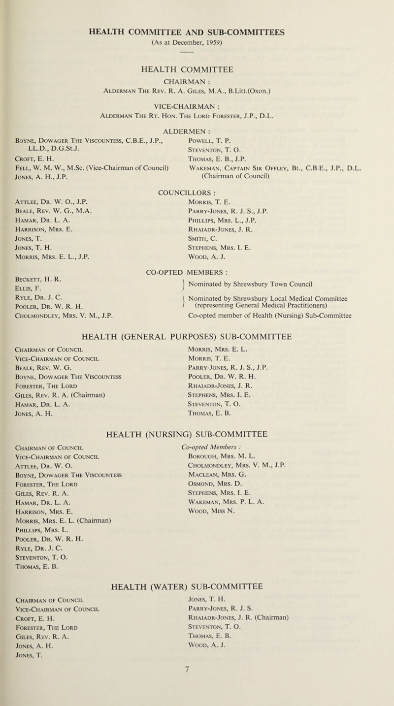 HEALTH COMMITTEE AND SUB COMMITTEES (As at December, 1959) HEALTH COMMITTEE CHAIRMAN : Alderman The Rev. R. A. Giles, M.A., B.Litt.(Oxon.) VICE-CHAIRMAN : Alderman The Rt. Hon. The Lord Forester, J.P., D.L. ALDERMEN : Boyne, Dowager The Viscountess, C.B.E., J.P., LL.D., D.G.St.J. Croft, E. H. Fell, W. M. W., M.Sc. (Vice-Chairman of Council) Jones, A. H., J.P. Powell, T. P. Steventon, T. O. Thomas, E. B., J.P. Wakeman, Captain Sir Offley, Bt., C.B.E., J.P., D.L. (Chairman of Council) Attlee, Dr. W. O., J.P. Beale, Rev. W. G., M.A. Hamar, Dr. L. A. Harrison, Mrs. E. Jones, T. Jones, T. H. Morris, Mrs. E. L., J.P. COUNCILLORS : Morris, T. E. Parry-Jones, R. J. S., J.P. Phillips, Mrs. L., J.P. Rhaiadr-Jones, J. R. Smith, C. Stephens, Mrs. I. E. Wood, A. J. CO-OPTED MEMBERS : Beckett, H. R. I Ellis, F. J Ryle, Dr. J. C. | Pooler, Dr. W. R. H. t Cholmondley, Mrs. V. M., J.P. Nominated by Shrewsbury Town Council Nominated by Shrewsbury Local Medical Committee (representing General Medical Practitioners) Co-opted member of Health (Nursing) Sub-Committee HEALTH (GENERAL PURPOSES) SUB-COMMITTEE Chairman of Council Vice-Chairman of Council Beale, Rev. W. G. Boyne, Dowager The Viscountess Forester, The Lord Giles, Rev. R. A. (Chairman) Hamar, Dr. L. A. Jones, A. H. Morris, Mrs. E. L. Morris, T. E. Parry-Jones, R. J. S., J.P. Pooler, Dr. W. R. H. Rhaiadr-Jones, J. R. Stephens, Mrs. I. E. Steventon, T. O. Thomas, E. B. HEALTH Chairman of Council Vice-Chairman of Council Attlee, Dr. W. O. Boyne, Dowager The Viscountess Forester, The Lord Giles, Rev. R. A. Hamar, Dr. L. A. Harrison, Mrs. E. Morris, Mrs. E. L. (Chairman) Phillips, Mrs. L. Pooler, Dr. W. R. H. Ryle, Dr. J. C. Steventon, T. O. Thomas, E. B. (NURSING) SUB-COMMITTEE Co-opted Members : Borough, Mrs. M. L. Cholmondley, Mrs. V. M., J.P. Maclean, Mrs. G. Osmond, Mrs. D. Stephens, Mrs. I. E. Wakeman, Mrs. P. L. A. Wood, Miss N. Chairman of Council Vice-Chairman of Council Croft, E. H. Forester, The Lord Giles, Rev. R. A. Jones, A. H. Jones, T. HEALTH (WATER) SUB-COMMITTEE Jones, T. H. Parry-Jones, R. J. S. Rhaiadr-Jones, J. R. (Chairman) Steventon, T. O. Thomas, E. B. Wood, A. J.