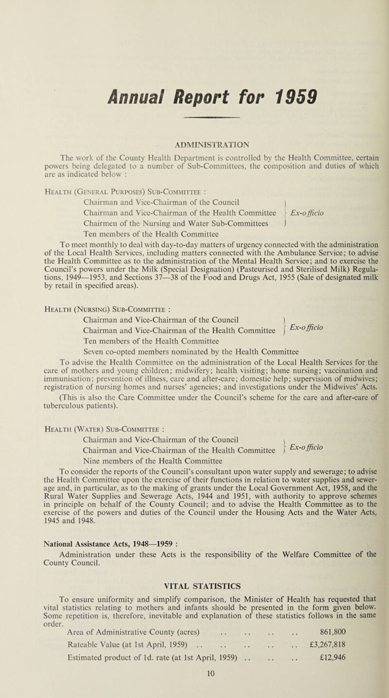 Annual Report for 1959 ADMINISTRATION The work of the County Health Department is controlled by the Health Committee, certain powers being delegated to a number of Sub-Committees, the composition and duties of which are as indicated below : Health (General Purposes) Sub-Committee : Chairman and Vice-Chairman of the Council ] Chairman and Vice-Chairman of the Health Committee r Ex-officio Chairmen of the Nursing and Water Sub-Committees ) Ten members of the Health Committee To meet monthly to deal with day-to-day matters of urgency connected with the administration of the Local Health Services, including matters connected with the Ambulance Service; to advise the Health Committee as to the administration of the Mental Health Service; and to exercise the Council’s powers under the Milk (Special Designation) (Pasteurised and Sterilised Milk) Regula¬ tions, 1949—1953, and Sections 37—38 of the Food and Drugs Act, 1955 (Sale of designated milk by retail in specified areas). Health (Nursing) Sub-Committee : Chairman and Vice-Chairman of the Council j Chairman and Vice-Chairman of the Health Committee j ^x'°ffic'10 Ten members of the Health Committee Seven co-opted members nominated by the Health Committee To advise the Health Committee on the administration of the Local Health Services for the care of mothers and young children; midwifery; health visiting; home nursing; vaccination and immunisation; prevention of illness, care and after-care; domestic help; supervision of midwives; registration of nursing homes and nurses’ agencies; and investigations under the Midwives’ Acts. (This is also the Care Committee under the Council’s scheme for the care and after-care of tuberculous patients). Health (Water) Sub-Committee : Chairman and Vice-Chairman of the Council Chairman and Vice-Chairman of the Health Committee Ex-o fficio Nine members of the Health Committee To consider the reports of the Council’s consultant upon water supply and sewerage; to advise the Health Committee upon the exercise of their functions in relation to water supplies and sewer¬ age and, in particular, as to the making of grants under the Local Government Act, 1958, and the Rural Water Supplies and Sewerage Acts, 1944 and 1951, with authority to approve schemes in principle on behalf of the County Council; and to advise the Health Committee as to the exercise of the powers and duties of the Council under the Housing Acts and the Water Acts, 1945 and 1948. National Assistance Acts, 1948—1959 : Administration under these Acts is the responsibility of the Welfare Committee of the County Council. VITAL STATISTICS To ensure uniformity and simplify comparison, the Minister of Health has requested that vital statistics relating to mothers and infants should be presented in the form given below. Some repetition is, therefore, inevitable and explanation of these statistics follows in the same order. Area of Administrative County (acres) .. .. .. .. 861,800 Rateable Value (at 1st April, 1959) .. .. .. .. .. £3,267,818 Estimated product of Id. rate (at 1st April, 1959) .. .. .. £12,946