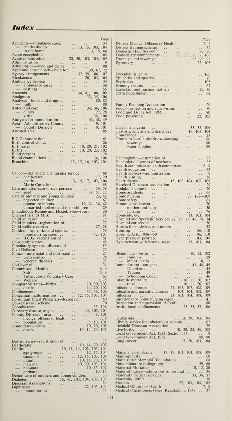 Index Page Page Accidents—ambulance cases .. 54 District Medical Officers of Health 7, 8 — deaths due to .. 13, 15, 103, 104 District training scheme .. 32 — in the home .. 13, 15, 66 Domestic Help Service 60, 70 Acute encephalitis ..105 Domiciliary confinements .. 23, 33, 36, 37, 106 Acute poliomyelitis 22,' 50, 103, 104, 105 Drainage and sewerage 88, 90, 98 Administration .. 9 Dysentery 22, 105 Adulteration—food and drugs .. 80 Aged and chronic sick—help for 39, 67, 72 Agency arrangements 32, 39, 106, 107 Encephalitis, acute ..105 Aleukaemia 20, 103, 104 Epileptics and spastics ..19 Ambulance Service .. 54 Erysipelas ..105 ■—• ambulance cases .. 56 Evening visitors .. 67 — costings .. 55 Expectant and nursing mothers 29, 30 Anaemia 34, 41, 108, 109 Extra nourishment .. 62 Analgesics 33, 35, 106 Analyses—foods and drugs .. 80, 82 — milk .. 80 Family Planning Association .. 26 Ante-natal care 34, 36, 106 Food—inspection and supervision .. .. 80 — clinics .. 27, 28 Food and Drugs Act, 1955 .. 80 — visits 34, 106 Food poisoning 22, 105 Antigens for immunisation .. 43, 48, 49 Area—Administrative County 9, 101 — County Districts 9, 101 Gas/air analgesia 33, 35, 106 Attested area .. 85 Gastritis, enteritis and diarrhoea . . 13, 103, 104 Gonorrhoea .. 23 B.C.G. vaccination ..61 Grants to local authorities—housing .. 86 Birth control clinics .. 26 — sewerage .. 90 Birth-rates 10, 20, 21, 102 — water supplies .. 89 Births 10, 20, 23, 102 Blind persons .. 78 Blood examinations 34, 106 Haemoglobin—estimation of ..35 Bronchitis 13, 15, 16, 103, 104 Haemolytic diseases of newborn .. 35 Health committee and sub-committees 6, 9 Health education .. 62 Cancer—day and night nursing service .. .. 68 Health services—administration .. 9 — death-rates 17, 20 Health visiting .. 38 — deaths .. 13, 15, 17, 103, 104 Heart disease. 15, 103, 104, 108, 109 — Marie Curie fund .. 68 Hereford Diocesan Association .. 29 Care and after-care of sick persons 39, 58 Hodgkin’s disease .. 20 — aged 39, 67, 72 Home accidents .. 66 Care of mothers and young children 23, 42 Home nursing 39, 107—109 — neglected children . . .. 67 Home safety ..61 — premature infants , # 12, 24, 36, 42 Homes convalescent .. .. 70 — unmarried mothers and their children .. 29 — mother and baby .. 30 Chaddeslode Refuge and Hostel, Shrewsbury .. 30 — nursing ..16 Channel Islands Milk ..81 Homicide, etc. 13, 103, 104 Child guidance .. 29 Hospital and Specialist Services 22, 25, 27, 42, 58, 74 Child minders-—registration of ..11 Hospital car service .. 56 Child welfare centres 27, 28 Houses for midwives and nurses .. 32 Children—epileptics and spastics .. 79 Housing 86, 110 — home nursing cases .. 42, 107 Housing Acts, 1936—59 86, 110 — B.C.G. vaccination of .. 61 Hyperplasia of prostate .. 103, 104 Chiropody service .. 68 Hypertension with heart disease 15, 103, 104 Circulatory system—diseases of .. 15 Civil Defence .. . . 55 Clinics—ante-natal and post-natal .. ..21 Illegitimate—births .. 10, 12, 102 — birth control .. .. 26 — children .. 29 — venereal diseases .. 22 — infant deaths 10, 12 Cod liver oil .. .. 31 Immunisation—antigens 43, 48, 49 Committees—Health 6, 9 — Diphtheria .. 44 — Sub- 6, 9 — Tetanus .. 49 -— Tuberculosis Voluntary Care .. 62 — Whooping Cough .. 46 — Welfare 9, 78 Infantile mortality 10, 11, 20, 102 — deaths .. .. .. .. 14, 20, 102 Confinements .. .. .. 33, 36, 106 Congenital malformations .. .. 12, 15, 103, 104 Consultant Chest Physician—Report of .. .. 59 Convalescence scheme .. .. .. .. 70 Coombs tests .. .. .. .. .. 35, 106 Coronary disease, angina .. .. 15, 103, 104 County Districts—area .. .. .. 8, 101 — medical officers of health .. .. 7, 8 — population .. .. .. 8, 10, 101 Crude rates—births .. .. .. 10, 20, 102 — deaths .. .. .. .. 10, 14, 20, 102 Day nurseries—registration of Death-rates Deaths .. .. 10, 11 — age groups — causes of — infant .. — maternal — neo-natal — perinatal Dental care of mothers and young Diabetes .. .. 15, 41, Diocesan Associations Diphtheria — immunisation .. 77 10, 14, 20, 102 14, 102, 103, 104 12, 15, 104 12, 15, 103, 104 10, 11, 20, 102 10, 20, 103, 104 10, 13, 102 10, 13 children .. 30 103, 104, 108, 109 .29 22, 103, 104 . . 44 Infectious diseases 21, Infective and parasitic diseases .. Influenza .. .. .. 13, Injections for home nursing cases . Inspection and supervision of food Institutional confinements .. 105, 107, 108, 109 103, 104, 108, 109 103, 104, 108, 109 .41 .. 80 . 23, 33, 37, 106 Leukaemia .. .. .. .. 13, 20, 103, 104 Library service for tuberculous persons .. .. 62 Lichfield Diocesan Association .. .. .. 29 Live births .. .. .. 10, 20, 23, 36, 102 Local Government Act, 1933: Section 111 .. 8 Local Government Act, 1958 .. .. 89, 90 Lung cancer .. .. .. .. 17, 20, 103, 104 Malignant neoplasms Mantoux tests Marie Curie Memorial Foundation Mass miniature radiography Maternal Mortality Maternity cases—admissions to hospital Maternity medical services Maternity outfits Measles .... 22 Medical Officers of Health 3, 17, 103, 104, 108, 109 .60 .. 68 59, 60 10, 13, 20 .. 36 33, 34, 37 .. 36 22, 103, 104, 105 7, 8 Medical Practitioners (Fees) Regulations, 1948 37