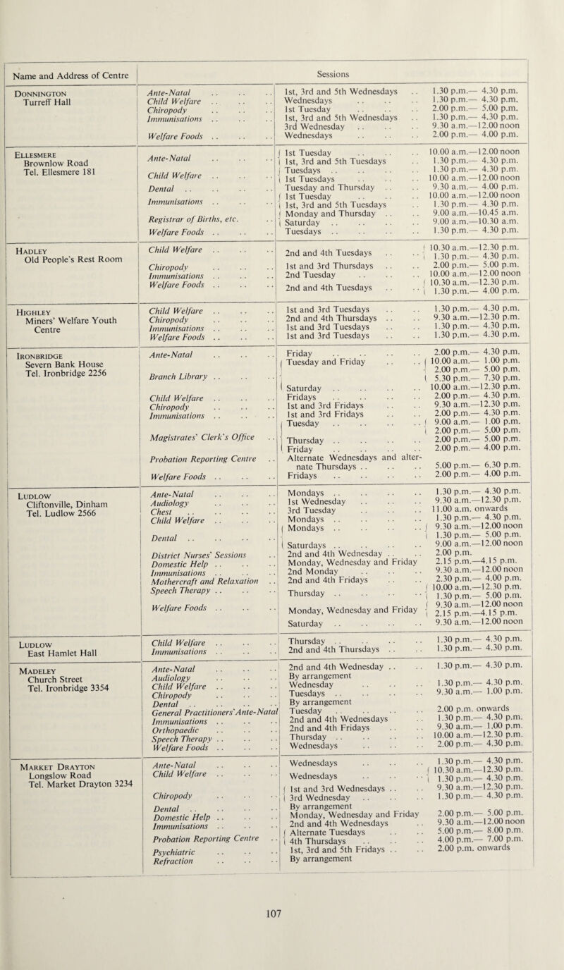 Donnington Ante-Natal Turreff Flail Child Welfare . . Chiropody Immunisations . . Welfare Foods . . Ellesmere Ante-Natal . . . . . . - Brownlow Road Tel. Ellesmere 181 Child Welfare . . . . . . ■ Dental Immunisations . . . . . . Registrar of Births, etc. Welfare Foods . . Hadley Old People’s Rest Room Child Welfare Chiropody Immunisations . . Welfare Foods . . Highley Child Welfare. Miners’ Welfare Youth Chiropody Centre Immunisations . . Welfare Foods .. Ironbridge Severn Bank House Ante-Natal Tel. Ironbridge 2256 1 i . 1 Branch Library . . Child Welfare. Chiropody Immunisations . . .. i Magistrates' Clerk's Office Probation Reporting Centre Welfare Foods .. Ludlow Ante-Natal Cliftonville, Dinham Audiology Tel. Ludlow 2566 1 Chest . . . . . . • ■ 1 Child Welfare . . Dental 1 District Nurses' Sessions . . i Domestic Help . . Immunisations . . . . . ■! Mothercraft and Relaxation . ., 1 Speech Therapy . . . . . ■ j 1 ; Welfare Foods .. .. . ■ ^ 1 i Ludlow Child Welfare.| East Hamlet Hall Immunisations . . . . . . 1 Madeley Ante-Natal Church Street Audiology Tel. Ironbridge 3354 Child Welfare.' Chiropody Dental General Practitioners' Ante-Natal Immunisations . . Orthopaedic Speech Therapy . . Welfare Foods . . Market Drayton Ante-Natal Longslow Road Tel. Market Drayton 3234 Child Welfare. Chiropody Dental Domestic Help . . Immunisations .. Probation Reporting Centre Psychiatric Refraction 1st, 3rd and 5th Wednesdays Wednesdays 1st Tuesday 1st, 3rd and 5th Wednesdays 3rd Wednesday Wednesdays 1st Tuesday 1st, 3rd and 5th Tuesdays Tuesdays 1st Tuesdays Tuesday and Thursday 1st Tuesday 1st, 3rd and 5th Tuesdays Monday and Thursday Saturday Tuesdays 1.30 p.m.- 1.30 p.m.- 2.00 p.m.- 1.30 p.m.- 9.30 a.m.- 2.00 p.m.- - 4.30 p.m. - 4.30 p.m. - 5.00 p.m. - 4.30 p.m. -12.00 noon - 4.00 p.m. 10.00 a.m. 1.30 p.m. 1.30 p.m. 10.00 a.m. 9.30 a.m. 10.00 a.m. 1.30 p.m. 9.00 a.m. 9.00 a.m. 1.30 p.m. -12.00 noon - 4.30 p.m. - 4.30 p.m. -12.00 noon - 4.00 p.m. -12.00 noon - 4.30 p.m. -10.45 a.m. -10.30 a.m. - 4.30 p.m. 2nd and 4th Tuesdays 1st and 3rd Thursdays 2nd Tuesday 2nd and 4th Tuesdays 10.30 a.m. 1.30 p.m. 2.00 p.m. 10.00 a.m. 10.30 a.m. 1.30 p.m. -12.30 p.m. - 4.30 p.m. - 5.00 p.m. -12.00 noon -12.30 p.m. - 4.00 p.m. 1st and 3rd Tuesdays 2nd and 4th Thursdays 1st and 3rd Tuesdays 1st and 3rd Tuesdays Friday Tuesday and Friday Saturday Fridays 1st and 3rd Fridays 1st and 3rd Fridays Tuesday Thursday .. Friday Alternate Wednesdays and alter nate Thursdays . . Fridays Mondays .. 1st Wednesday 3rd Tuesday Mondays . . Mondays .. Saturdays .. 2nd and 4th Wednesday Monday, Wednesday and Friday 2nd Monday 2nd and 4th Fridays Thursday .. Monday, Wednesday and Friday Saturday Thursday . . 2nd and 4th Thursdays 2nd and 4th Wednesday . By arrangement Wednesday Tuesdays .. By arrangement Tuesday 2nd and 4th Wednesdays 2nd and 4th Fridays Thursday Wednesdays 1.30 p.m. — 4.30 p.m. 9.30 a.m. —12.30 p.m. 1.30 p.m. — 4.30 p.m. 1.30 p.m.- — 4.30 p.m. 2.00 p.m. — 4.30 p.m. ( 10.00 a.m. — 1.00 p.m. - 2.00 p.m. — 5.00 p.m. t 5.30 p.m. — 7.30 p.m. 10.00 a.m. —12.30 p.m. 2.00 p.m. — 4.30 p.m. 9.30 a.m. —12.30 p.m. 2.00 p.m. — 4.30 p.m. 1 9.00 a.m. — 1.00 p.m. 1 2.00 p.m. — 5.00 p.m. 2.00 p.m. — 5.00 p.m. 2.00 p.m. — 4.00 p.m. 5.00 p.m. — 6.30 p.m. 2.00 p.m. — 4.00 p.m. 1.30 p.m. — 4.30 p.m. 9.30 a.m. —12.30 p.m. 11.00 a.m. onwards 1.30 p.m. — 4.30 p.m. f 9.30 a.m. —12.00 noon 1 1.30 p.m. — 5.00 p.m. 9.00 a.m. —12.00 noon 2.00 p.m. 2.15 p.m. —4.15 p.m. 9.30 a.m. —12.00 noon 2.30 p.m. — 4.00 p.m. 1 10.00 a.m. —12.30 p.m. ( 1.30 p.m. — 5.00 p.m. ( 9.30 a.m. —12.00 noon 1 2.15 p.m. —4.15 p.m. 9.30 a.m. —12.00 noon 1.30 p.m.— 4.30 p.m. 1.30 p.m.— 4.30 p.m. 1.30 p.m.— 4.30 p.r 1.30 p.m.- 9.30 a.m.- 4.30 p. 1.00 p. 2.00 p.m. onwards 1.30 p.m.— 4.30 p.m. 9.30 a.m.— 1.00 p.m. 10.00 a.m.—12.30 p.m. 2.00 p.m.— 4.30 p.m. Wednesdays Wednesdays 1st and 3rd Wednesdays .. 3rd Wednesday By arrangement Monday, Wednesday and Friday 2nd and 4th Wednesdays Alternate Tuesdays 4th Thursdays 1st, 3rd and 5th Fridays .. By arrangement 1.30 p.m.— 4.30 p.m. 10.30 a.m.—12.30 p.m. 1.30 p.m.— 4.30 p.m. 9.30 a.m.—12.30 p.m. 1.30 p.m.— 4.30 p.m. 2.00 p.m.— 5.00 p.m. 9.30 a.m.—12.00 noon 5.00 p.m.— 8.00 p.m. 4.00 p.m.— 7.00 p.m. 2.00 p.m. onwards