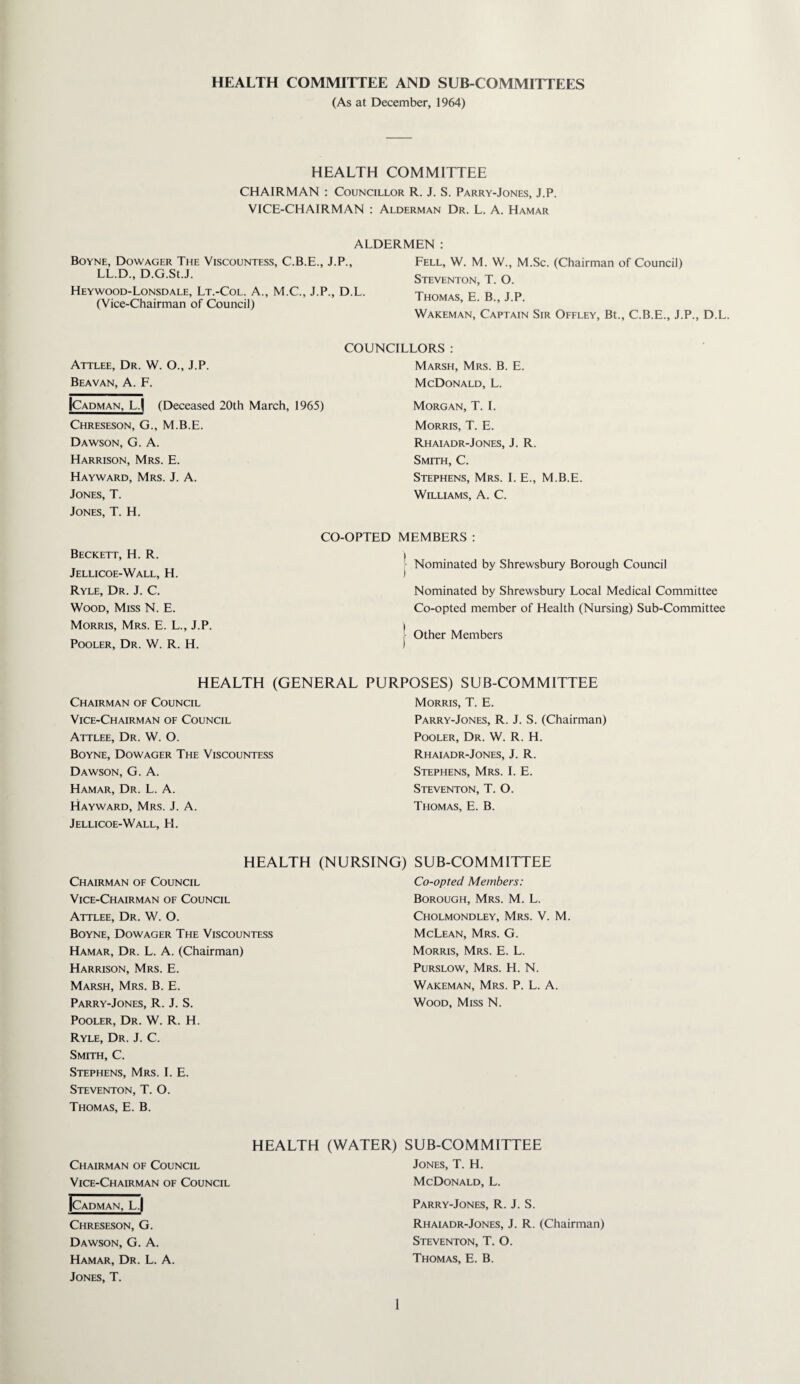 HEALTH COMMITTEE AND SUB-COMMITTEES (As at December, 1964) HEALTH COMMITTEE CHAIRMAN ; Councillor R. J. S. Parry-Jones, J.P. VICE-CHAIRMAN : Alderman Dr. L. A. Hamar ALDERMEN: Boyne, Dowager The Viscountess, C.B.E., J.P., LL.D., D.G.St.J. Heywood-Lonsdale, Lt.-Col. A., M.C., J.P., D.L. (Vice-Chairman of Council) Fell, W. M. W., M.Sc. (Chairman of Council) Steventon, T. O. Thomas, E. B., J.P. Wakeman, Captain Sir Offley, Bt., C.B.E., J.P., D.L. Attlee, Dr. W. O., J.P. Beavan, a. F. ICadman, L.| (Deceased 20th March, 1965) Chreseson, G., M.B.E. Dawson, G. A. Harrison, Mrs. E. Hayward, Mrs. J. A. Jones, T. Jones, T. H. COUNCILLORS : Marsh, Mrs. B. E. McDonald, L. Morgan, T. I. Morris, T. E. RhaiADR-Jones, J. R. Smith, C. Stephens, Mrs. I. E., M.B.E. Williams, A. C. Beckett, H. R. Jellicoe-Wall, H. Ryle, Dr. J. C. Wood, Miss N. E. Morris, Mrs. E. L., J.P. Pooler, Dr. W. R. H. CO-OPTED MEMBERS : Nominated by Shrewsbury Borough Council Nominated by Shrewsbury Local Medical Committee Co-opted member of Health (Nursing) Sub-Committee Other Members HEALTH (GENERAL PURPOSES) SUB-COMMITTEE Chairman of Council Vice-Chairman of Council Attlee, Dr. W. O. Boyne, Dowager The Viscountess Dawson, G. A. Hamar, Dr. L. A. Hayward, Mrs. J. A. Jellicoe-Wall, H. Morris, T. E. Parry-Jones, R. J. S. (Chairman) Pooler, Dr. W. R. H. Rhaiadr-Jones, j. R. Stephens, Mrs. I. E. Steventon, T. O. Thomas, E. B. HEALTH Chairman of Council Vice-Chairman of Council Attlee, Dr. W. O. Boyne, Dowager The Viscountess Hamar, Dr. L. A. (Chairman) Harrison, Mrs. E. Marsh, Mrs. B. E. Parry-Jones, R. J. S. Pooler, Dr. W. R. H. Ryle, Dr. J. C. Smith, C. Stephens, Mrs. I. E. Steventon, T. O. Thomas, E. B. (NURSING) SUB-COMMITTEE Co-opted Members: Borough, Mrs. M. L. Cholmondley, Mrs. V. M. McLean, Mrs. G. Morris, Mrs. E. L. PuRSLOw, Mrs. H. N. Wakeman, Mrs. P. L. A. Wood, Miss N. HEALTH Chairman of Council Vice-Chairman of Council Icadman, L.| Chreseson, G. Dawson, G. A. Hamar, Dr. L. A. Jones, T. (WATER) SUB-COMMITTEE Jones, T. H. McDonald, L. Parry-Jones, R. J. S. Rhaiadr-Jones, J. R. (Chairman) Steventon, T. O. Thomas, E. B.