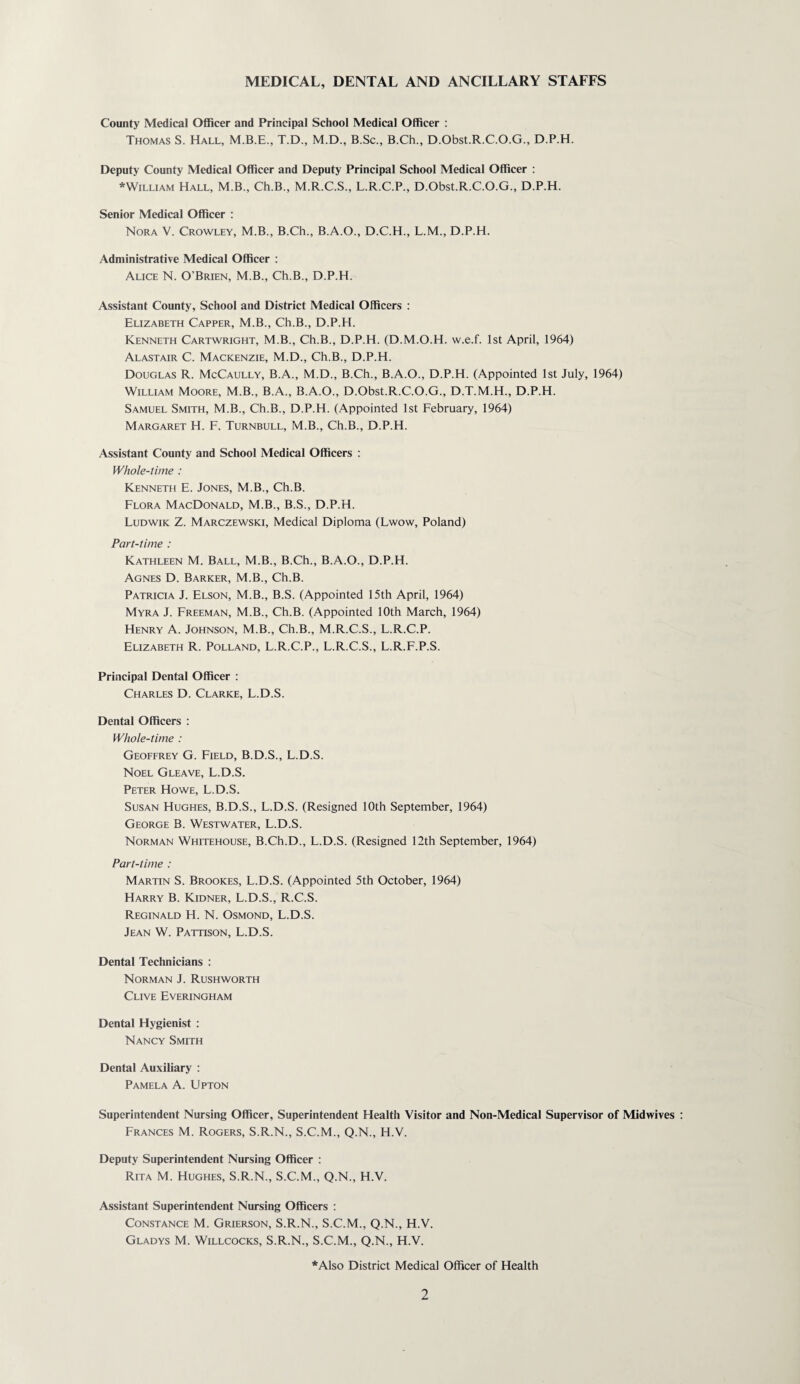 MEDICAL, DENTAL AND ANCILLARY STAFFS County Medical Officer and Principal School Medical Officer : Thomas S. Hall, M.B.E., T.D., M.D., B.Sc., B.Ch., D.Obst.R.C.O.G., D.P.H. Deputy County Medical Officer and Deputy Principal School Medical Officer : *WiLLiAM Hall, M.B., Ch.B., M.R.C.S., L.R.C.P., D.Obst.R.C.O.G., D.P.H. Senior Medical Officer : Nora V. Crowley, M.B., B.Ch., B.A.O., D.C.H., L.M., D.P.H. Administrative Medical Officer : Alice N. O’Brien, M.B., Ch.B., D.P.H. Assistant County, School and District Medical Officers : Elizabeth Capper, M.B., Ch.B., D.P.H. Kenneth Cartwright, M.B., Ch.B., D.P.H. (D.M.O.H. w.e.f. 1st April, 1964) Alastair C. Mackenzie, M.D., Ch.B., D.P.H. Douglas R. McCaully, B.A., M.D., B.Ch., B.A.O., D.P.H. (Appointed 1st July, 1964) William Moore, M.B., B.A., B.A.O., D.Obst.R.C.O.G., D.T.M.H., D.P.H. Samuel Smith, M.B., Ch.B., D.P.H. (Appointed 1st February, 1964) Margaret H. F. Turnbull, M.B., Ch.B., D.P.H. Assistant County and School Medical Officers ; Whole-time : Kenneth E. Jones, M.B., Ch.B. Flora MacDonald, M.B., B.S., D.P.H. Ludwik Z. Marczewski, Medical Diploma (Lwow, Poland) Part-time : Kathleen M. Ball, M.B., B.Ch., B.A.O., D.P.H. Agnes D. Barker, M.B., Ch.B. Patricia J. Elson, M.B., B.S. (Appointed 15th April, 1964) Myra J. Freeman, M.B., Ch.B. (Appointed 10th March, 1964) Henry A. Johnson, M.B., Ch.B., M.R.C.S., L.R.C.P. Elizabeth R. Polland, L.R.C.P., L.R.C.S., L.R.F.P.S. Principal Dental Officer : Charles D. Clarke, L.D.S. Dental Officers : Whole-time : Geoffrey G. Field, B.D.S., L.D.S. Noel Gleave, L.D.S. Peter Howe, L.D.S. Susan Hughes, B.D.S., L.D.S. (Resigned 10th September, 1964) George B. Westwater, L.D.S. Norman Whitehouse, B.Ch.D., L.D.S. (Resigned 12th September, 1964) Part-time : Martin S. Brookes, L.D.S. (Appointed 5th October, 1964) Harry B. Kidner, L.D.S., R.C.S. Reginald H. N. Osmond, L.D.S. Jean W. Pattison, L.D.S. Dental Technicians : Norman J. Rushworth Clive Everingham Dental Hygienist ; Nancy Smith Dental Auxiliary : Pamela A. Upton Superintendent Nursing Officer, Superintendent Health Visitor and Non-Medical Supervisor of Midwives Frances M. Rogers, S.R.N., S.C.M., Q.N., H.V. Deputy Superintendent Nursing Officer ; Rita M. Hughes, S.R.N., S.C.M., Q.N., H.V. Assistant Superintendent Nursing Officers : Constance M. Grierson, S.R.N., S.C.M., Q.N., H.V. Gladys M. Willcocks, S.R.N., S.C.M., Q.N., H.V. *Also District Medical Officer of Health