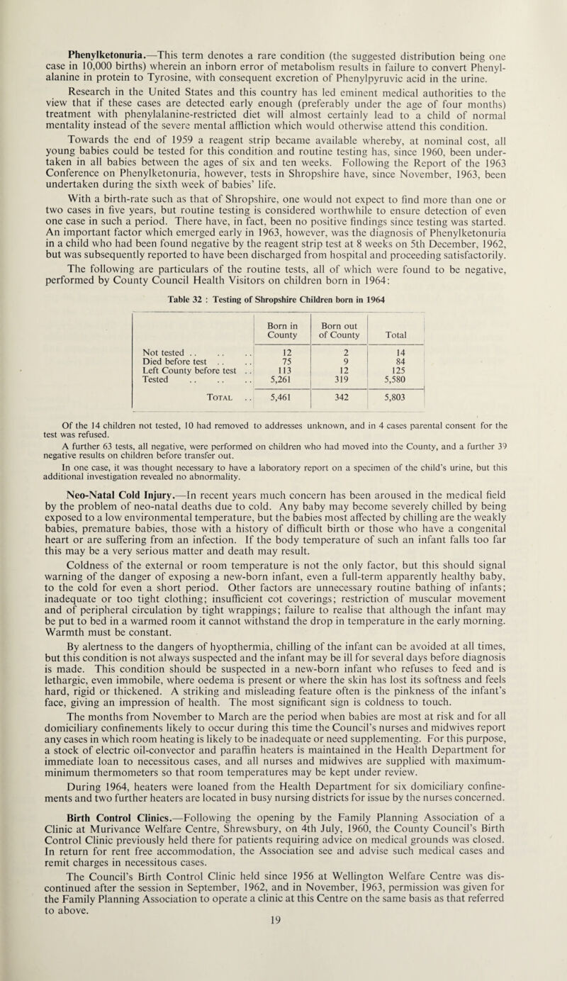Phenylketonuria.—This term denotes a rare condition (the suggested distribution being one case in 10,000 births) wherein an inborn error of metabolism results in failure to convert Phenyl¬ alanine in protein to Tyrosine, with consequent excretion of Phenylpyruvic acid in the urine. Research in the United States and this country has led eminent medical authorities to the view that if these cases are detected early enough (preferably under the age of four months) treatment with phenylalanine-restricted diet will almost certainly lead to a child of normal mentality instead of the severe mental affliction which would otherwise attend this condition. Towards the end of 1959 a reagent strip became available whereby, at nominal cost, all young babies could be tested for this condition and routine testing has, since 1960, been under¬ taken in all babies between the ages of six and ten weeks. Following the Report of the 1963 Conference on Phenylketonuria, however, tests in Shropshire have, since November, 1963, been undertaken during the sixth week of babies’ life. With a birth-rate such as that of Shropshire, one would not expect to find more than one or two cases in five years, but routine testing is considered worthwhile to ensure detection of even one case in such a period. There have, in fact, been no positive findings since testing was started. An important factor which emerged early in 1963, however, was the diagnosis of Phenylketonuria in a child who had been found negative by the reagent strip test at 8 weeks on 5th December, 1962, but was subsequently reported to have been discharged from hospital and proceeding satisfactorily. The following are particulars of the routine tests, all of which were found to be negative, performed by County Council Health Visitors on children born in 1964: Table 32 : Testing of Shropshire Children born in 1964 Born in County Born out of County Total Not tested .. 12 2 14 Died before test . . 75 9 84 Left County before test .. 113 12 125 Tested 5,261 319 5,580 Total 5,461 342 5,803 Of the 14 children not tested, 10 had removed to addresses unknown, and in 4 cases parental consent for the test was refused. A further 63 tests, all negative, were performed on children who had moved into the County, and a further 39 negative results on children before transfer out. In one case, it was thought necessary to have a laboratory report on a specimen of the child’s urine, but this additional investigation revealed no abnormality. Neo-Natal Cold Injury.—In recent years much concern has been aroused in the medical field by the problem of neo-natal deaths due to cold. Any baby may become severely chilled by being exposed to a low environmental temperature, but the babies most affected by chilling are the weakly babies, premature babies, those with a history of difficult birth or those who have a congenital heart or are suffering from an infection. If the body temperature of such an infant falls too far this may be a very serious matter and death may result. Coldness of the external or room temperature is not the only factor, but this should signal warning of the danger of exposing a new-born infant, even a full-term apparently healthy baby, to the cold for even a short period. Other factors are unnecessary routine bathing of infants; inadequate or too tight clothing; insufficient cot coverings; restriction of muscular movement and of peripheral circulation by tight wrappings; failure to realise that although the infant may be put to bed in a warmed room it cannot withstand the drop in temperature in the early morning. Warmth must be constant. By alertness to the dangers of hyopthermia, chilling of the infant can be avoided at all times, but this condition is not always suspected and the infant may be ill for several days before diagnosis is made. This condition should be suspected in a new-born infant who refuses to feed and is lethargic, even immobile, where oedema is present or where the skin has lost its softness and feels hard, rigid or thickened. A striking and misleading feature often is the pinkness of the infant’s face, giving an impression of health. The most significant sign is coldness to touch. The months from November to March are the period when babies are most at risk and for all domiciliary confinements likely to occur during this time the Council’s nurses and midwives report any cases in which room heating is likely to be inadequate or need supplementing. For this purpose, a stock of electric oil-convector and paraffin heaters is maintained in the Health Department for immediate loan to necessitous cases, and all nurses and midwives are supplied with maximum- minimum thermometers so that room temperatures may be kept under review. During 1964, heaters were loaned from the Health Department for six domiciliary confine¬ ments and two further heaters are located in busy nursing districts for issue by the nurses concerned. Birth Control Clinics.—Following the opening by the Family Planning Association of a Clinic at Murivance Welfare Centre, Shrewsbury, on 4th July, 1960, the County Council’s Birth Control Clinic previously held there for patients requiring advice on medical grounds was closed. In return for rent free accommodation, the Association see and advise such medical cases and remit charges in necessitous cases. The Council’s Birth Control Clinic held since 1956 at Wellington Welfare Centre was dis¬ continued after the session in September, 1962, and in November, 1963, permission was given for the Family Planning Association to operate a clinic at this Centre on the same basis as that referred to above.