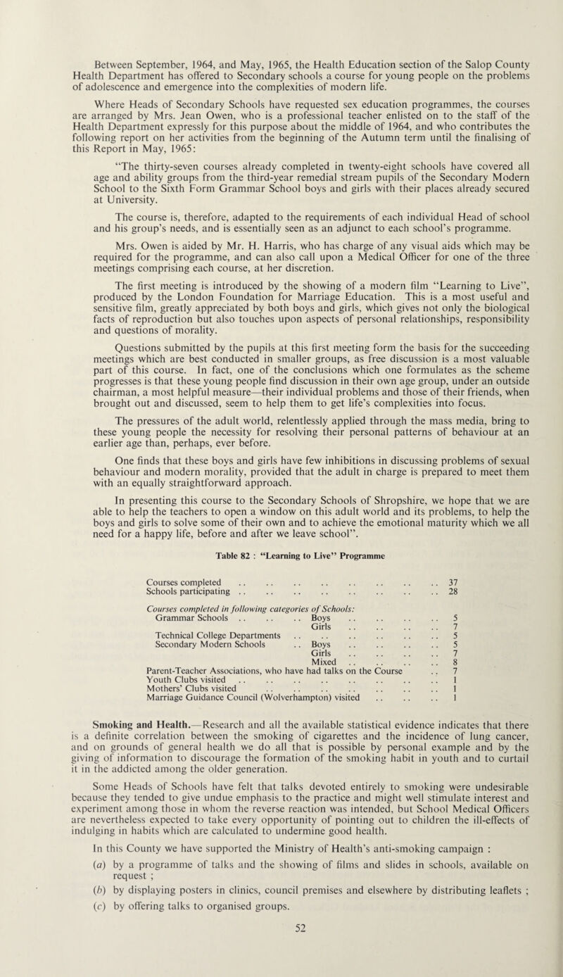 Between September, 1964, and May, 1965, the Health Education section of the Salop County Health Department has offered to Secondary schools a course for young people on the problems of adolescence and emergence into the complexities of modern life. Where Heads of Secondary Schools have requested sex education programmes, the courses are arranged by Mrs. Jean Owen, who is a professional teacher enlisted on to the staff of the Health Department expressly for this purpose about the middle of 1964, and who contributes the following report on her activities from the beginning of the Autumn term until the finalising of this Report in May, 1965; “The thirty-seven courses already completed in twenty-eight schools have covered all age and ability groups from the third-year remedial stream pupils of the Secondary Modern School to the Sixth Form Grammar School boys and girls with their places already secured at University. The course is, therefore, adapted to the requirements of each individual Head of school and his group’s needs, and is essentially seen as an adjunct to each school’s programme. Mrs. Owen is aided by Mr. H. Harris, who has charge of any visual aids which may be required for the programme, and can also call upon a Medical Officer for one of the three meetings comprising each course, at her discretion. The first meeting is introduced by the showing of a modern film “Learning to Live’’, produced by the London Foundation for Marriage Education. This is a most useful and sensitive film, greatly appreciated by both boys and girls, which gives not only the biological facts of reproduction but also touches upon aspects of personal relationships, responsibility and questions of morality. Questions submitted by the pupils at this first meeting form the basis for the succeeding meetings which are best conducted in smaller groups, as free discussion is a most valuable part of this course. In fact, one of the conclusions which one formulates as the scheme progresses is that these young people find discussion in their own age group, under an outside chairman, a most helpful measure—their individual problems and those of their friends, when brought out and discussed, seem to help them to get life’s complexities into focus. The pressures of the adult world, relentlessly applied through the mass media, bring to these young people the necessity for resolving their personal patterns of behaviour at an earlier age than, perhaps, ever before. One finds that these boys and girls have few inhibitions in discussing problems of sexual behaviour and modern morality, provided that the adult in charge is prepared to meet them with an equally straightforward approach. In presenting this course to the Secondary Schools of Shropshire, we hope that we are able to help the teachers to open a window on this adult world and its problems, to help the boys and girls to solve some of their own and to achieve the emotional maturity which we all need for a happy life, before and after we leave school’’. Table 82 : “Learning to Live” Programme Courses completed .. .. .. .. .. .. .. .. 37 Schools participating .. .. .. .. .. .. .. .. 28 Courses completed in following categories of Schools: Grammar Schools .. .. .. Boys .. .. .. .. 5 Girls .. .. .. .. 7 Technical College Departments .. .. .. .. .. .. 5 Secondary Modern Schools .. Boys .. .. .. .. 5 Girls .. .. .. . . 7 Mixed .. . . .. .. 8 Parent-Teacher Associations, who have had talks on the Course .. 7 Youth Clubs visited .. .. . . .. .. .. .. .. 1 Mothers’ Clubs visited .. .. .. .. .. .. .. 1 Marriage Guidance Council (Wolverhampton) visited .. .. .. 1 Smoking and Health.—Research and all the available statistical evidence indicates that there is a definite correlation between the smoking of cigarettes and the incidence of lung cancer, and on grounds of general health we do all that is possible by personal example and by the giving of information to discourage the formation of the smoking habit in youth and to curtail it in the addicted among the older generation. Some Heads of Schools have felt that talks devoted entirely to smoking were undesirable because they tended to give undue emphasis to the practice and might well stimulate interest and experiment among those in whom the reverse reaction was intended, but School Medical Officers are nevertheless expected to take every opportunity of pointing out to children the ill-effects of indulging in habits which are calculated to undermine good health. In this County we have supported the Ministry of Health’s anti-smoking campaign : (a) by a programme of talks and the showing of films and slides in schools, available on request ; (b) by displaying posters in clinics, council premises and elsewhere by distributing leaflets ; (c) by offering talks to organised groups.