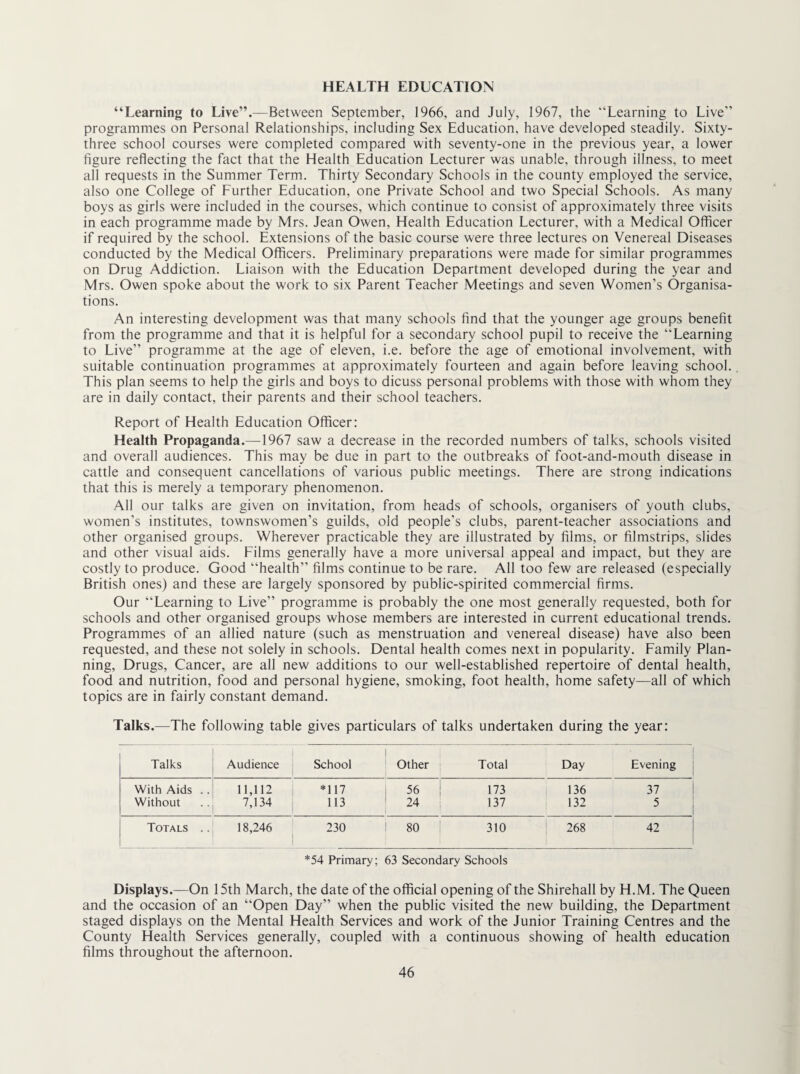 HEALTH EDUCATION “Learning to Live”.—Between September, 1966, and July, 1967, the “Learning to Live” programmes on Personal Relationships, including Sex Education, have developed steadily. Sixty- three school courses were completed compared with seventy-one in the previous year, a lower figure reflecting the fact that the Health Education Lecturer was unable, through illness, to meet all requests in the Summer Term. Thirty Secondary Schools in the county employed the service, also one College of Further Education, one Private School and two Special Schools. As many boys as girls were included in the courses, which continue to consist of approximately three visits in each programme made by Mrs. Jean Owen, Health Education Lecturer, with a Medical Officer if required by the school. Extensions of the basic course were three lectures on Venereal Diseases conducted by the Medical Officers. Preliminary preparations were made for similar programmes on Drug Addiction. Liaison with the Education Department developed during the year and Mrs. Owen spoke about the work to six Parent Teacher Meetings and seven Women’s Organisa¬ tions. An interesting development was that many schools find that the younger age groups benefit from the programme and that it is helpful for a secondary school pupil to receive the “Learning to Live” programme at the age of eleven, i.e. before the age of emotional involvement, with suitable continuation programmes at approximately fourteen and again before leaving school. This plan seems to help the girls and boys to dicuss personal problems with those with whom they are in daily contact, their parents and their school teachers. Report of Health Education Officer: Health Propaganda.—1967 saw a decrease in the recorded numbers of talks, schools visited and overall audiences. This may be due in part to the outbreaks of foot-and-mouth disease in cattle and consequent cancellations of various public meetings. There are strong indications that this is merely a temporary phenomenon. All our talks are given on invitation, from heads of schools, organisers of youth clubs, women’s institutes, townswomen’s guilds, old people’s clubs, parent-teacher associations and other organised groups. Wherever practicable they are illustrated by films, or filmstrips, slides and other visual aids. Films generally have a more universal appeal and impact, but they are costly to produce. Good “health” films continue to be rare. All too few are released (especially British ones) and these are largely sponsored by public-spirited commercial firms. Our “Learning to Live” programme is probably the one most generally requested, both for schools and other organised groups whose members are interested in current educational trends. Programmes of an allied nature (such as menstruation and venereal disease) have also been requested, and these not solely in schools. Dental health comes next in popularity. Family Plan¬ ning, Drugs, Cancer, are all new additions to our well-established repertoire of dental health, food and nutrition, food and personal hygiene, smoking, foot health, home safety—all of which topics are in fairly constant demand. Talks.—The following table gives particulars of talks undertaken during the year: Talks Audience School 1 Other Total Day Evening t With Aids .. 11,112 *117 56 173 136 37 Without 7,134 113 ‘ 24 1 137 132 5 Totals .. 18,246 230 1 80 310 268 42 *54 Primary; 63 Secondary Schools Displays.—On 15th March, the date of the official opening of the Shirehall by H.M. The Queen and the occasion of an “Open Day” when the public visited the new building, the Department staged displays on the Mental Health Services and work of the Junior Training Centres and the County Health Services generally, coupled with a continuous showing of health education films throughout the afternoon.