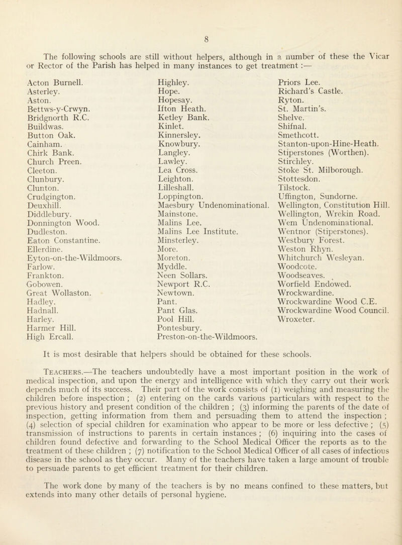 The following schools are still without helpers, although in a number of these the Vicar or Rector of the Parish has helped in many instances to get treatment :— Acton Burnell. Highley. Priors Lee. Asterley. Hope. Richard’s Castle. Aston. Hopesay. Ryton. Bettws-y-Crwyn. Ifton Heath. St. Martin's. Bridgnorth R.C. Ketley Bank. Shelve. Buildwas. Kinlet. Shifnal. Button Oak. Kinnersley. Smethcott. Cainham. Knowbury. Stanton-upon-Hine-Heath. Chirk Bank. Langley. Stiperstones (Worthen). Church Preen. Lawley. Stirchley. Cleeton. Lea Cross. Stoke St. Milborough. Clunbury. Leighton. Stottesdon. Clunton. Lilleshall. Tilstock. Crudgington. Loppington. Uffington, Sundorne. Deuxhill. Maesbury Undenominational. Wellington, Constitution Hill. Diddlebury. Mainstone. Wellington, Wrekin Road. Donnington Wood. Malins Lee. Wem Undenominational. Dudleston. Malins Lee Institute. Wentnor (Stiperstones). Eaton Constantine. Minsterley. Westbury Forest. Ellerdine. More. Weston Rhyn. Eyton-on-the-Wildmoors. Moreton. Whitchurch Wesleyan. Farlow. Myddle. Woodcote. Frankton. Neen Sollars. Woodseaves. Gobowen. Newport R.C. Worfield Endowed. Great Wollaston. Newtown. Wrockwardine. Hadley. Pant. Wrockwardine Wood C.E. Hadnall. Pant Glas. Wrockwardine Wood Council. Harley. Pool Hill. Wroxeter. Harmer Hill. Pontesbury. High Ercall. Preston-on-the-Wildmoors. It is most desirable that helpers should be obtained for these schools. Teachers.—The teachers undoubtedly have a most important position in the work of medical inspection, and upon the energy and intelligence with which they carry out their work depends much of its success. Their part of the work consists of (i) weighing and measuring the children before inspection ; (2) entering on the cards various particulars with respect to the previous history and present condition of the children ; (3) informing the parents of the date of inspection, getting information from them and persuading them to attend the inspection ; (4) selection of special children for examination who appear to be more or less defective ; (5) transmission of instructions to parents in certain instances ; (6) inquiring into the cases of children found defective and forwarding to the School Medical Officer the reports as to the treatment of these children ; (7) notification to the School Medical Officer of all cases of infectious disease in the school as they occur. Many of the teachers have taken a large amount of trouble to persuade parents to get efficient treatment for their children. The work done by many of the teachers is by no means confined to these matters, but extends into many other details of personal hygiene.