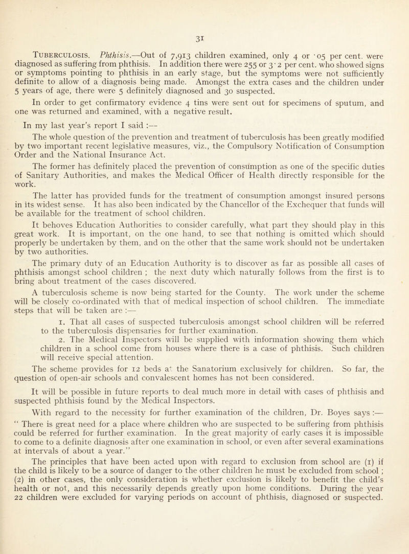 Tuberculosis. Phthisis.—Out of 7,913 children examined, only 4 or *05 percent, were diagnosed as suffering from phthisis. In addition there were 255 or 3 • 2 per cent, who showed signs or symptoms pointing to phthisis in an early stage, but the symptoms were not sufficiently definite to allow of a diagnosis being made. Amongst the extra cases and the children under 5 years of age, there were 5 definitely diagnosed and 30 suspected. In order to get confirmatory evidence 4 tins were sent out for specimens of sputum, and one was returned and examined, with a negative result. In my last year’s report I said :— The whole question of the prevention and treatment of tuberculosis has been greatly modified by two important recent legislative measures, viz., the Compulsory Notification of Consumption Order and the National Insurance Act. The former has definitely placed the prevention of consumption as one of the specific duties of Sanitary Authorities, and makes the Medical Officer of Health directly responsible for the work. The latter has provided funds for the treatment of consumption amongst insured persons in its widest sense. It has also been indicated by the Chancellor of the Exchequer that funds will be available for the treatment of school children. It behoves Education Authorities to consider carefully, what part they should play in this great work. It is important, on the one hand, to see that nothing is omitted which should properly be undertaken by them, and on the other that the same work should not be undertaken by two authorities. The primary duty of an Education Authority is to discover as far as possible all cases of phthisis amongst school children ; the next duty which naturally follows from the first is to bring about treatment of the cases discovered. A tuberculosis scheme is now being started for the County. The work under the scheme will be closely co-ordinated with that of medical inspection of school children. The immediate steps that will be taken are :— 1. That all cases of suspected tuberculosis amongst school children will be referred to the tuberculosis dispensaries for further examination. 2. The Medical Inspectors will be supplied with information showing them which children in a school come from houses where there is a case of phthisis. Such children will receive special attention. The scheme provides for 12 beds at the Sanatorium exclusively for children. So far, the question of open-air schools and convalescent homes has not been considered. It will be possible in future reports to deal much more in detail with cases of phthisis and suspected phthisis found by the Medical Inspectors. With regard to the necessity for further examination of the children. Dr. Boyes says :— “ There is great need for a place where children who are suspected to be suffering from phthisis could be referred for further examination. In the great majority of early cases it is impossible to come to a definite diagnosis after one examination in school, or even after several examinations at intervals of about a year.” The principles that have been acted upon with regard to exclusion from school are (i) if the child is likely to be a source of danger to the other children he must be excluded from school ; (2) in other cases, the only consideration is whether exclusion is likely to benefit the child’s health or not, and this necessarily depends greatly upon home conditions. During the year 22 children were excluded for varying periods on account of phthisis, diagnosed or suspected.