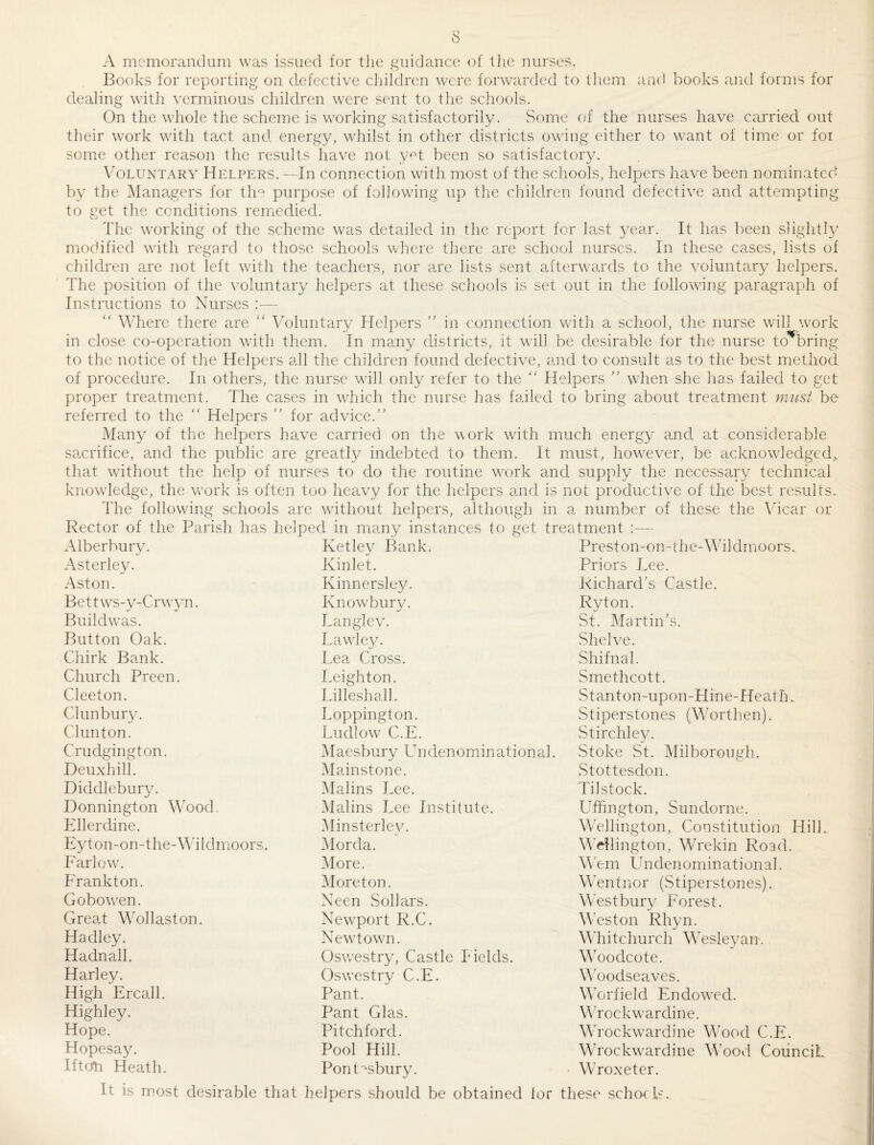 A memorandum was issued for the guidance of the nurses. Books for reporting on defective children were forwarded to them and books and forms for dealing with verminous children were sent to the schools. On the whole the scheme is working satisfactorily. .Some of the nurses have carried out their work with tact and. energy, whilst in other districts owing either to want of lime or foi some other reason the results have not y^^t been so satisfactory. Voluntary Helpers.—In connection with most of the schools, helpers have been nominated by the Managers for the purpose of following up the children found defective and attempting to get the conditions remedied. The working of the scheme was detailed in the report for last year. It has l)een slightly modified with regard to those schools where there are school nurses. In these cases, lists of children are not left with the teachers, nor are lists sent afterw'ards to the voluntary helpers. The position of the voluntary helpers at these schools is set out in the following paragraph of Instructions to Nurses :—■ “ Where there are “ Voluntary Helpers ” in connection with a school, the nurse will work in close co-operation with them. In many districts, it will be desirable for the nurse to’^bring to the notice of the Helpers all the children found defective, a.nd to consult as to the best method of procedure. In others, the nurse will only refer to the “ Helpers wiien she has failed to get proper treatment. The cases in which the nurse has failed to bring about treatment must be referred to the '' Helpers for advice.' Many of the helpers have carried on the work with much energy and. at considerable sacrifice, and the public are greatly indebted to them. It must, how^ever, be acknowledged,, that without the help of nurses to do the routine work and supply the necessary technical knowiedge, the work is often too heavy for the helpers and is not productive of the best results. The following schools are wdthout helpers, although in a number of these the Vicar or Rector of the Parish has h elped in many instances to get treatment ;— Alberbury. Ketlev Bank. Pr e s 10 n - 0 n -1 h e - V T1 drno 0 r s.. Asterley. Kinlet. Priors Lee. Aston. Kinnersley. Richard's Castle. Bettws-y-Crw^yn. Knowbury. Ryton. Buildvvas. Eanglev. St. Martin's. Button Oak. Lawley. Shelve. Chirk Bamk. Lea Cross. Shifnal. Church Preen. Leighton. Smethcott. Cleeton. Lilleshall. Stanton-upon-Hine-Heath. CiunburjL Loppington. Stiperstones (Worthen). Clunton. Ludlow C.E. Stirchley. Crudgington. Maesbury Lhidenomin ational. Stoke St. Milborough. Deuxhill. Mainstone. vStottesdon. Diddlebury. IMalins Lee. Tilstock. Donnington Wood, Malins Lee Institute. Uffington, Sundorne. Ellerdine. Minsterlev. Wellington,. Constitution Hill., Eyton-on-the-Wildmoors. Morda. Wellington, Wrekin Road. Farlow. More. Mem Lddenominational. Prank ton. More ton. Wentnor (Stiperstones). Gobowen. Neen wSohars. West bury Forest. Great Wollaston. Newport R.C. Weston Rhyn. Hadley. Newtown. MTitchurch Wesley air. Hadnall. Osv/estry, Castle Fields. Woodcote. Harley. Oswestry C.E. V oodseaves. High Ercall. Pant. Worfield Endowed. Highley. Pant Glas. WTockwardine. Hope. Pitch ford. Wrockwardine Wood C.E. Hopesay. Pool Hill. Wrockwardine Wood Council. Iftcth Heath. Pont'^sbury. - Wroxeter. It is most desirable that lielpers should be obtained lor these schods.