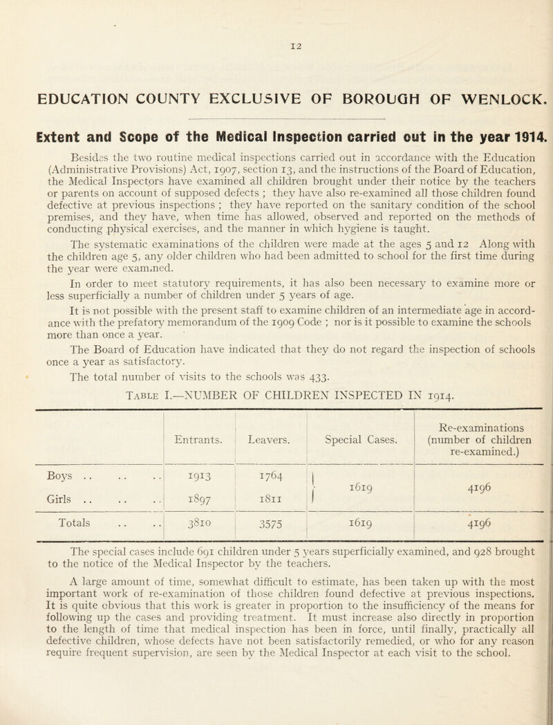 EDUCATION COUNTY EXCLUSIVE OF BOROUGH OF WENLOCK. Extent and Scope of the Medical Inspection carried out in the year 1914. Besides the two routine medical inspections carried out in accordance with the Education (Administrative Provisions) Act, 1907, section 13, and the instructions of the Board of Education, the Medical Inspectors have examined all children brought under their notice by the teachers or parents on account of supposed defects ; they have also re-exarnined all those children found defective at previous inspections ; they have reported on the sanitary condition of the school premises, and they have, when time has allowed, observed and reported on the methods of conducting physical exercises, and the manner in which hygiene is taught. The systematic examinations of the children were made at the ages 5 and 12 Along with the children age 5, any older children who had been admitted to school for the first time during the year were exammed. In order to meet statutory requirements, it has also been necessary to examine more or less superficially a number of children under 5 years of age. It is not possible with the present staff to examine children of an intermediate age in accord¬ ance with the prefatory memorandum of the 1909 Code ; nor is it possible to examine the schools more than once a year. The Board of Education have indicated that they do not regard the inspection of schools once a year as satisfaxtory. The total number of visits to the schools was 433. Table L—NUMBER OF CHILDREN INSPECTED IN 1914. Entrants. Leavers. Special Cases. Re-examinations (number of children re-examined.) Boys .. 1913 1764 !' 1619 4196 Girls .. 1897 1811 ) Totals 0 H CO CO 3575 1619 4196 The special cases include 691 children under 5 years superficially examined, and 928 brought to the notice of the Medical Inspector by the teachers. A large amount of time, somewhat difficult to estimate, has been taken up with the most important work of re-examination of those children found defective at previous inspections. It is quite obvious that this work is greater in proportion to the insufficiency of the means for following up the cases and providing treatment. It must increase also directly in proportion to the length of time that medical inspection has been in force, until finally, practically all defective children, whose defects have not been satisfactorily remedied, or who for any reason require frequent supervision, are seen by the iMedical Inspector at each visit to the school.