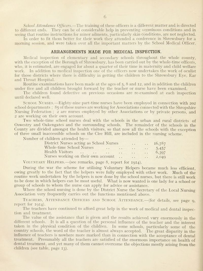 School Attendance Officers.—The training of these officers is a different matter and is directed to different ends. They can be of considerable help in preventing v-erminous conditions and in seeing that routine instructions for minor ailments, particularly skin conditions, are not neglected. In order to fit them better for their work they attended a conference in Shrewsbury for a morning session, and were taken over all the important matters by the School Medical Officer. ARRANGEMENTS MADE FOR MEDICAL INSPECTION. Medical inspection of elementary and secondary schools throughout the whole county, with the exception of the Borough of Shrewsbury, has been carried out by the whole-time officers, who, it is estimated, are engaged for about a quarter of their time in maternity and child welfare work. In addition to medical inspection one of the officers now undertakes the work of oculist for those districts where there is difficulty in getting the children to the Shrewsbury Eye, Ear and Throat Hospital. Routine examinations have been made at the ages of 5, 8 and 12, and in addition the children under five and all children brought forward by the teacher or nurse have been examined. The children found defective on previous occasions are re-examined at each inspection until declared well. School Nurses.—Eighty-nine part-time nurses have been employed in connection with 202 school departments ; 85 of these nurses are working for x\ssociations connected with the Shropshire Nursing Federation ; 2 are nurses employed by other Associations or by private persons, and 2 are working on their own account. Two whole-time school nurses deal with the schools in the urban and rural districts of Oswestry and Oakengates and the surrounding schools. The remainder of the schools in the County are divided amongst the health visitors, so that now all the schools with the exception of three small inaccessible schools on the Clee Hill, are included in the nursing scheme. Number of children attended by— District Nurses acting as School Nurses . . . . 16,787 Whole-time School Nurses . . . . . . . . 5,457 Health Visitors . . . . . . . . . . . . 6,397 Nurses working on their own account . . . . . . 2,049 Voluntary Helpers.—(see remarks, page 8, report for 1914). During the war the scheme for utilising Voluntary Helpers became much less efficient, owing greatly to the fact that the helpers were fully employed with other work. Much of the routine work undertaken by the helpers is now done by the school nurses, but there is still work to be done in which helpers can be most useful. What is now wanted is one lady for a school or group of schools to whom the nurse can apply for advice or assistance. Where the school nursing is done by the District Nurse the Secretary of the Local Nursing Association very frequently carries out the functions mentioned above. Teachers, Attendance Officers and School Attendance.—(for details, see page 9, report for 1914). The teachers have continued to afford great help in the work of medical and dental inspec¬ tion and treatment. The value of the assistance that is given and the results achieved vary enormously in the different schools. It is all a question of the personal influence of the teacher and the interest taken in the physical condition of the children. In some schools, particularly some of the country schools, the word of the teacher is almost always accepted. The great disparity in the influence of teachers is nowhere more marked tlian in connection with the acceptance of dental treatment. Presumably all the teachers are satisfied of the enormous importance on health of dental treatment, and yet many of them cannot overcome the objections mostly arising from the children (see table, page 13).