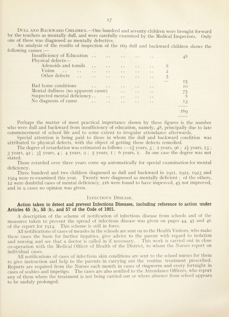 Dull and Backward Children. One hundred and seventy children were brought forward by the teachers as mentally dull, and were carefully examined by the Medical Inspectors. Only one of these was diagnosed as mentally defective. An analysis of the results of inspection of the 169 dull and backward children shows the following causes :— Insufficiency of Education . . . . . . . . .. qg Physical defects— Adenoids and tonsils . . . . . . .. .. 8 Vision . . . . . . . . . . . . . . 2 Other defects . . . . . . . . . . . . ^ Bad home conditions . . . . . . . . . . 10 Mental dullness (no apparent cause) . . . . . . 75 Suspected mental deficiency. . . . . . . . . . 8 No diagnosis of cause . . . . . . .. . . 13 Perhaps the matter of most practical importance shown by these figures is the number who were dull and backward from insufficiency of education, namely, 48, principally due to late commencement of school life and to some extent to irregular attendance afterwards. Special attention is being paid to those in whom the dull and backward condition was attributed to physical defects, with the object of getting these defects remedied. The degree of retardation was estimated as follows ij years, 3 ; 2 years, 96 ; 2\ years, 13 ; 3 years, 42 ; 3J years, 4 ; 4 years, 9 ; 5 years, 1 ; 6 years, 1. In one case the degree was not stated. Those retarded over three years come up automatically for special examination for mental deficiency. Three hundred and two children diagnosed as dull and backward in 1921, 1922, 1923 and 1924 were re-examined this year. Twenty were diagnosed as mentally deficient ; of the others, 12 were doubtful cases of mental deficiency, 216 were found to have improved, 45 not improved, and in 9 cases no opinion was given. Infectious Disease. Action taken to detect and prevent Infectious Diseases, including reference to action under Articles 45 (b), 53 (b), and 57 of the Code of 1921. A description of the scheme of notification of infectious disease from schools and of the measures taken to prevent the spread of infectious disease was given on pages 44, 45 and 46 of the report for 1914. This scheme is still in force. All notifications of cases of measles in the schools are sent on to the Health Visitors, who make these cases the basis for further inquiries, give advice to the parent with regard to isolation and nursing and see that a doctor is called in if necessary. This work is carried out in close co-operation with the Medical Officer of Health of the District, to whom the Nurses report on individual cases. All notifications of cases of infectious skin conditions are sent to the school nurses for them to give instruction and help to the parents in carrying out the routine treatment prescribed. Reports are required from the Nurses each month in cases of ringworm and every fortnight in cases of scabies and impetigo. The cases are also notified to the Attendance Officers, who report any of them where the treatment is not being carried out or where absence from school appears to be unduly prolonged.