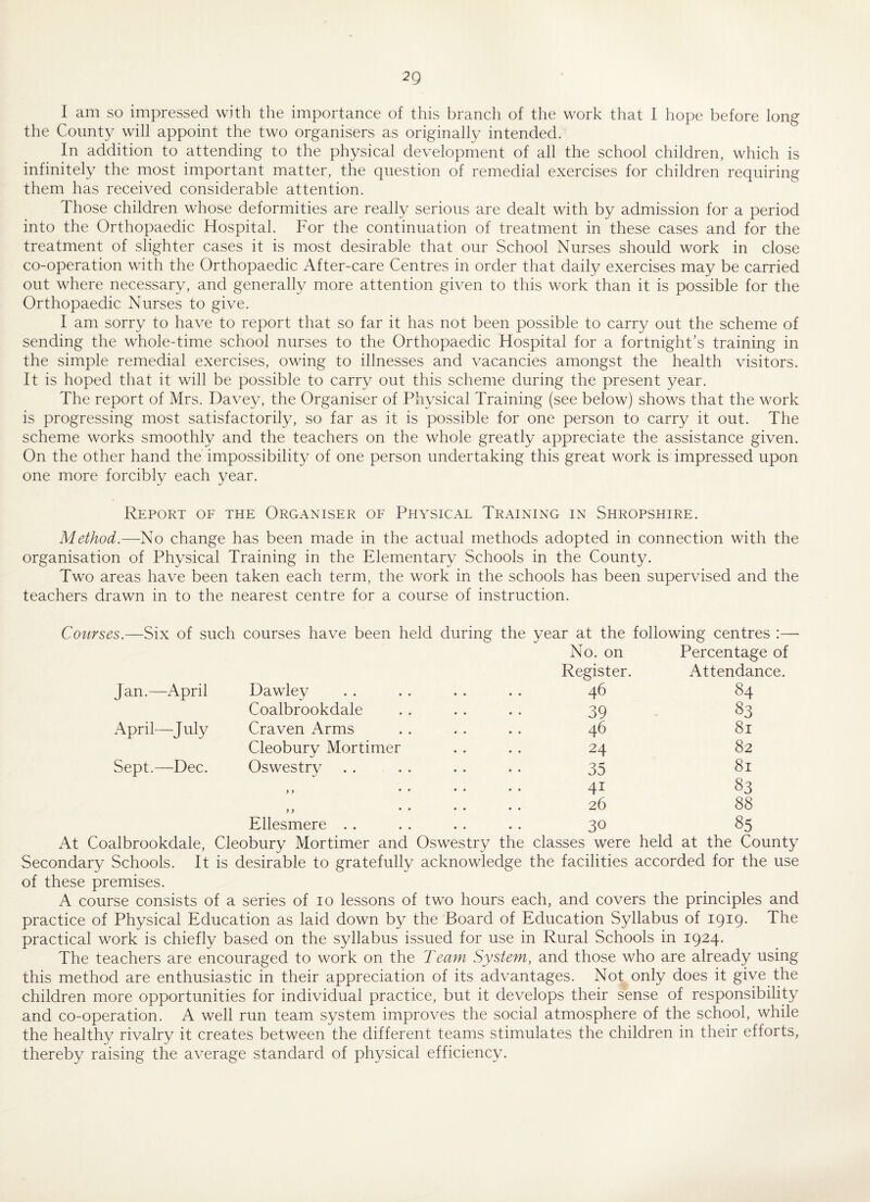 I am so impressed with the importance of this branch of the work that I hope before long the County will appoint the two organisers as originally intended. In addition to attending to the physical development of all the school children, which is infinitely the most important matter, the question of remedial exercises for children requiring them has received considerable attention. Those children whose deformities are really serious are dealt with by admission for a period into the Orthopaedic Hospital. For the continuation of treatment in these cases and for the treatment of slighter cases it is most desirable that our School Nurses should work in close co-operation with the Orthopaedic After-care Centres in order that daily exercises may be carried out where necessary, and generally more attention given to this work than it is possible for the Orthopaedic Nurses to give. I am sorry to have to report that so far it has not been possible to carry out the scheme of sending the whole-time school nurses to the Orthopaedic Hospital for a fortnight’s training in the simple remedial exercises, owing to illnesses and vacancies amongst the health visitors. It is hoped that it will be possible to carry out this scheme during the present year. The report of Mrs. Davey, the Organiser of Physical Training (see below) shows that the work is progressing most satisfactorily, so far as it is possible for one person to carry it out. The scheme works smoothly and the teachers on the whole greatly appreciate the assistance given. On the other hand the impossibility of one person undertaking this great work is impressed upon one more forcibly each year. Report of the Organiser of Physical Training in Shropshire. Method.—No change has been made in the actual methods adopted in connection with the organisation of Physical Training in the Elementary Schools in the County. Two areas have been taken each term, the work in the schools has been supervised and the teachers drawn in to the nearest centre for a course of instruction. Courses.—Six of such courses have been held during the year at the following centres :— No. on Percentage of Register. Attendance. Jan.—April Dawley 46 84 Coalbrookdale 39 83 April—July Craven Arms 46 81 Cleobury Mortimer 24 82 Sept.—Dec. Oswestry 35 81 y y 4i 83 yy 26 88 Ellesmere . . 30 85 At Coalbrookdale, Cleobury Mortimer and Oswestry the classes were held at the County Secondary Schools. It is desirable to gratefully acknowledge the facilities accorded for the use of these premises. A course consists of a series of io lessons of two hours each, and covers the principles and practice of Physical Education as laid down by the Board of Education Syllabus of 1919. The practical work is chiefly based on the syllabus issued for use in Rural Schools in 1924. The teachers are encouraged to work on the Team System, and those who are already using this method are enthusiastic in their appreciation of its advantages. Not only does it give the children more opportunities for individual practice, but it develops their sense of responsibility and co-operation. A well run team system improves the social atmosphere of the school, while the healthy rivalry it creates between the different teams stimulates the children in their efforts, thereby raising the average standard of physical efficiency.