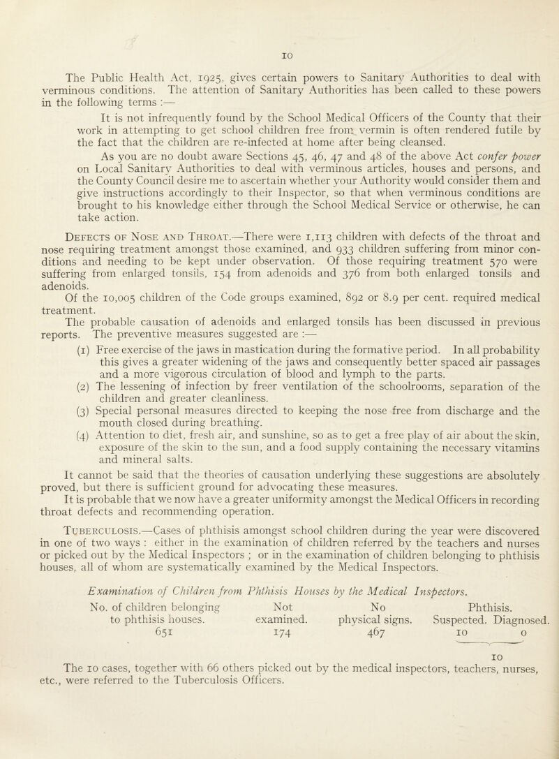 The Public Health Act, 1925, gives certain powers to Sanitary Authorities to deal with verminous conditions. The attention of Sanitary Authorities has been called to these powers in the following terms :— It is not infrequently found by the School Medical Officers of the County that their work in attempting to get school children free from vermin is often rendered futile by the fact that the children are re-infected at home after being cleansed. As you are no doubt aware Sections 45, 46, 47 and 48 of the above Act confer power on Local Sanitary Authorities to deal with verminous articles, houses and persons, and the County Council desire me to ascertain whether your Authority would consider them and give instructions accordingly to their Inspector, so that when verminous conditions are brought to his knowledge either through the School Medical Service or otherwise, he can take action. Defects of Nose and ThrOxVT.—There were 1,113 children with defects of the throat and nose requiring treatment amongst those examined, and 933 children suffering from minor con¬ ditions and needing to be kept under observation. Of those requiring treatment 570 were suffering from enlarged tonsils, 154 from adenoids and 376 from both enlarged tonsils and adenoids. Of the 10,005 children of the Code groups examined, 892 or 8.9 per cent, required medical treatment. The probable causation of adenoids and enlarged tonsils has been discussed in previous reports. The preventive measures suggested are :— (1) Free exercise of the jaws in mastication during the formative period. In all probability this gives a greater widening of the jaws and consequently better spaced air passages and a more vigorous circulation of blood and lymph to the parts. (2) The lessening of infection by freer ventilation of the schoolrooms, separation of the children and greater cleanliness. (3) Special personal measures directed to keeping the nose free from discharge and the mouth closed during breathing. (4) Attention to diet, fresh air, and sunshine, so as to get a free play of air about the skin, exposure of the skin to the sun, and a food supply containing the necessary vitamins and mineral salts. It cannot be said that the theories of causation underlying these suggestions are absolutely proved, but there is sufficient ground for advocating these measures. It is probable that we now have a greater uniformity amongst the Medical Officers in recording throat defects and recommending operation. Tuberculosis.—Cases of phthisis amongst school children during the year were discovered in one of two ways : either in the examination of children referred by the teachers and nurses or picked out by the Medical Inspectors ; or in the examination of children belonging to phthisis houses, all of whom are systematically examined by the Medical Inspectors. Examination of Children from Phthisis Houses by the Medical Inspectors. No. of children belonging Not No Phthisis. to phthisis houses. examined. physical signs. Suspected. Diagnosed. 651 174 467 10 o 10 The 10 cases, together with 66 others picked out by the medical inspectors, teachers, nurses, etc., were referred to the Tuberculosis Officers.