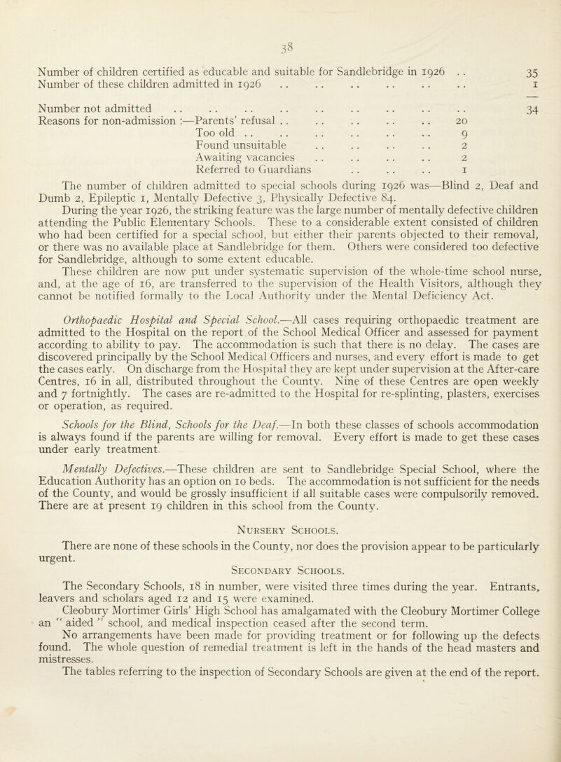 Number of children certified as educable and suitable for Sandlebridge in 1926 • • 35 Number of these children admitted in 1926 • • • • • • • • 1 Number not admitted • • • • • • 34 Reasons for non-admission :—Parents’ refusal • • • • • • 20 Too old • • • • • • 9 Found unsuitable • • • * s ♦ 2 Awaiting vacancies • • • • • « 2 Referred to Guardians • • • • • • I The number of children admitted to special schools during 1926 was—Blind 2, Deaf and Dumb 2, Epileptic 1, Mentally Defective 3, Physically Defective 84. During the year 1926, the striking feature was the large number of mentally defective children attending the Public Elementary Schools. These to a considerable extent consisted of children who had been certified for a special school, but either their parents objected to their removal, or there was no available place at Sandlebridge for them. Others were considered too defective for Sandlebridge, although to some extent educable. These children are now put under systematic supervision of the whole-time school nurse, and, at the age of 16, are transferred to the supervision of the Health Visitors, although they cannot be notified formally to the Local Authority under the Mental Deficiency Act. Orthopaedic Hospital and Special School.—All cases requiring orthopaedic treatment are admitted to the Hospital on the report of the School Medical Officer and assessed for payment according to ability to pay. The accommodation is such that there is no delay. The cases are discovered principally by the School Medical Officers and nurses, and every effort is made to get the cases early. On discharge from the Hospital they are kept under supervision at the After-care Centres, 16 in all, distributed throughout the County. Nine of these Centres are open weekly and 7 fortnightly. The cases are re-admitted to the Hospital for re-splinting, plasters, exercises or operation, as required. Schools for the Blind, Schools for the Deaf.—In both these classes of schools accommodation is always found if the parents are willing for removal. Every effort is made to get these cases under early treatment. Mentally Defectives.—These children are sent to Sandlebridge Special School, where the Education Authority has an option on 10 beds. The accommodation is not sufficient for the needs of the County, and would be grossly insufficient if all suitable cases were compulsorily removed. There are at present 19 children in this school from the County. Nursery Schools. There are none of these schools in the County, nor does the provision appear to be particularly urgent. Secondary Schools. The Secondary Schools, 18 in number, were visited three times during the year. Entrants, leavers and scholars aged 12 and 15 were examined. Cleobury Mortimer Girls’ High School has amalgamated with the Cleobury Mortimer College an  aided ” school, and medical inspection ceased after the second term. No arrangements have been made for providing treatment or for following up the defects found. The whole question of remedial treatment is left in the hands of the head masters and mistresses. The tables referring to the inspection of Secondary Schools are given at the end of the report..