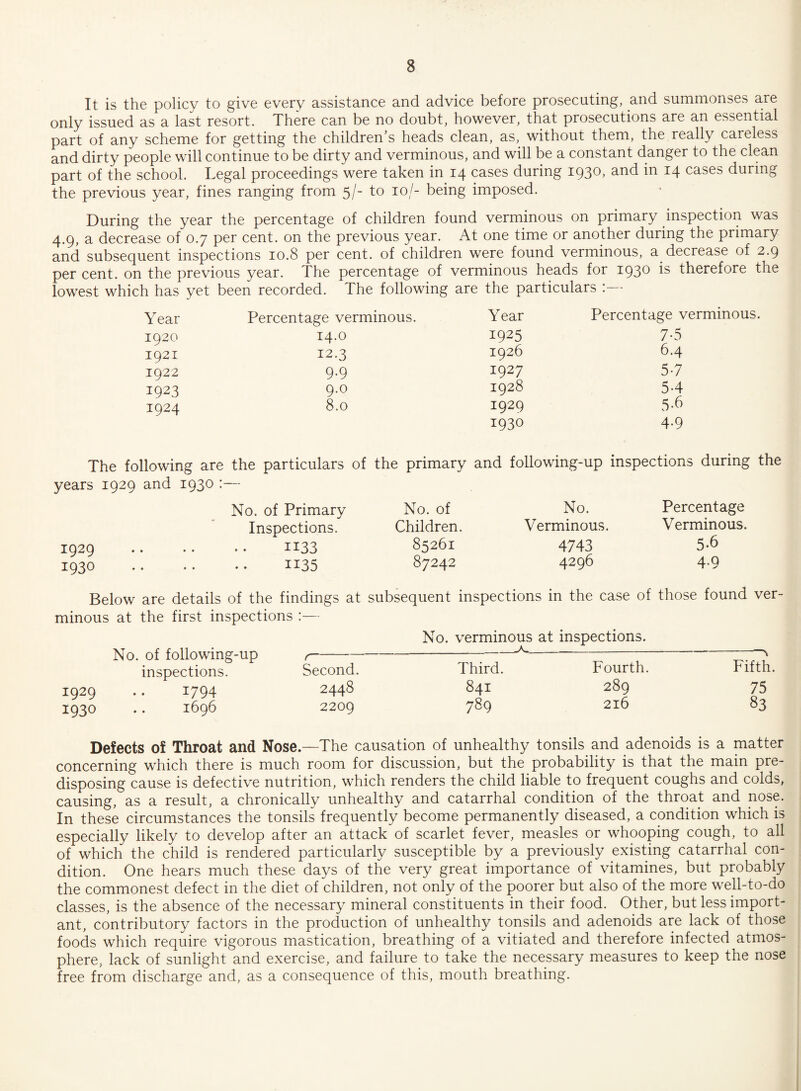 It is the policy to give every assistance and advice before prosecuting, and summonses are only issued as a last resort. There can be no doubt, however, that prosecutions are an essential part of any scheme for getting the children’s heads clean, as, without them, the really careless and dirty people will continue to be dirty and verminous, and will be a constant danger to the clean part of the school. Legal proceedings were taken in 14 cases during 1930, and in 14 cases during the previous year, fines ranging from 5/- to 10/- being imposed. During the year the percentage of children found verminous on primary inspection was 4.9, a decrease of 0.7 per cent, on the previous year. At one time or another during the primary and subsequent inspections 10.8 per cent, of children were found verminous, a decrease of 2.9 per cent, on the previous year. The percentage of verminous heads for 1930 is therefore the lowest which has yet been recorded. The following are the particulars : Year Percentage verminous. Year Percentage verminous 1920 14.0 i925 7-5 1921 12.3 1926 6.4 1922 9.9 1927 5-7 1923 9.0 1928 54 1924 8.0 1929 5-6 1930 4.9 The following are the particulars of the primary and following-up inspections during the years 1929 and 1930 :— 1929 1930 No. of Primary No. of No. Percentage Inspections. Children. Verminous. Verminous. 1133 85261 4743 5-6 1135 87242 4296 4.9 Below are details of the findings at subsequent inspections in the case of those found ver¬ minous at the first inspections :— No. of following-up inspections. 1929 .. 1794 1930 .. 1696 r- Second. 2448 2209 No. verminous at inspections. __-A._...- Third. Fourth. 841 289 789 216 Fifth. 75 83 Defects of Throat and Nose.—The causation of unhealthy tonsils and adenoids is a matter concerning which there is much room for discussion, but the probability is that the main pre¬ disposing cause is defective nutrition, which renders the child liable to frequent coughs and colds, causing, as a result, a chronically unhealthy and catarrhal condition of the throat and nose. In these circumstances the tonsils frequently become permanently diseased, a condition which is especially likely to develop after an attack of scarlet fever, measles or whooping cough, to all of which the child is rendered particularly susceptible by a previously existing catarrhal con¬ dition. One hears much these days of the very great importance of vitamines, but probably the commonest defect in the diet of children, not only of the poorer but also of the more well-to-do classes, is the absence of the necessary mineral constituents in their food. Other, but less import¬ ant, contributory factors in the production of unhealthy tonsils and adenoids are lack of those foods which require vigorous mastication, breathing of a vitiated and therefore infected atmos¬ phere, lack of sunlight and exercise, and failure to take the necessary measures to keep the nose free from discharge and, as a consequence of this, mouth breathing.