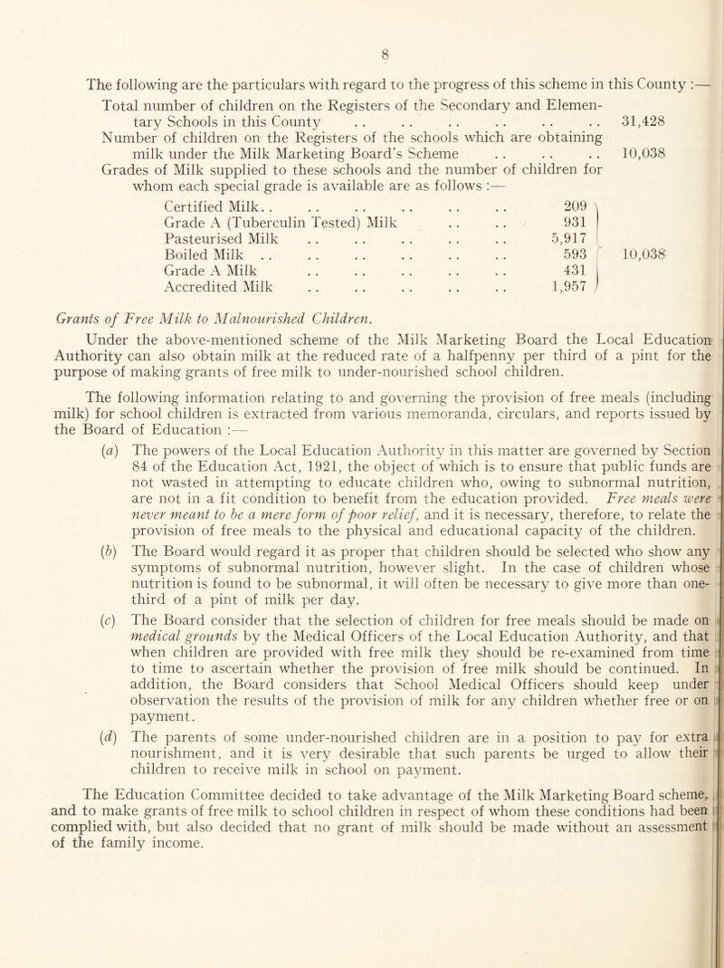 The following are the particulars with regard to the progress of this scheme in this County :— Total number of children on the Registers of the Secondary and Elemen- tary Schools in this County * • • 31,428 Number of children on the Registers of the schools which are obtaining milk under the Milk Marketing Board’s Scheme • • • 10,038 Grades of Milk supplied to these schools and the number of children for whom each special grade is available are as follows Certified Milk. . 209 ) Grade A (Tuberculin Tested) Milk 931 Pasteurised Milk 5,917 Boiled Milk 593 10,038 Grade Milk 431 Accredited Milk 1,957 J Grants of Tree Milk to Malnourished Children. Under the above-mentioned scheme of the Milk Marketing Board the Local Education^ Authority can also obtain milk at the reduced rate of a halfpenny per third of a pint for the purpose of making grants of free milk to under-nourished school children. The following information relating to and governing the provision of free meals (including milk) for school children is extracted from various memoranda, circulars, and reports issued by the Board of Education :— {a) The powers of the Local Education Authority in this matter are governed by Section 84 of the Education Act, 1921, the object of which is to ensure that public funds are not wasted in attempting to educate children who, owing to subnormal nutrition, are not in a fit condition to benefit from the education provided. Free meals were never meant to he a mere form of poor relief, and it is necessary, therefore, to relate the provision of free meals to the physical and educational capacity of the children. (h) The Board would regard it as proper that children should be selected who show any symptoms of subnormal nutrition, however slight. In the case of children whose nutrition is found to be subnormal, it will often be necessary to give more than one- third of a pint of milk per day. (c) The Board consider that the selection of children for free meals should be made on medical grounds by the Medical Officers of the Local Education Authority, and that when children are provided with free milk they should be re-examined from time '■ to time to ascertain whether the provision of free milk should be continued. In addition, the Board considers that School Medical Officers should keep under observation the results of the provision of milk for any children whether free or on |; I payment. i (d) The parents of some under-nourished children are in a position to pay for extra b: nourishment, and it is very desirable that such parents be urged to allow their ' ' children to receive milk in school on payment. The Education Committee decided to take advantage of the Milk Marketing Board scheme,. | and to make grants of free milk to school children in respect of whom these conditions had been i complied with, but also decided that no grant of milk should be made without an assessment! of the family income. i