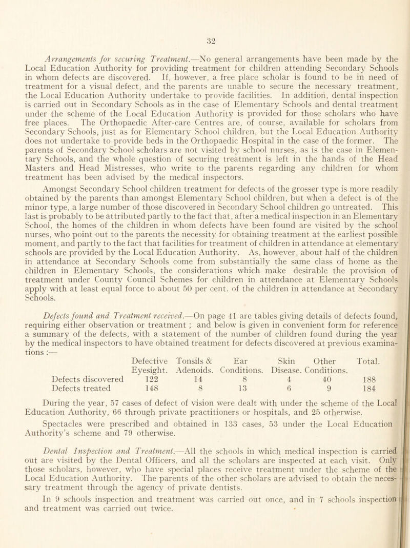Arrangements for securing Treatment.—No general arrangements have been made by the Local Education Authority for providing treatment for children attending Secondary Schools in whom defects are discovered. If, however, a free place scholar is found to be in need of treatment for a visual defect, and the parents are unable to secure the necessary treatment, the Local Education Authority undertake to provide facilities. In addition, dental inspection is carried out in Secondary Schools as in the case of Elementary Schools and dental treatment under the scheme of the Local Education Authority is provided for those scholars who have free places. The Orthopaedic After-care Centres are, of course, available for scholars from Secondary Schools, just as for Elementary School children, but the Local Education Authority does not undertake to provide beds in the Orthopaedic Hospital in the case of the former. The parents of Secondary School scholars are not visited by school nurses, as is the case in Elemen¬ tary Schools, and the whole question of securing treatment is left in the hands of the Head Masters and Head Mistresses, who write to the parents regarding any children for whom treatment has been advised by the medical inspectors. Amongst Secondary School children treatment for defects of the grosser type is more readily obtained by the parents than amongst Elementary School children, but when a defect is of the minor type, a large number of those discovered in Secondary School children go untreated. This last is probably to be attributed partly to the fact that, after a medical inspection in an Elementary School, the homes of the children in whom defects have been found are visited by the school nurses, who point out to the parents the necessity for obtaining treatment at the earliest possible moment, and partly to the fact that facilities for treatment of children in attendance at elementary schools are provided by the Local Education Authorit}^ As, however, about half of the children in attendance at Secondary Schools come from substantially the same class of home as the children in Elementary Schools, the considerations which make desirable the provision of treatment under County Council Schemes for children in attendance at Elementary Schools apply with at least equal force to about 50 per cent, of the children in attendance at Secondary Schools. Defects found and Treatment received.—On page 41 are tables giving details of defects found, requiring either observation or treatment ; and below is given in convenient form for reference a summary of the defects, with a statement of the number of children found during the year by the medical inspectors to have obtained treatment for defects discovered at previous examina¬ tions :— Defective Tonsils & Ear Skin Other Total Eyesight. Adenoids. Conditions. Disease. Conditions. Defects discovered 122 14 8 4 40 188 Defects treated 148 8 13 6 9 184 During the year, 57 cases of defect of vision were dealt with under the scheme of the Local Education Authority, 66 through private practitioners or hospitals, and 25 otherwise. Spectacles were prescribed and obtained in 133 cases, 53 under the Local Education Authority’s scheme and 79 otherwise. Dental Inspection and Treatment.—x\ll the schools in which medical inspection is carried out are visited by the Dental Officers, and all the scholars are inspected at each visit. Only those scholars, however, who have special places receive treatment under the scheme of the Local Education Authority. The parents of the other scholars are advised to obtain the neces¬ sary treatment through the agency of private dentists. In 9 schools inspection and treatment was carried out once, and in 7 schools inspection and treatment was carried out twice.