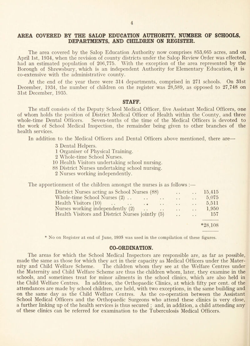 AREA COVERED BY THE SALOP EDUCATION AUTHORITY, NUMBER OF SCHOOLS, DEPARTMENTS, AND CHILDREN ON REGISTER. The area covered by the Salop Education Authority now comprises 853,665 acres, and on April 1st, 1934, when the revision of county districts under the Salop Review Order was effected, had an estimated population of 206,775. With the exception of the area represented by the Borough of Shrewsbury, which is an independent Authority for Elementary Education, it is co-extensive with the administrative county. At the end of the year there were 314 departments, comprised in 271 schools. On 31st December, 1934, the number of children on the register was 28,589, as opposed to 27,748 on 31st December, 1935. STAFF. The staff consists of the Deputy School Medical Officer, five Assistant Medical Officers, one of whom holds the position of District Medical Officer of Health within the County, and three whole-time Dental Officers. Seven-tenths of the time of the Medical Officers is devoted to the work of School Medical Inspection, the remainder being given to other branches of the health services. In addition to the Medical Officers and Dental Officers above mentioned, there are— 3 Dental Helpers. 1 Organiser of Physical Training. 2 Whole-time School Nurses. 10 Health Visitors undertaking school nursing. 88 District Nurses undertaking school nursing. 2 Nurses working independently. The apportionment of the children amongst the nurses is as follows :— District Nurses acting as School Nurses (88) . . . . 15,415 Whole-time School Nurses (2) . . . . . . . . . . 5,075 Health Visitors (10) . . . . . . . . .. . . 5,511 Nurses working independently (2) . . . . . . . . 1,950 Health Visitors and District Nurses jointly (5) . . . . 157 *28,108 * No on Register at end of June, 1935 was used in the compilation of these figures. CO-ORDINATION. The areas for which the School Medical Inspectors are responsible are, as far as possible, made the same as those for which they act in their capacity as Medical Officers under the Mater¬ nity and Child Welfare Scheme. The children whom they see at the Welfare Centres under the Maternity and Child Welfare Scheme are thus the children whom, later, they examine in the schools, and sometimes treat for minor ailments in the school clinics, which are also held in the Child Welfare Centres. In addition, the Orthopaedic Clinics, at which fifty per cent, of the attendances are made by school children, are held, with two exceptions, in the same building and on the same day as the Child Welfare Centres. As the co-operation between the Assistant School Medical Officers and the Orthopaedic Surgeons who attend these clinics is very close, a further linking up of the health services is thus secured ; and, in addition, a child attending any of these clinics can be referred for examination to the Tuberculosis Medical Officers.