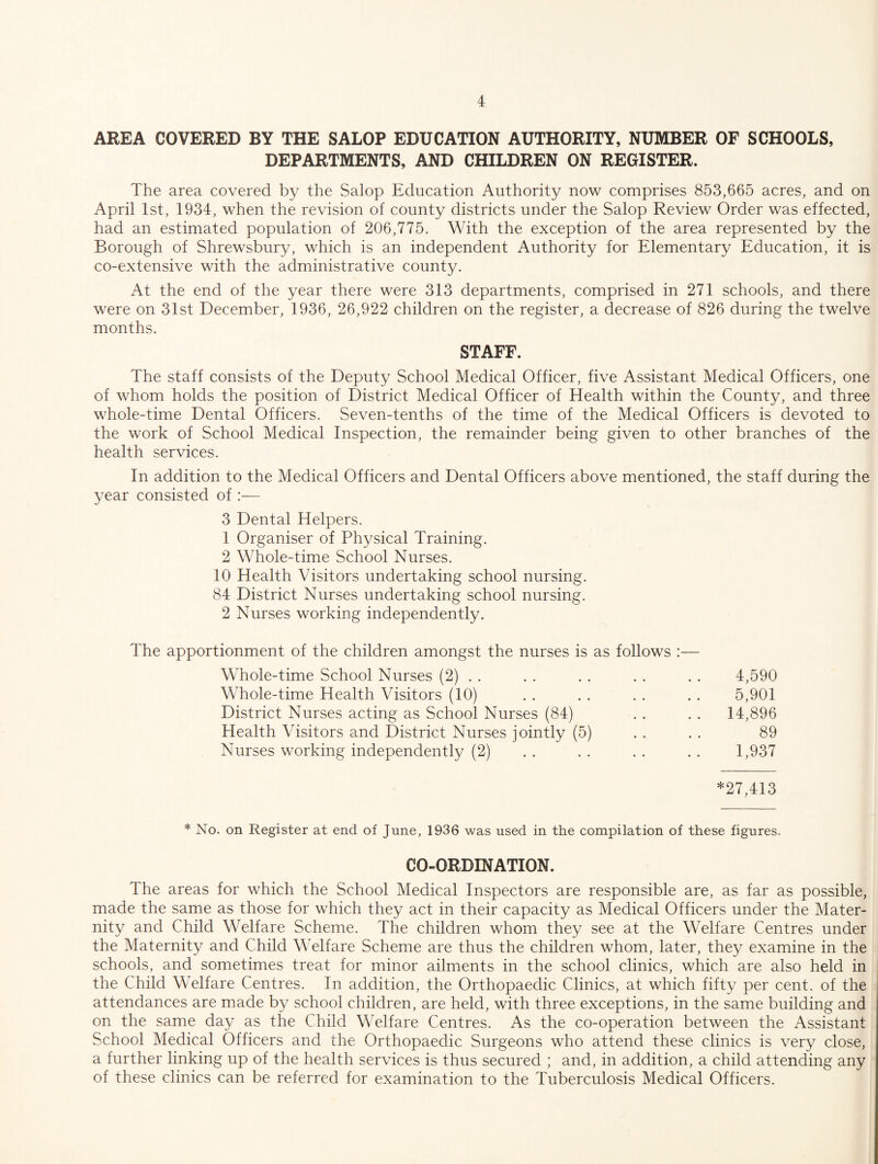 AREA COVERED BY THE SALOP EDUCATION AUTHORITY, NUMBER OF SCHOOLS, DEPARTMENTS, AND CHILDREN ON REGISTER. The area covered by the Salop Education Authority now comprises 853,665 acres, and on April 1st, 1934, when the revision of county districts under the Salop Review Order was effected, had an estimated population of 206,775. With the exception of the area represented by the Borough of Shrewsbury, which is an independent Authority for Elementary Education, it is co-extensive with the administrative county. At the end of the year there were 313 departments, comprised in 271 schools, and there were on 31st December, 1936, 26,922 children on the register, a decrease of 826 during the twelve months. STAFF. The staff consists of the Deputy School Medical Officer, five Assistant Medical Officers, one of whom holds the position of District Medical Officer of Health within the County, and three whole-time Dental Officers. Seven-tenths of the time of the Medical Officers is devoted to the work of School Medical Inspection, the remainder being given to other branches of the health services. In addition to the Medical Officers and Dental Officers above mentioned, the staff during the year consisted of :— 3 Dental Helpers. 1 Organiser of Physical Training. 2 Whole-time School Nurses. 10 Health Visitors undertaking school nursing. 84 District Nurses undertaking school nursing. 2 Nurses working independently. The apportionment of the children amongst the nurses is as follows :— Whole-time School Nurses (2) . . Whole-time Health Visitors (10) District Nurses acting as School Nurses (84) Health Visitors and District Nurses jointly (5) Nurses working independently (2) 4,590 5,901 14,896 89 1,937 *27,413 * No. on Register at end of June, 1936 was used in the compilation of these figures. CO-ORDINATION. The areas for which the School Medical Inspectors are responsible are, as far as possible, made the same as those for which they act in their capacity as Medical Officers under the Mater¬ nity and Child Welfare Scheme. The children whom they see at the Welfare Centres under the Maternity and Child Welfare Scheme are thus the children whom, later, they examine in the schools, and sometimes treat for minor ailments in the school clinics, which are also held in the Child Welfare Centres. In addition, the Orthopaedic Clinics, at which fifty per cent, of the attendances are made by school children, are held, with three exceptions, in the same building and on the same day as the Child Welfare Centres. As the co-operation between the Assistant School Medical Officers and the Orthopaedic Surgeons who attend these clinics is very close, a further linking up of the health services is thus secured ; and, in addition, a child attending any of these clinics can be referred for examination to the Tuberculosis Medical Officers.