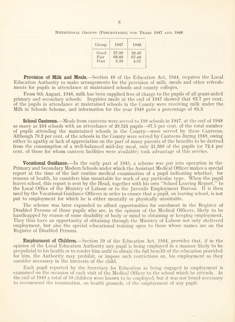 Nutritional Groups (Percentages) for Years 1947 and 1948 Group 1947 1948 Good 27.99 28.45 Fair 68.66 67.48 Poor 3.33 4.07 Provision of Milk and Meals.—Section 49 of the Education Act, 1944, requires the Local Education Authority to make arrangements for the provision of milk, meals and other refresh¬ ments for pupils in attendance at maintained schools and county colleges. From 6th August, 1946, milk has been supplied free of charge to the pupils of all grant-aided primary and secondary schools. Inquiries made at the end of 1947 showed that 83.7 per cent, of the pupils in attendance at maintained schools in the County were receiving milk under the Milk in Schools Scheme, and information for the year 1948 gave a percentage of 83.3 School Canteens.—Meals from canteens were served to 198 schools in 1947, at the end of 1948 as many as 244 schools with an attendance of 29,524 pupils—87.5 per cent, of the total number of pupils attending the maintained schools in the County—were served by these Canteens. Although 79.2 per cent, of the schools in the County were served by Canteens during 1948, owing either to apathy or lack of appreciation on the part of many parents of the benefits to be derived from the consumption of a well-balanced mid-day meal, only 21,368 of the pupils (or 72.4 per cent, of those for whom canteen facilities were available) took advantage of this service. Vocational Guidance.—In the early part of 1945, a scheme was put into operation in the Primary and Secondary Modern Schools under which the Assistant Medical Officer makes a special report at the time of the last routine medical examination of a pupil indicating whether, for reasons of health, he considers him unsuitable for work of any particular type. When the pupil leaves school, this report is sent by the Head, together with his own “School Leaving Report,” to the Local Office of the Ministry of Labour or to the Juvenile Employment Bureau. It is then used by the Vocational Guidance Officers in order to ensure that a pupil, on leaving school, is not put to employment for which he is either mentally or physically unsuitable. The scheme was later expanded to afford opportunities for enrolment in the Register of Disabled Persons of those pupils who are, in the opinion of the Medical Officers, likely to be handicapped by reason of some disability of body or mind in obtaining or keeping employment. They thus have an opportunity of obtaining through the Ministry of Labour not only sheltered employment, but also the special educational training open to those whose names are on the Register of Disabled Persons. Employment o£ Children.—Section 59 of the Education Act, 1944, provides that, if in the opinion of the Local Education Authority any pupil is being employed in a manner likely to be prejudicial to his health or to render him unfit to obtain the full benefit of the education provided for him, the Authority may prohibit, or impose such restrictions on, his employment as they consider necessary in the interests of the child. Each pupil reported by the Secretary for Education as being engaged in employment is examined on the occasion of each visit of the Medical Officer to the school which he attends. At the end of 1948 a total of 58 children were known to be employed, but it was not found necessary to recommend the termination, on health grounds, of the employment of any pupil.