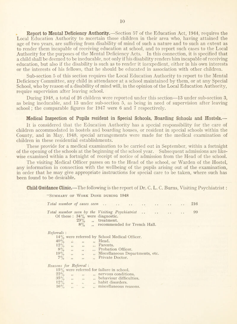 Report to Mental Deficiency Authority.—Section 57 of the Education Act, 1944, requires the Local Education Authority to ascertain those children in their area who, having attained the age of two years, are suffering from disability of mind of such a nature and to such an extent as to render them incapable of receiving education at school, and to report such cases to the Local Authority for the purposes of the Mental Deficiency Acts. In this connection, it is specified that a child shall be deemed to be ineducable, not only if his disability renders him incapable of receiving education, but also if the disability is such as to render it inexpedient, either in his own interests or the interests of his fellows, that he should be educated in association with other children. Sub-section 5 of this section requires the Local Education Authority to report to the Mental Deficiency Committee, any child in attendance at a school maintained by them, or at any Special School, who by reason of a disability of mind will, in the opinion of the Local Education Authority, require supervision after leaving school. During 1948, a total of 26 children were reported under this section—13 under sub-section 3, as being ineducable, and 13 under sub-section 5, as being in need of supervision after leaving school; the comparable figures for 1947 were 6 and 7 respectively. Medical Inspection of Pupils resident in Special Schools, Boarding Schools and Hostels.— It is considered that the Education Authority has a special responsibility for the care of children accommodated in hostels and boarding houses, or resident in special schools within the County, and in May, 1948, special arrangements were made for the medical examination of children in these residential establishments. These provide for a medical examination to be carried out in September, within a fortnight of the opening of the schools at the beginning of the school year. Subsequent admissions are like¬ wise examined within a fortnight of receipt of notice of admission from the Head of the school. The visiting Medical Officer passes on to the Head of the school, or Warden of the Hostel, any information in connection with the wellbeing of the pupils arising out of the examination, in order that he may give appropriate instructions for special care to be taken, where such has been found to be desirable. Child Guidance Clinic.—The following is the report of Dr. C. L. C. Burns, Visiting Psychiatrist : “Summary of Work Done during 1948 Total number of cases seen . . . . . . . . . . . . . . 216 Total number seen by the Visiting Psychiatrist . . . . . . . . 99 Of these : 34% were diagnostic. 23% ,, treatment. 8% ,, recommended for Trench Hall. Referrals : 14% were referred by School Medical Officer. 40% „ „ Head. 12% „ ., Parents. 8°/ 0 /o >> >> ,, Probation Officer. 19°/ /o >> >‘ ,, Miscellaneous Departments, etc. 7°/ • /o >> >> „ Private Doctor. Reasons for Referral : 15% were referred for failure in school. 22% ,, ,, ,, nervous conditions. 35% ,, ,, ,, behaviour difficulties. 12% ,, ,, ,, habit disorders. 16% ,, ,, ,, miscellaneous reasons.