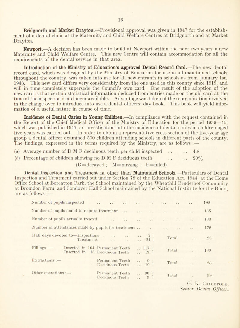 Bridgnorth and Market Drayton.—Provisional approval was given in 1947 for the establish¬ ment of a dental clinic at the Maternity and Child Welfare Centres at Bridgnorth and at Market Drayton. Newport.—A decision has been made to build at Newport within the next two years, a new Maternity and Child Welfare Centre. This new Centre will contain accommodation for all the requirements of the dental service in that area. % Introduction of the Ministry of Education’s approved Dental Record Card.—The new dental record card, which was designed by the Ministry of Education for use in all maintained schools throughout the country, was taken into use for all new entrants in schools as from January 1st, 1948. This new card differs very considerably from the one used in this county since 1919, and will in time completely supersede the Council’s own card. One result of the adoption of the new card is that certain statistical information deduced from entries made on the old card at the time of the inspection is no longer available. Advantage was taken of the reorganisation involved in the change over to introduce into use a dental officers’ day book. This book will yield infor¬ mation of a useful nature in course of time. Incidence of Dental Caries in Young Children.—In compliance with the request contained in the Report of the Chief Medical Officer of the Ministry of Education for the period 1939—45, which was published in 1947, an investigation into the incidence of dental caries in children aged five years was carried out. In order to obtain a representative cross section of the five-year age group a dental officer examined 500 children attending schools in different parts of the county. The findings, expressed in the terms required by the Ministry, are as follows :— (a) Average number of D M F deciduous teeth per child inspected . . . . 4.8 (b) Percentage of children showing no D M F deciduous teeth . . . . 20% (D = decayed ; M=missing ; F=filled) Dental Inspection and Treatment in other than Maintained Schools.—Particulars of Dental Inspection and Treatment carried out under Section 78 of the Education Act, 1944, at the Home Office School at Boreatton Park, the School maintained by the Wheathill Bruderhof Community at Bromdon Farm, and Condover Hall School maintained by the National Institute for the Blind, are as follows :— Number of pupils inspected 198 Number of pupils found to require treatment 135 Number of pupils actually treated . . 130 Number of attendances made by pupils for treatment . . • • . . 176 Half days devoted to—Inspections —Treatment 2 ) 21 J Total 23 Fillings :— Inserted in 104 Permanent Teeth Inserted in 13 Deciduous Teeth 117 1 13 } Total 130 Extractions :— Permanent Teeth Deciduous Teeth 9 l 19 1 Total 28 Other operations :— Permanent Teeth Deciduous Teeth 90 1 9 f Total 99 G. R. Catchpole, Senior Dental Officer.
