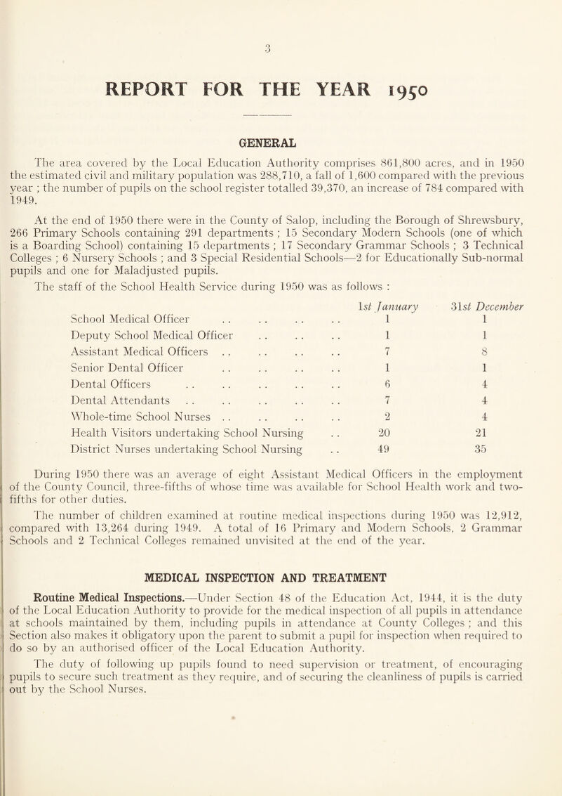 o O REPORT FOR THE YEAR 1950 GENERAL The area covered by the Local Education Authority comprises 861,800 acres, and in 1950 the estimated civil and military population was 288,710, a fall of 1,600 compared with the previous year ; the number of pupils on the school register totalled 39,370, an increase of 784 compared with 1949. At the end of 1950 there were in the County of Salop, including the Borough of Shrewsbury, 266 Primary Schools containing 291 departments ; 15 Secondary Modern Schools (one of which is a Boarding School) containing 15 departments ; 17 Secondary Grammar Schools ; 3 Technical Colleges ; 6 Nursery Schools ; and 3 Special Residential Schools—2 for Educationally Sub-normal pupils and one for Maladjusted pupils. The staff of the School Health Service during 1950 was as follows : 1 st January 31st December School Medical Officer ........ 1 1 Deputy School Medical Officer ...... 1 1 Assistant Medical Officers ........ 7 8 Senior Dental Officer ........ 1 1 Dental Officers . . . . . . . . . . 6 4 Dental Attendants . . . . . . . . . . 7 4 Whole-time School Nurses ........ 2 4 Health Visitors undertaking School Nursing . . 20 21 District Nurses undertaking School Nursing . . 49 35 During 1950 there was an average of eight Assistant Medical Officers in the employment of the County Council, three-fifths of whose time was available for School Health work and two- fifths for other duties. The number of children examined at routine medical inspections during 1950 was 12,912, compared with 13,264 during 1949. A total of 16 Primary and Modern Schools, 2 Grammar Schools and 2 Technical Colleges remained unvisited at the end of the year. MEDICAL INSPECTION AND TREATMENT Routine Medical Inspections.—Under Section 48 of the Education Act, 1944, it is the duty of the Local Education Authority to provide for the medical inspection of all pupils in attendance at schools maintained by them, including pupils in attendance at County Colleges ; and this Section also makes it obligatory upon the parent to submit a pupil for inspection when required to do so by an authorised officer of the Local Education Authority. The duty of following up pupils found to need supervision or treatment, of encouraging pupils to secure such treatment as they require, and of securing the cleanliness of pupils is carried out by the School Nurses. t