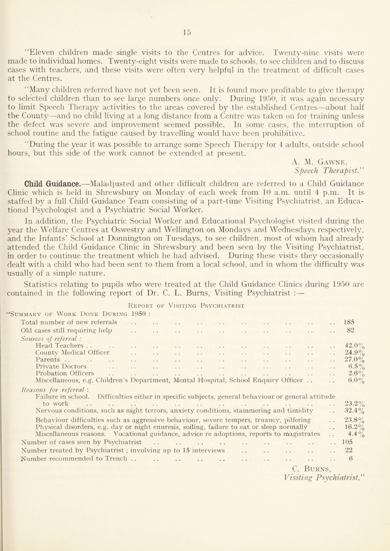 “Eleven children made single visits to the Centres for advice. Twenty-nine visits were made to individual homes. Twenty-eight visits were made to schools, to see children and to discuss cases with teachers, and these visits were often very helpful in the treatment of difficult cases at the Centres. “Many children referred have not yet been seen. It is found more profitable to give therapy to selected children than to see large numbers once only. During 1950, it was again necessary to limit Speech Therapy activities to the areas covered by the established Centres—about half the County—and no child living at a long distance from a Centre was taken on for training unless the defect was severe and improvement seemed possible. In some cases, the interruption of school routine and the fatigue caused by travelling would have been prohibitive. “During the year it was possible to arrange some Speech Therapy for 4 adults, outside school hours, but this side of the work cannot be extended at present. A. M. Gx\wne, Speech Therapist.” Child Guidance.—Maladjusted and other difficult children are referred to a Child Guidance Clinic which is held in Shrewsbury on Monday of each week from 10 a.m. until 4 p.m. It is staffed by a full Child Guidance Team consisting of a part-time Visiting Psychiatrist, an Educa¬ tional Psychologist and a Psychiatric Social Worker. In addition, the Psychiatric Social Worker and Educational Psychologist visited during the year the Welfare Centres at Oswestry and Wellington on Mondays and Wednesdays respectively, and the Infants’ School at Donnington on Tuesdays, to see children, most of whom had already attended the Child Guidance Clinic in Shrewsbury and been seen by the Visiting Psychiatrist, in order to continue the treatment which he had advised. During these visits they occasionally dealt with a child who had been sent to them from a local school, and in whom the difficulty was usually of a simple nature. Statistics relating to pupils who were treated at the Child Guidance Clinics during 1950 are contained in the following report of Dr. C. L. Burns, Visiting Psychiatrist Report of Visiting Psychiatrist * “Summary of Work Done During 1950 : Total number of new referrals Old cases still requiring help Sources of referral- : Head Teachers County Medical Officer Parents Private Doctors Probation Officers Miscellaneous, e.g. Children’s Department, Mental Hospital, School Enquiry Officer Reasons for referral : Failure in school. Difficulties either in specific subjects, general behaviour or general attitude to work Nervous conditions, such as night terrors, anxiety conditions, stammering and timidity Behaviour difficulties such as aggressive behaviour, severe tempers, truancy, pilfering Physical disorders, e.g. day or night enuresis, soiling, failure to eat or sleep normally Miscellaneous reasons. Vocational guidance, advice re adoptions, reports to magistrates Number of cases seen by Psychiatrist Number treated by Psychiatrist ; involving up to 15 interviews Number recommended to Trench C. Burns, Visiting Psychiatrist. 185 82 42.0% 24.9% 27.0% 6.5% 2.6% 6.0% 23.2% 32.4% 23.8% 16.2% 4.4% 105 22 6