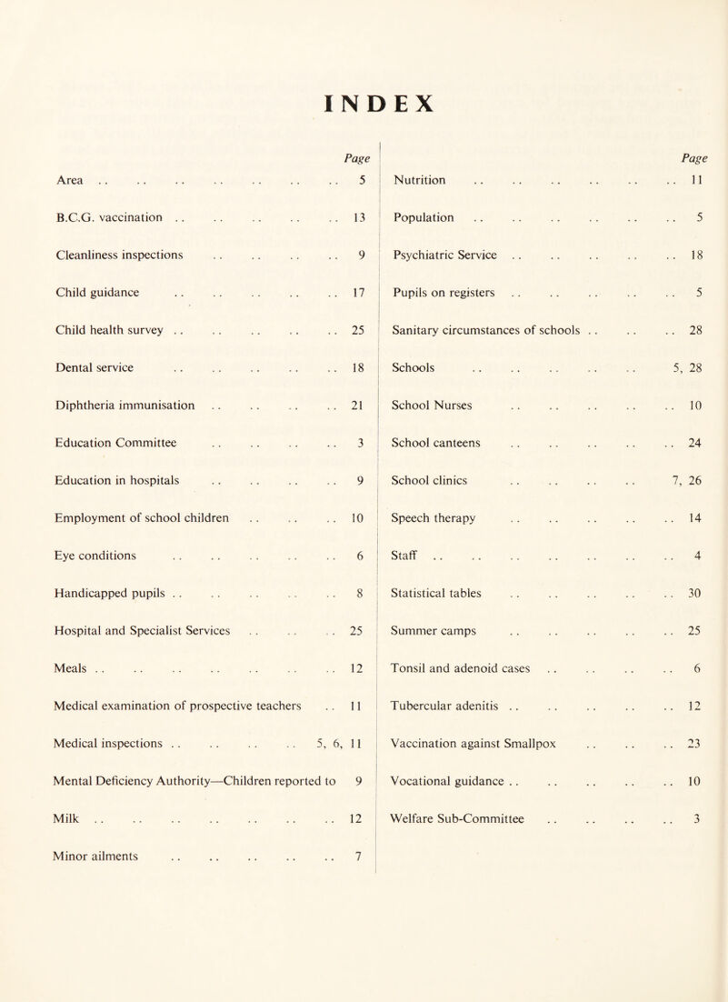 INDEX Page Area .. .. .. .. .. .. .. 5 B.C.G. vaccination .. .. .. .. .. 13 Cleanliness inspections .. .. .. .. 9 Child guidance .. .. .. .. .. 17 Child health survey .. .. .. .. .. 25 Dental service .. .. .. . . .. 18 Diphtheria immunisation .. .. .. .. 21 Education Committee .. .. .. .. 3 Education in hospitals .. .. .. .. 9 Employment of school children .. .. .. 10 Eye conditions .. .. . . . . .. 6 Elandicapped pupils .. . . .. .. .. 8 Hospital and Specialist Services . . .. 25 Meals .. .. .. .. .. .. ..12 Medical examination of prospective teachers .. 11 Medical inspections . . . . . . . . 5, 6, 11 Mental Deficiency Authority—Children reported to 9 Milk 12 Nutrition Population Psychiatric Service Pupils on registers Sanitary circumstances of schools .. Schools School Nurses School canteens School clinics Speech therapy Staff Statistical tables Summer camps Tonsil and adenoid cases Tubercular adenitis Vaccination against Smallpox Vocational guidance Welfare Sub-Committee Page . 11 5 . 18 5 . 28 5, 28 . 10 . 24 7, 26 . 14 4 . 30 . 25 6 . 12 . 23 . 10 3