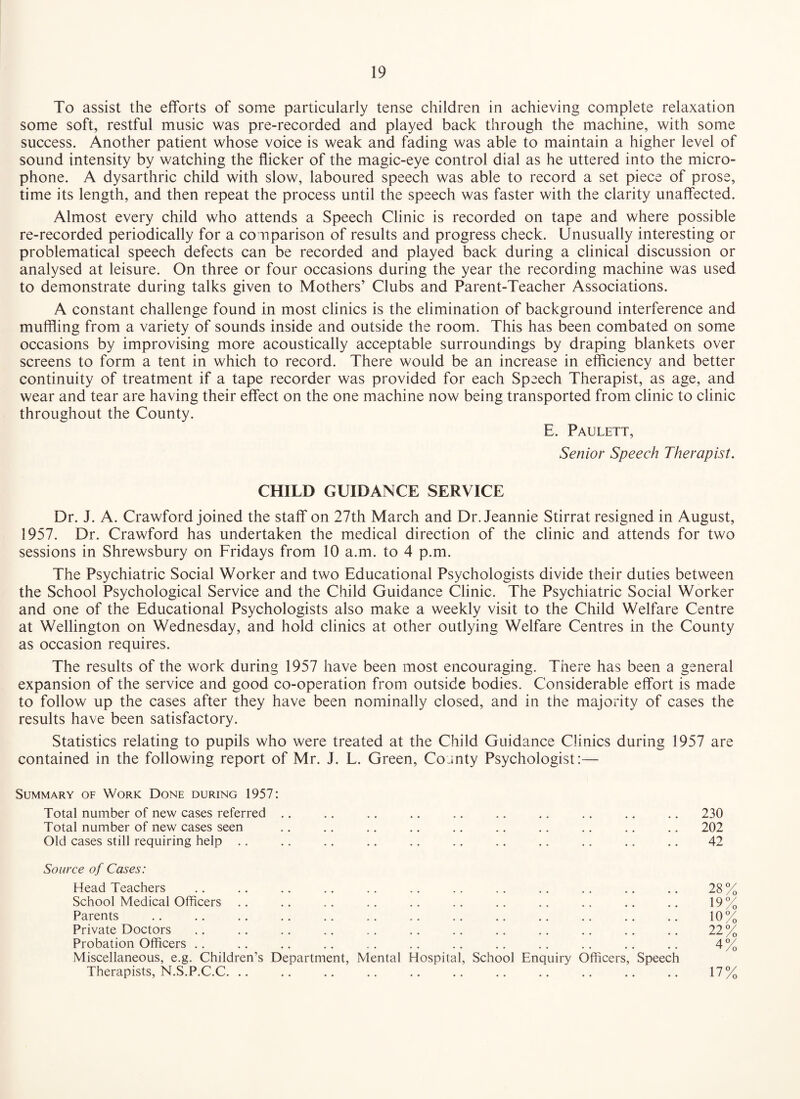 To assist the efforts of some particularly tense children in achieving complete relaxation some soft, restful music was pre-recorded and played back through the machine, with some success. Another patient whose voice is weak and fading was able to maintain a higher level of sound intensity by watching the flicker of the magic-eye control dial as he uttered into the micro¬ phone. A dysarthric child with slow, laboured speech was able to record a set piece of prose, time its length, and then repeat the process until the speech was faster with the clarity unaffected. Almost every child who attends a Speech Clinic is recorded on tape and where possible re-recorded periodically for a co nparison of results and progress check. Unusually interesting or problematical speech defects can be recorded and played back during a clinical discussion or analysed at leisure. On three or four occasions during the year the recording machine was used to demonstrate during talks given to Mothers’ Clubs and Parent-Teacher Associations. A constant challenge found in most clinics is the elimination of background interference and muffling from a variety of sounds inside and outside the room. This has been combated on some occasions by improvising more acoustically acceptable surroundings by draping blankets over screens to form a tent in which to record. There would be an increase in efficiency and better continuity of treatment if a tape recorder was provided for each Speech Therapist, as age, and wear and tear are having their effect on the one machine now being transported from clinic to clinic throughout the County. E. Paulett, Senior Speech Therapist. CHILD GUIDANCE SERVICE Dr. J. A. Crawford joined the staff on 27th March and Dr. Jeannie Stirrat resigned in August, 1957. Dr. Crawford has undertaken the medical direction of the clinic and attends for two sessions in Shrewsbury on Fridays from 10 a.m. to 4 p.m. The Psychiatric Social Worker and two Educational Psychologists divide their duties between the School Psychological Service and the Child Guidance Clinic. The Psychiatric Social Worker and one of the Educational Psychologists also make a weekly visit to the Child Welfare Centre at Wellington on Wednesday, and hold clinics at other outlying Welfare Centres in the County as occasion requires. The results of the work during 1957 have been most encouraging. There has been a general expansion of the service and good co-operation from outside bodies. Considerable effort is made to follow up the cases after they have been nominally closed, and in the majority of cases the results have been satisfactory. Statistics relating to pupils who were treated at the Child Guidance Clinics during 1957 are contained in the following report of Mr. J. L. Green, County Psychologist:— Summary of Work Done during 1957: Total number of new cases referred .. .. 230 Total number of new cases seen .. .. 202 Old cases still requiring help .. .. .. 42 Source of Cases: Head Teachers 28% School Medical Officers .. 19% Parents 10% Private Doctors 22% Probation Officers .. 4% Miscellaneous, e.g. Children’s Department, Mental Hospital, Therapists, N.S.P.C.C. .. School Enquiry Officers, Speech 17%