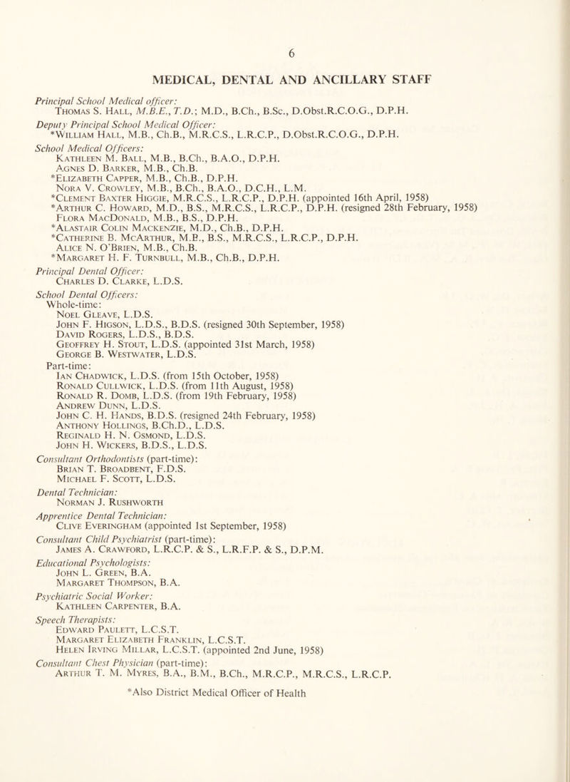 MEDICAL, DENTAL AND ANCILLARY STAFF Principal School Medical officer: Thomas S. Hall, T.D.; M.D., B.Ch., B.Sc., D.Obst.R.C.O.G., D.P.H. Deputy Principal School Medical Officer: *WiLLiAM Hall, M.B., Ch.B., M.R.C.S., L.R.C.P., D.Obst.R.C.O.G., D.P.H. School Medical Officers: Kathleen M. Ball, M.B., B.Ch., B.A.O., D.P.H. Agnes D. Barker, M.B., Ch.B. *Elizabeth Capper, M.B., Ch.B., D.P.H. Nora V. Crowley, M.B., B.Ch., B.A.O., D.C.H., L.M. *Clement Baxter Higgie, M.R.C.S., L.R.C.P., D.P.H. (appointed 16th April, 1958) *A-Rthur C. Howard, M.D., B.S., M.R.C.S., L.R.C.P., D.P.H. (resigned 28th February, 1958) Flora MacDonald, M.B., B.S., D.P.H. *Alastair Colin Mackenzie, M.D., Ch.B., D.P.H. ^Catherine B. McArthur, M.B., B.S., M.R.C.S., F.R.C.P., D.P.H. Alice N. O’Brien, M.B., Ch.B. * Margaret H. F. Turnbull, M.B., Ch.B., D.P.H. Principal Dental Officer: Charles D. Clarke, L.D.S. School Dental Officers: Whole-time: Noel Gleave, F.D.S. John F. Higson, F.D.S., B.D.S. (resigned 30th September, 1958) David Rogers, L.D.S., B.D.S. Geoffrey H. Stout, L.D.S. (appointed 31st March, 1958) George B. Westwater, L.D.S. Part-time: Ian Chadwick, L.D.S. (from 15th October, 1958) Ronald Cullwick, L.D.S. (from 11th August, 1958) Ronald R. Domb, L.D.S. (from 19th February, 1958) Andrew Dunn, L.D.S. John C. H. Hands, B.D.S. (resigned 24th February, 1958) Anthony Hollings, B.Ch.D., L.D.S. Reginald H. N. Osmond, L.D.S. John H. Wickers, B.D.S., L.D.S. Consultant Orthodontists (part-time): Brian T. Broadbent, F.D.S. Michael F. Scott, L.D.S. Dental Technieian: Norman J. Rushworth Apprentice Dental Technician: Clive Fveringham (appointed 1st September, 1958) Consultant Child Psychiatrist (part-time): James A. Crawford, L.R.C.P. & S., L.R.F.P. & S., D.P.M. Educational Psychologists: John L. Green, B.A. Margaret Thompson, B.A. Psychiatric Social Worker: Kathleen Carpenter, B.A. Speech Therapists: Fdward Paulett, L.C.S.T. Margaret Flizabeth Franklin, L.C.S.T. Helen Irving Millar, L.C.S.T. (appointed 2nd June, 1958) Consultant Chest Physician (part-time): Arthur T. M. Myres, B.A., B.M., B.Ch., M.R.C.P., M.R.C.S., L.R.C.P. *Also District Medical Officer of Health