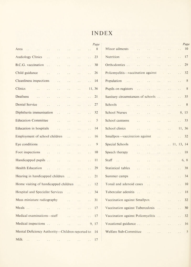 INDEX Page Page Area 8 Minor ailments 10 Audiology Clinics . . 23 Nutrition . . 17 B.C.G. vaccination . . . . 30 Orthodontics . . 29 Child guidance .. 26 Poliomyelitis—vaccination against 32 Cleanliness inspections . . 14 Population . . 8 Clinics 11, 36 Pupils on registers 8 Deafness . . 21 Sanitary circumstances of schools . . 35 Dental Service . . 27 Schools . . 8 Diphtheria immunisation .. 32 School Nurses 8, 15 Education Committee 5 School canteens . . 33 Education in hospitals . . 14 School clinics 11, 36 Employment of school children . . 16 Smallpox—vaccination against . . 32 Eye conditions 9 Special Schools .. 11, 13, 14 Foot inspections . . 10 Speech therapy . . 18 Handicapped pupils . . . . 11 Staff. 6 8 Health Education . . 29 Statistical tables 38 Hearing in handicapped children .. . . 21 Summer camps 34 Home visiting of handicapped children . . 12 Tonsil and adenoid cases . . 10 Hospital and Specialist Services .. 34 Tubercular adenitis . . 18 Mass miniature radiography . . 31 Vaccination against Smallpox . . 32 Meals .. . . 17 Vaccination against Tuberculosis . . 30 Medical examinations—staff . . 17 Vaccination against Poliomyelitis . . 32 Medical inspections .. 9, 17 Vocational guidance . . 16 Mental Deficiency Authority—Children reported to 14 Welfare Sub-Committee 5 Milk 17