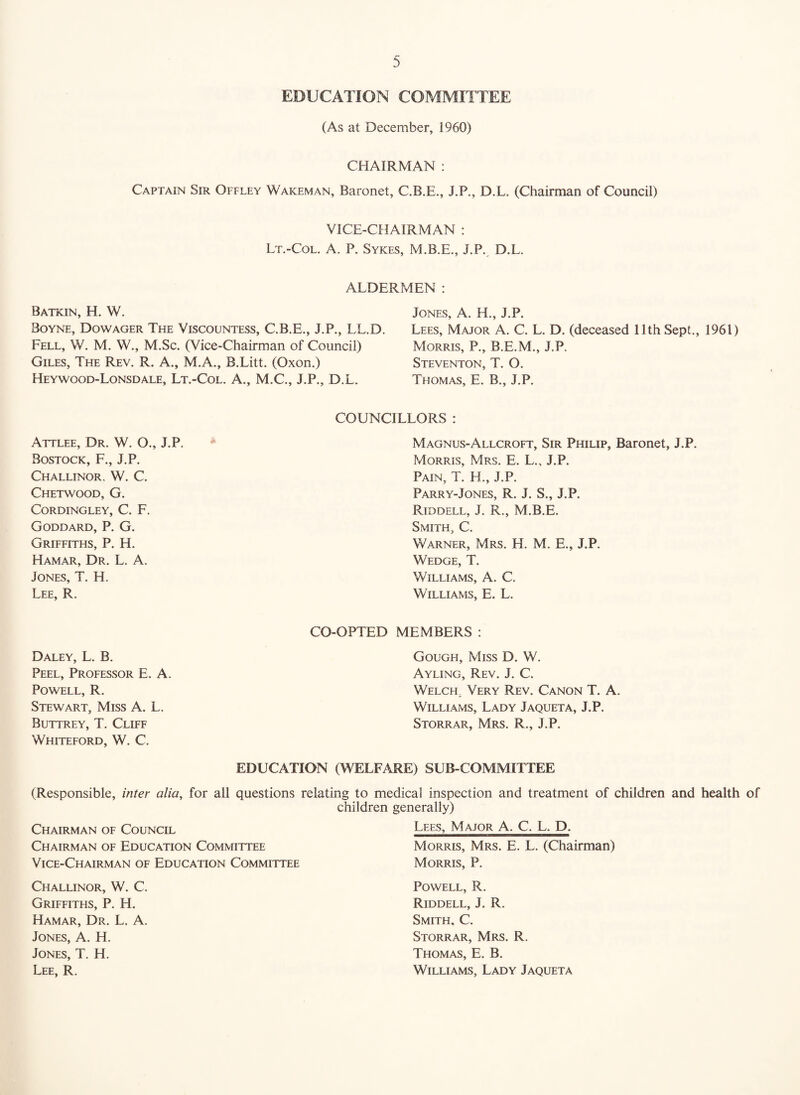 EDUCATION COMMITTEE (As at December, 1960) CHAIRMAN : Captain Sir Offley Wakeman, Baronet, C.B.E., J.P., D.L. (Chairman of Council) VlCE-CflAIRMAN : Lt.-Col. a. P. Sykes, M.B.E., J.P.. D.L. ALDERMEN : Batkin, H. W. Boyne, Dowager The Viscountess, C.B.E., J.P., LL.D. Fell, W. M. W., M.Sc. (Vice-Chairman of Council) Giles, The Rev. R. A., M.A., B.Litt. (Oxon.) Heywood-Lonsdale, Lt.-Col. A., M.C., J.P., D.L. Jones, A. H., J.P. Lees, Major A. C. L. D. (deceased 11th Sept,, 1961) Morris, P., B.E.M., J.P. Steventon, T. O. Thomas, E. B., J.P, COUNCILLORS : Attlee, Dr. W. O., J.P. Bostock, F., J.P. Challinor. W. C. Chetwood, G. CORDINGLEY, C. F. Goddard, P. G. Griffiths, P. H. Hamar, Dr. L. a. Jones, T. H. Lee, R. co- Daley, L. B. Peel, Professor E. A. Powell, R. Stewart, Miss A, L. Buttrey, T. Cliff Whiteford, W. C. Magnus-Allcroft, Sir Philip, Baronet, J.P. Morris, Mrs. E. L., J.P. Pain, T. H., J.P. Parry-Jones, R. J. S., J.P. Riddell, J. R., M.B.E. Smith, C. Warner, Mrs. H. M. E., J.P. Wedge, T. Williams, A. C. Williams, E. L. MEMBERS : Gough, Miss D. W. Ayling, Rev, J. C. Welch, Very Rev. Canon T. A. Williams, Lady Jaqueta, J.P. Storrar, Mrs. R., J.P. EDUCATION (WELFARE) SUB COMMITTEE (Responsible, inter alia, for all questions relating to medical inspection and treatment of children and health of children generally) Chairman of Council Chairman of Education Comnottee Vice-Chairman of Education Committee Lees, Major A. C. L. D. Morris, Mrs. E. L. (Chairman) Morris, P. Challinor, W. C. Griffiths, P. H. Hamar, Dr. L. A. Jones, A. H. Jones, T. H. Lee, R. Powell, R. Riddell, J. R. Smith. C. Storrar, Mrs. R. Thomas, E. B. Williams, Lady Jaqueta