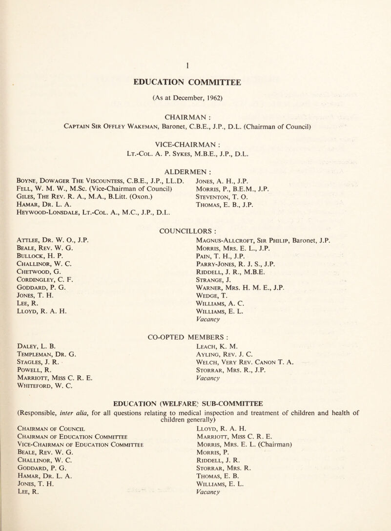 EDUCATION COMMITTEE (As at December, 1962) CHAIRMAN : Captain Sir Offley Wakeman, Baronet, C.B.E., J.P., D.L. (Chairman of Council) VICE-CHAIRMAN : Lt.-Col. A. P. Sykes, M.B.E., J.P., D.L. ALDERMEN : Boyne, Dowager The Viscountess, C.B.E., J.P., LL.D. Fell, W. M. W., M.Sc. (Vice-Chairman of Council) Giles, The Rev. R. A., M.A., B.Litt. (Oxon.) Hamar, Dr. L. A. Heywood-Lonsdale, Lt.-Col. A., M.C., J.P., D.L. Jones, A. H., J.P. Morris, P., B.E.M., J.P. Steventon, T. O. Thomas, E. B., J.P. Attlee, Dr. W. O., J.P. Beale, Rev. W. G. Bullock, H. P. Challinor, W. C. Chetwood, G. CORDINGLEY, C. F. Goddard, P. G. Jones, T. H. Lee, R. Lloyd, R. A. H. Daley, L. B. Templeman, Dr. G. Stagles, J. R. Powell, R. Marriott, Miss C. R. E. Whiteford, W. C. COUNCILLORS : Magnus-Allcroft, Sir Philip, Baronet, J.P. Morris, Mrs. E. L., J.P. Pain, T. H., J.P. Parry-Jones, R. J. S., J.P. Riddell, J. R., M.B.E. Strange, J. Warner, Mrs. H. M. E., J.P. Wedge, T. Williams, A. C. Williams, E. L. Vacancy CO-OPTED MEMBERS : Leach, K. M. Ayling, Rev. J. C. Welch, Very Rev. Canon T. A. Storrar, Mrs. R., J.P. Vacancy EDUCATION (WELFARE) SUB COMMITTEE (Responsible, inter alia, for all questions relating to medical inspection and treatment of children and health of children generally) Chairman of Council Chairman of Education Committee Vice-Chairman of Education Committee Beale, Rev. W. G. Challinor, W. C. Goddard, P. G. Hamar, Dr. L. A. Jones, T. H. Lee, R. Lloyd, R. A. H. Marriott, Miss C. R. E. Morris, Mrs. E. L. (Chairman) Morris, P. Riddell, J. R. Storrar, Mrs. R. Thomas, E. B. Williams, E. L. Vacancy